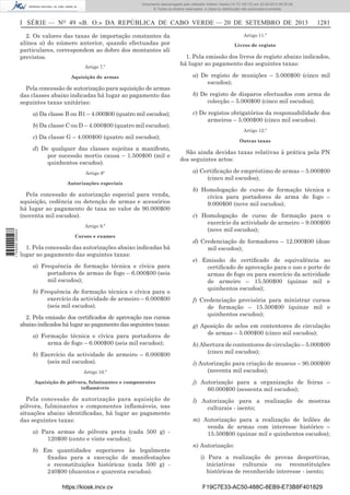 Documento descarregado pelo utilizador Adilson Varela (10.73.102.72) em 23-09-2013 09:30:08.
© Todos os direitos reservados. A cópia ou distribuição não autorizada é proibida.

I SÉRIE — NO 49 «B. O.» DA REPÚBLICA DE CABO VERDE — 20 DE SETEMBRO DE 2013
2. Os valores das taxas de importação constantes da
alínea a) do número anterior, quando efectuadas por
particulares, correspondem ao dobro dos montantes ali
previstos.
Artigo 7.º
Aquisição de armas

Pela concessão de autorização para aquisição de armas
das classes abaixo indicadas há lugar ao pagamento das
seguintes taxas unitárias:
a) Da classe B ou B1 – 4.000$00 (quatro mil escudos);
b) Da classe C ou D – 4.000$00 (quatro mil escudos);

Artigo 11.º
Livros de registo

1. Pela emissão dos livros de registo abaixo indicados,
há lugar ao pagamento das seguintes taxas:
a) De registo de munições – 5.000$00 (cinco mil
escudos);
b) De registo de disparos efectuados com arma de
colecção – 5.000$00 (cinco mil escudos);
c) De registos obrigatórios da responsabilidade dos
armeiros – 5.000$00 (cinco mil escudos).
Artigo 12.º

c) Da classe G – 4.000$00 (quatro mil escudos);
d) De qualquer das classes sujeitas a manifesto,
por sucessão mortis causa – 1.500$00 (mil e
quinhentos escudos).
Artigo 8º
Autorizações especiais

Pela concessão de autorização especial para venda,
aquisição, cedência ou detenção de armas e acessórios
há lugar ao pagamento de taxa no valor de 90.000$00
(noventa mil escudos).
1 745000 005433

Artigo 9.º
Cursos e exames

1. Pela concessão das autorizações abaixo indicadas há
lugar ao pagamento das seguintes taxas:
a) Frequência de formação técnica e cívica para
portadores de armas de fogo – 6.000$00 (seis
mil escudos);
b) Frequência de formação técnica e cívica para o
exercício da actividade de armeiro – 6.000$00
(seis mil escudos).
2. Pela emissão dos certiﬁcados de aprovação nos cursos
abaixo indicados há lugar ao pagamento das seguintes taxas:
a) Formação técnica e cívica para portadores de
arma de fogo – 6.000$00 (seis mil escudos);
b) Exercício da actividade de armeiro – 6.000$00
(seis mil escudos).

1281

Outras taxas

São ainda devidas taxas relativas à prática pela PN
dos seguintes actos:
a) Certiﬁcação de empréstimo de armas – 5.000$00
(cinco mil escudos);
b) Homologação de curso de formação técnica e
cívica para portadores de arma de fogo –
9.000$00 (nove mil escudos);
c) Homologação de curso de formação para o
exercício da actividade de armeiro – 9.000$00
(nove mil escudos);
d) Credenciação de formadores – 12.000$00 (doze
mil escudos);
e) Emissão do certiﬁcado de equivalência ao
certiﬁcado de aprovação para o uso e porte de
armas de fogo ou para exercício da actividade
de armeiro – 15.500$00 (quinze mil e
quinhentos escudos);
f) Credenciação provisória para ministrar cursos
de formação – 15.500$00 (quinze mil e
quinhentos escudos);
g) Aposição de selos em contentores de circulação
de armas – 5.000$00 (cinco mil escudos);
h) Abertura de contentores de circulação – 5.000$00
(cinco mil escudos);

Artigo 10.º

i) Autorização para criação de museus – 90.000$00
(noventa mil escudos);

Aquisição de pólvora, fulminantes e componentes
inﬂamáveis

j) Autorização para a organização de feiras –
60.000$00 (sessenta mil escudos);

Pela concessão de autorização para aquisição de
pólvora, fulminantes e componentes inﬂamáveis, nas
situações abaixo identiﬁcadas, há lugar ao pagamento
das seguintes taxas:

l) Autorização para a realização de mostras
culturais - isento;

a) Para armas de pólvora preta (cada 500 g) 120$00 (cento e vinte escudos);
b) Em quantidades superiores às legalmente
ﬁxadas para a execução de manifestações
e reconstituições históricas (cada 500 g) 240$00 (duzentos e quarenta escudos).
https://kiosk.incv.cv

m) Autorização para a realização de leilões de
venda de armas com interesse histórico –
15.500$00 (quinze mil e quinhentos escudos);
n) Autorização:
i) Para a realização de provas desportivas,
iniciativas culturais ou reconstituições
históricas de reconhecido interesse - isento;
F19C7E33-AC50-488C-8EB9-E73B8F401829

 