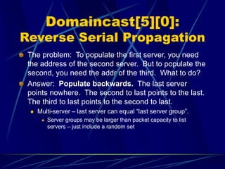 Domaincast[5][0]:
Reverse Serial Propagation
The problem: To populate the first server, you need
the address of the second...