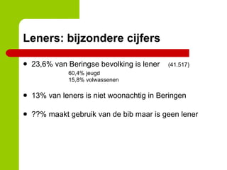 Leners: bijzondere cijfers 23,6% van Beringse bevolking is lener  (41.517) 60,4% jeugd 15,8% volwassenen 13% van leners is niet woonachtig in Beringen ??% maakt gebruik van de bib maar is geen lener 