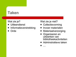 Taken Wat zie je? Uitleendienst Informatieverstrekking Orde  Wat zie je niet? Collectievorming Invoer materialen Materiaalverzorging Organiseren en uitwerken van bibliotheekactiviteiten Adminstratieve taken … 