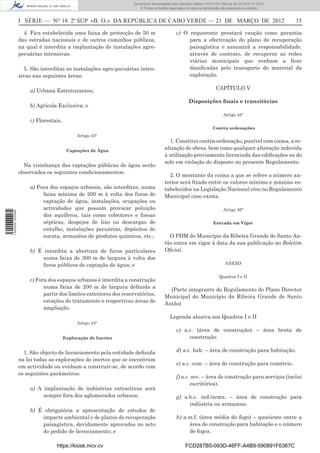 Documento descarregado pelo utilizador Adilson (10.73.103.139) em 22-03-2012 17:18:03.
                                                                     © Todos os direitos reservados. A cópia ou distribuição não autorizada é proibida.



                  I SÉRIE — NO 18 2º SUP «B. O.» DA REPÚBLICA DE CABO VERDE — 21 DE MARÇO DE 2012                                                          15

                    4. Fica estabelecida uma faixa de protecção de 50 m                      c) O requerente prestará caução como garantia
                  das estradas nacionais e de outros caminhos públicos,                           para a efectivação do plano de recuperação
                  na qual é interdita a implantação de instalações agro-                          paisagística e assumirá a responsabilidade,
                  pecuárias intensivas.                                                           através de contrato, de recuperar as redes
                                                                                                  viárias municipais que venham a ﬁcar
                    5. São interditas as instalações agro-pecuárias inten-                        daniﬁcadas pelo transporte do material da
                  sivas nas seguintes áreas:                                                      exploração.

                      a) Urbana Estruturantes;                                                                          CAPÍTULO V

                                                                                                      Disposições ﬁnais e transitórias
                      b) Agrícola Exclusiva; e
                                                                                                                            Artigo 45º
                      c) Florestais.
                                                                                                                     Contra ordenações
                                             Artigo 43º
                                                                                        1. Constitui contra-ordenação, punível com coima, a re-
                                        Captações de Água
                                                                                      alização de obras, bem como qualquer alteração indevida
                                                                                      à utilização previamente licenciada das ediﬁcações ou do
                                                                                      solo em violação do disposto no presente Regulamento.
                    Na vizinhança das captações públicas de água serão
                  observados os seguintes condicionamentos:
                                                                                        2. O montante da coima a que se refere o número an-
                                                                                      terior será ﬁxado entre os valores mínimo e máximo es-
                      a) Fora dos espaços urbanos, são interditas, numa               tabelecidos na Legislação Nacional e/ou no Regulamento
                           faixa mínima de 200 m à volta dos furos de                 Municipal caso exista.
                           captação de água, instalações, ocupações ou
                           actividades que possam provocar poluição                                                         Artigo 46º
1 502000 002089




                           dos aquíferos, tais como colectores e fossas
                           sépticas, despejos de lixo ou descargas de                                                 Entrada em Vigor
                           entulho, instalações pecuárias, depósitos de
                           sucata, armazéns de produtos químicos, etc.;                 O PDM do Município da Ribeira Grande de Santo An-
                                                                                      tão entra em vigor à data da sua publicação no Boletim
                      b) É interdita a abertura de furos particulares                 Oﬁcial.
                           numa faixa de 300 m de largura à volta dos
                           furos públicos de captação de água; e                                                              ANEXO


                                                                                                                          Quadros I e II
                      c) Fora dos espaços urbanos é interdita a construção
                            numa faixa de 200 m de largura deﬁnida a
                                                                                        (Parte integrante do Regulamento do Plano Director
                            partir dos limites exteriores dos reservatórios,
                                                                                      Municipal do Município da Ribeira Grande de Santo
                            estações de tratamento e respectivas áreas de
                                                                                      Antão)
                            ampliação.
                                                                                         Legenda alusiva aos Quadros I e II
                                             Artigo 44º
                                                                                             c) a.c. (área de construção) – área bruta de
                                       Exploração de Inertes                                      construção

                    1. São objecto de licenciamento pela entidade deﬁnida                    d) a.c. hab. – área de construção para habitação.
                  na lei todas as explorações de inertes que se encontram
                                                                                             e) a.c. com. – área de construção para comércio.
                  em actividade ou venham a construir-se, de acordo com
                  os seguintes parâmetros:
                                                                                             f) a.c. sev. – área de construção para serviços (inclui
                                                                                                    escritórios).
                      a) A implantação de indústrias extractivas será
                           sempre fora dos aglomerados urbanos;                              g) a.b.c. ind./armz. – área de construção para
                                                                                                  indústria ou armazens.
                      b) É obrigatória a apresentação de estudos de
                          impacte ambiental e de planos de recuperação                       h) a.m.f. (área média do fogo) – quociente entre a
                          paisagística, devidamente aprovados no acto                             área de construção para habitação e o número
                          do pedido de licenciamento; e                                           de fogos.

                                 https://kiosk.incv.cv                                             FCD287B5-093D-46FF-A4B9-590891F6367C
 