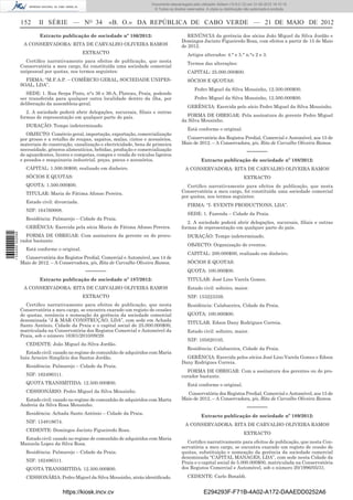 Documento descarregado pelo utilizador Adilson (10.8.0.12) em 31-05-2012 16:10:15.
                                                                                © Todos os direitos reservados. A cópia ou distribuição não autorizada é proibida.


                  152     II SÉRIE — NO 34                 «B. O.» DA REPÚBLICA DE CABO VERDE — 21 DE MAIO DE 2012
                           Extracto publicação de sociedade nº 186/2012:                            RENÚNCIA da gerência dos sócios João Miguel da Silva Jordão e
                                                                                                 Domingos Jacinto Figueiredo Rosa, com efeitos a partir de 15 de Maio
                   A CONSERVADORA: RITA DE CARVALHO OLIVEIRA RAMOS                               de 2012.
                                                EXTRACTO                                            Artigos alterados: 4.° e 5.° n.°s 2 e 3.
                    Certiﬁco narrativamente para efeitos de publicação, que nesta
                                                                                                    Termos das alterações:
                  Conservatória a meu cargo, foi constituída uma sociedade comercial
                  unipessoal por quotas, nos termos seguintes:                                      CAPITAL: 25.000.000$00.
                    FIRMA: “M.F.A.P. – COMÉRCIO GERAL, SOCIEDADE UNIPES-                            SÓCIOS E QUOTAS:
                  SOAL, LDA”.
                                                                                                         Pedro Miguel da Silva Mousinho, 12.500.000$00.
                     SEDE: 1. Rua Serpa Pinto, n°s 36 e 36-A, Plateau, Praia, podendo
                  ser transferida para qualquer outra localidade dentro da ilha, por                     Pedro Miguel da Silva Mousinho, 12.500.000$00.
                  deliberação da assembleia-geral.
                                                                                                    GERÊNCIA: Exercida pelo sócio Pedro Miguel da Silva Mousinho.
                     2. A sociedade poderá abrir delegações, sucursais, ﬁliais e outras
                  formas de representação em qualquer parte do país.                               FORMA DE OBRIGAR: Pela assinatura do gerente Pedro Miguel
                                                                                                 da Silva Mousinho.
                    DURAÇÃO: Tempo indeterminado.
                                                                                                    Está conforme o original.
                     OBJECTO: Comércio geral, importação, exportação, comercialização
                  por grosso e a retalho de roupas, sapatos, malas, cintos e acessórios,           Conservatória dos Registos Predial, Comercial e Automóvel, aos 15 de
                  materiais de construção, canalização e electricidade, bens de primeira         Maio de 2012. – A Conservadora, p/s, Rita de Carvalho Oliveira Ramos.
                  necessidade, géneros alimentícios, bebidas, produção e comercialização                                                 –––––––
                  de aguardentes, licores e compotas, compra e venda de veículos ligeiros
                  e pesados e maquinaria industrial, peças, pneus e acessórios.                              Extracto publicação de sociedade nº 188/2012:
                    CAPITAL: 1.500.00$00, realizado em dinheiro.                                   A CONSERVADORA: RITA DE CARVALHO OLIVEIRA RAMOS
                    SÓCIOS E QUOTAS:                                                                                                   EXTRACTO
                    QUOTA: 1.500.000$00.                                                           Certiﬁco narrativamente para efeitos de publicação, que nesta
                    TITULAR: Maria de Fátima Afonso Pereira.                                     Conservatória a meu cargo, foi constituída uma sociedade comercial
                                                                                                 por quotas, nos termos seguintes:
                    Estado civil: divorciada.
                                                                                                    FIRMA: “I- EVENTS PRODUCTIONS, LDA”.
                    NIF: 164760008.
                                                                                                    SEDE: 1. Fazenda – Cidade da Praia.
                    Residência: Palmarejo – Cidade da Praia.
                                                                                                    2. A sociedade poderá abrir delegações, sucursais, ﬁliais e outras
                    GERÊNCIA: Exercida pela sócia Maria de Fátima Afonso Pereira.                formas de representação em qualquer parte do país.
1 534000 002089




                    FORMA DE OBRIGAR: Com assinatura da gerente ou do procu-                        DURAÇÃO: Tempo indeterminado.
                  rador bastante.
                                                                                                    OBJECTO: Organização de eventos.
                    Está conforme o original.
                                                                                                    CAPITAL: 200.000$00, realizado em dinheiro.
                    Conservatória dos Registos Predial, Comercial e Automóvel, aos 14 de
                  Maio de 2012. – A Conservadora, p/s, Rita de Carvalho Oliveira Ramos.             SÓCIOS E QUOTAS:
                                                –––––––                                             QUOTA: 100.000$00.
                           Extracto publicação de sociedade nº 187/2012:                            TITULAR: José Lino Varela Gomes.
                   A CONSERVADORA: RITA DE CARVALHO OLIVEIRA RAMOS                                  Estado civil: solteiro, maior.
                                                EXTRACTO                                            NIF: 153223359.
                    Certiﬁco narrativamente para efeitos de publicação, que nesta                   Residência: Calabaceira, Cidade da Praia.
                  Conservatória a meu cargo, se encontra exarado um registo de cessões
                  de quotas, renúncia e nomeação da gerência da sociedade comercial                 QUOTA: 100.000$00.
                  denominada “J & MAR CONSTRUÇÃO, LDA”, com sede em Achada
                                                                                                    TITULAR: Edson Dany Rodrigues Correia.
                  Santo António, Cidade da Praia e o capital social de 25.000.000$00,
                  matriculada na Conservatória dos Registos Comercial e Automóvel da                Estado civil: solteiro, maior.
                  Praia, sob o número 16301/2010/09/29.
                                                                                                    NIF: 105820105.
                    CEDENTE: João Miguel da Silva Jordão.
                                                                                                    Residência: Calabaceira, Cidade da Praia.
                    Estado civil: casado no regime de comunhão de adquiridos com Maria
                  Inês Arneiro Simplício dos Santos Jordão.                                        GERÊNCIA: Exercida pelos sócios José Lino Varela Gomes e Edson
                                                                                                 Dany Rodrigues Correia.
                    Residência: Palmarejo – Cidade da Praia.
                                                                                                   FORMA DE OBRIGAR: Com a assinatura dos gerentes ou do pro-
                    NIF: 162496311.                                                              curador bastante.
                    QUOTA TRANSMITIDA: 12.500.000$00.                                               Está conforme o original.
                    CESSIONÁRIO: Pedro Miguel da Silva Mousinho.                                   Conservatória dos Registos Predial, Comercial e Automóvel, aos 15 de
                    Estado civil: casado no regime de comunhão de adquiridos com Marta           Maio de 2012. – A Conservadora, p/s, Rita de Carvalho Oliveira Ramos.
                  Andreia da Silva Rosa Mousinho.
                                                                                                                                         –––––––
                    Residência: Achada Santo António – Cidade da Praia.
                                                                                                             Extracto publicação de sociedade nº 189/2012:
                    NIF: 154818674.
                                                                                                   A CONSERVADORA: RITA DE CARVALHO OLIVEIRA RAMOS
                    CEDENTE: Domingos Jacinto Figueiredo Rosa.
                                                                                                                                       EXTRACTO
                    Estado civil: casado no regime de comunhão de adquiridos com Maria
                  Manuela Lopes da Silva Rosa.                                                      Certiﬁco narrativamente para efeitos de publicação, que nesta Con-
                                                                                                 servatória a meu cargo, se encontra exarado um registo de cessão de
                    Residência: Palmarejo – Cidade da Praia.                                     quotas, substituição e nomeação da gerência da sociedade comercial
                                                                                                 denominada “CAPITAL MANAGES, LDA”, com sede nesta Cidade da
                    NIF: 162496311.                                                              Praia e o capital social de 5.000.000$00, matriculada na Conservatória
                    QUOTA TRANSMITIDA: 12.500.000$00.                                            dos Registos Comercial e Automóvel, sob o número 20/1996/05/31.

                    CESSIONÁRIA: Pedro Miguel da Silva Mousinho, atrás identiﬁcado.                 CEDENTE: Carlo Bonaldi.


                                      https://kiosk.incv.cv                                                   E294293F-F71B-4A02-A172-DAAEDD0252A6
 