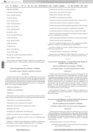 Documento descarregado pelo utilizador Adilson Varela (10.73.103.139) em 24-06-2013 09:31:40.
© Todos os direitos reservados. A cópia ou distribuição não autorizada é proibida.

172

II SÉRIE — NO 35 «B. O.» DA REPÚBLICA DE CABO VERDE — 21 DE JUNHO DE 2013

ÓRGÃOS SOCIAIS:

Fabricação de elementos estrutura metálicos.

Conselho de administração:

Tratamento e revestimento de metais.

Nome: Arlindo Sanches.

Fabricação de mobiliário de madeira.

Cargo: Presidente.

Actividades de acabamento de edifícios.

Nome: Angela Silva.

Comércio por grosso de produtos agrícolas bruto e animais vivos.
Comércio por grosso de têxteis vestuários e calçados.

Cargo: Administradora.

Comércio por grosso de electrodomésticos aparelhos de rádio e televisão.

Nome: José Loureiro.

Comércio por grosso de máquinas e equipamentos agrícolas.

Cargo: Administrador.

Comércio por grosso de madeiras em bruto e produto derivados.

Assembleia geral:
Nome: Fernanda Frederico.

Comércio por grosso de materiais de construção (excepto madeira e
cimento) e equipamentos sanitários.

Cargo: Presidente.

Comércio por grosso de ferragens ferramentas e artigos de canalização.

Nome: Eneida Ganeto.

Comércio por grosso não especializado.
Comércio a retalho de ferragens tintas, vidro, equipamento sanitário,
ladrilhos e similares em estabelecimentos especializados.

Cargo: Secretária.
Conselho ﬁscal:

Comércio a retalho de vestuário, calçado, artigos de couro em estabelecimento especializado.

Nome: Luísa Martins.

A sociedade dedica-se a importação e exportação.

Cargo: Fiscal único.
Duração do mandato: Quadriénio 2013/2017.

1 711000 005433

Está conforme o original.
Conservatória dos Registos Predial, Comercial e Automóvel, aos
14 de Junho de 2013. – A Conservadora, Denísia Almeida da Graça.

Conservatória dos Registos Predial, Comercial e Automóvel, aos
19 de Junho de 2013. – A Conservadora, Denísia Almeida da Graça.

––––––
Conservatória dos Registos e Cartório Notarial da Região de
Segunda Classe da Boa Vista

––––––

Extracto publicação de associação nº 254/2013

Extracto publicação de sociedade nº 253/2013:

A CONSERVADORA: JACILENE ROMI FORTES LOPES

A CONSERVADORA: DENÍSIA ALMEIDA DA GRAÇA

EXTRACTO

EXTRACTO

Certiﬁco, para efeitos de publicação, nos termos do disposto na alínea b) do n° 1 do artigo 9° da Lei n° 25/VI/2003 de 21 de Julho, que foi
constituída uma associação, sem ﬁns lucrativos denominada “A.A.B.V.
- ASSOCIAÇÃO DE BOXE DA BOA VISTA”, com sede no Polivalente
Djidjung, Cidade Sal Rei, Ilha da Boa Sal Rei NIF 566975203, de
duração indeterminada, com o património inicial de 5.000$00, (cinco
mil escudos), cujo seu objecto social é promover, dirigir e orientar a
prática e o ensino de boxe, exercendo os poderes regulamentares e
disciplinares, nos termos deﬁnidos nos estatutos, nos regulamentos a
ele complementares e na lei aplicável.

Certiﬁco narrativamente para efeitos de publicação, que nesta Conservatória a meu cargo, se encontra exarado um registo de alteração
do objecto da sociedade comercial denominada “ECOPLUS, LDA”, com
sede em Palmarejo, cidade da Praia e o capital social de 5.000.00O$00,
matriculada na Conservatória dos Registos Comercial e Automóvel da
Praia, sob o número 21482/2012/06/18.
ARTIGO ALTERADO: 4.°.
TERMOS DA ALTERAÇÃO:
OBJECTO:
Fabricação de motores, geradores e transformadores eléctricos e fabricação de material de distribuição e de controlo para instalações eléctricas.
Fabricação de outro equipamento eléctrico.
Fabricação de outras máquinas de uso geral.
Reparação e manutenção de equipamento eléctrico.
Instalações eléctricas.
Instalações de canalizações e de climatização.
Comércio por grosso de outras máquinas e equipamentos, n.e.
Outro comércio a retalho de produtos novos em estabelecimentos
especializados.
Comércio a retalho de electrodomésticos, mobiliário, equipamento
de iluminação e outros artigos e equipamento para uso doméstico.
Fabricação de obras de carpintaria para a construção.

https://kiosk.incv.cv

Conservatória dos Registos e Cartório Notarial da Região de 2ª
Classe da Boa Vista, aos 8 de Abril de 2013. – A Conservadora, Jacilene
Romi Fortes Lopes.

––––––
Conservatória dos Registos e Cartório Notarial da Região de
Segunda Classe de Santa Catarina
Extracto publicação de sociedade nº 255/2013:
A NOTÁRIA: MARIA IVETE SANTOS DA SILVA MARQUES
EXTRACTO
Certiﬁco narrativamente para efeitos de publicação que na Conservatória dos Registos e Cartório Notarial, a meu cargo, foi matriculada
a “ASSOCIAÇÃO DE VENDEDEIRAS DE MERCADOS DE CIDADE
DE ASSOMADA” designada abreviadamente por “AVMCA”, com sede
em Assomada, freguesia e concelho de Santa Catarina, de duração
indeterminada.
A Associação persegue os seguintes objectivos:
a) Contribuir para melhoria e desenvolvimento sócio-económico
dos vendedores associados;

1676C7AD-60DB-480D-957A-2C01DF0BE1A7

 