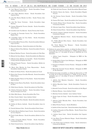 974 II SÉRIE — NO
37 «B. O.» DA REPÚBLICA DE CABO VERDE — 21 DE JULHO DE 2014
61. José Manuel Lopes Barros - Escola Secundária Conego
Jacinto Peregrino da Costa
62. José Pedro Monteiro Santos - Escola Secundária José
Augusto Pinto
63. José Rui Barros Mendes da Silva - Escola Técnica João
Varela
64. José Rui Sousa Veríssimo - Escola Secundária Jorge
Barbosa
65. Josiana Margarida Tavares Almeida - Escola Secundária
Abilio Duarte
66. Leonidas Leite Vaz Moreira - Escola Técnica João Varela
67. Leonilde da Conceição Correia Vaz - Escola Secundária
Regina Silva
68. Leopoldino Pedro da Cruz Rocha - Escola Secundaria
Antonio Silva Pinto
69. Lucialina Maria Tavares Silva - Escola Secundária Baltazar
Lopes da Silva
70. Mamadou Diawara - Escola Secundaria de Chão Bom
71. Manuel Alberto Pires Barbosa - Escola Secundária Teixeira
de Sousa
72. Manuel Barbosa Vicente - Escola Secundaria de Chão Bom
73. Manuel de Jesus Ramos - Escola Secundária dos Mosteiros
74. Manuel Jesus Martins de Carvalho - Escola Secundária
Conego Jacinto Peregrino da Costa
75. Manuel Semedo Tavares - Escola Secundária Alfredo da
Cruz Silva
76. Maria Alice Martins da Costa Mascarenhas - Escola
Secundária Amílcar Cabral
77. Maria de Fátima Fortes - Escola Secundária do Coculi
78. Maria João Tanissa Carvalho Miranda - Escola Secundária
Pedro Gomes
79. Mário Euclides Barros de Pina Rocha - Escola Secundária
Amor de Deus
80. Mário Lenine Barros Pina Rocha - Escola Secundária Amor
de Deus
81. Nilda Soares Sanches - Escola Secundaria de Chão Bom
82. Octávio Fortunato Sanches - Escola Secundária Conego
Jacinto Peregrino da Costa
83. Odete Melo Ramos - Escola Secundária Boa Vista
84. Olavo Varela Cabral - Liceu Amilcar Cabral
85. Olivío Américo Pires Almeida - Escola Secundária Januário
Leite
86. Ondina de Barros Andrade - Escola Secundária Amor de
Deus
87. Patrick Salomon Gaba - Escola Secundária Pedro Gomes
88. Paulino Renato Barbosa Lopes Correia - Escola Secundaria
de Cova Figueira
89. Paulo Coelho Moreira - Escola Secundária Alfredo da Cruz
Silva
90. Pedro Cisenando Ribeiro Furtado - Escola Secundária
Constantino Semedo
91. Pedro Coronel da Luz - Escola Secundária Jorge Barbosa
92. Pedro da Costa Tavares - Escola Secundária Manuel Lopes
93. Raulino Soares dos Santos - Escola Secundária Olegado
Tavares
94. Sai Serrano Garcia Semedo - Escola Secundária Pedro
Gomes
95. Samira Flôr Lopes - Escola Secundária José Augusto Pinto
96. Sandra Helena Freire Furtado Dias - Escola Secundária
Constantino Semedo
97. Silvestre Lopes Pires - Escola Secundária Jorge Barbosa
98. Sónia Cristina Fortes - Escola Secundária Jorge Barbosa
99. Sorraia Augusta Andrade Gonçalves - Escola Secundária
Constantino Semedo
100. Valdemiro Monteiro Fortes - Escola Secundária Jorge
Barbosa
101. Valder Manuel Silva Santos - Escola Secundária José
Augusto Pinto
102. Victor Manuel Vaz Marques - Escola Secundária
Constantino Semedo
II. Professor do ensino básico superior, ao abrigo da alínea d) do n.º1
II do artigo 39º do Decreto-Legislativo n.º 2/2004, de 29 de Março,
conjugado com o nº 1 do artigo 10º da Lei nº 102/IV/93, de 31 de
Dezembro.
1. Adilson Lopes Gonçalves - Delegação do MED de São
Domingos
2. Arlinda Maria Santos Leite Rodrigues - Delegação do MED
de Ribeira Grande
3. Francisco do Rosário Correia Firmino - Delegação do MED
do Maio
4. Maria Da Conceição Tavares Mendes - Delegação do MED
de São Domingos
III. Professor do ensino secundário, ao abrigo da alínea d) do n.º1 III
do artigo 39º do Decreto-Legislativo n.º 2/2004, de 29 de Março,
conjugado com o nº 1 do artigo 10º da Lei nº 102/IV/93, de 31 de
Dezembro.
1. Adérito José Monteiro Gonçalves - Escola Secundária
Manuel Lopes
2. Adérito Marcelino Lopes - Escola Secundária Teixeira de
Sousa
3. Adozindo Correia Furtado - Escola Secundária de São Miguel
4. Albachar Moussa - Liceu Amilcar Cabral
5. Albertina Correia Andrade - Liceu Amilcar Cabral
6. Alcides Lopes da Graça - Escola Secundária José Augusto
Pinto
7. Aldevina Isabel Miranda Brito - Escola Secundária José
Augusto Pinto
8. Aldino Pereira Tavares - Escola Miraﬂores
9. Amélia de Deus Lima Leite - Escola Secundária Jorge Barbosa
10. Amílcar Alexandre de Pina Mendes - Escola Técnica Gran
Duque Henri
11. Amílcar Sousa Lima - Escola Secundária José Augusto
Pinto
12. Ana Maria Tavares Monteiro Borges - Escola Sedundária
Cónego Jacinto
13. Ana Paula Lima do Rosário Araújo - Escola Industrial e
Comercial do Mindelo
https://kiosk.incv.cv DBA431AF-BFD7-436A-BF52-184BBC66DC46
Documento descarregado pelo utilizador Neusa Sofia (10.73.102.167) em 21-07-2014 11:52:26.
© Todos os direitos reservados. A cópia ou distribuição não autorizada é proibida.
1875000007219
 
