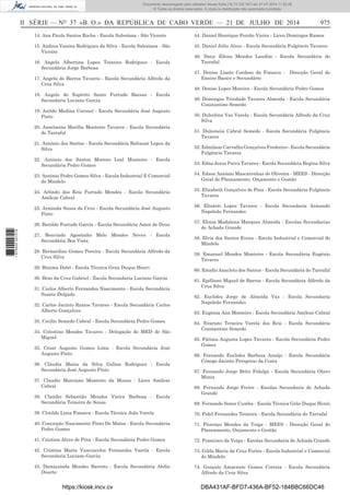 II SÉRIE — NO
37 «B. O.» DA REPÚBLICA DE CABO VERDE — 21 DE JULHO DE 2014 975
14. Ana Paula Santos Rocha - Escola Salesiana - São Vicente
15. Andrea Vanina Rodrigues da Silva - Escola Salesiana - São
Vicente
16. Angela Albertina Lopes Teixeira Rodrigues - Escola
Secundária Jorge Barbosa
17. Angela de Barros Tavares - Escola Secundária Alfredo da
Cruz Silva
18. Angelo do Espírito Santo Furtado Baessa - Escola
Secundaria Luciano Garcia
19. Anildo Medina Coronel - Escola Secundária José Augusto
Pinto
20. Anselmina Marília Monteiro Tavares - Escola Secundária
do Tarrafal
21. António dos Santos - Escola Secundária Baltazar Lopes da
Silva
22. António dos Santos Moreno Leal Monteiro - Escola
Secundária Pedro Gomes
23. António Pedro Gomes Silva - Escola Industrial E Comercial
do Mindelo
24. Arlindo dos Reis Furtado Mendes - Escola Secundária
Amílcar Cabral
25. Arminda Sousa da Cruz - Escola Secundária José Augusto
Pinto
26. Benilde Furtado Garcia - Escola Secundária Amor de Deus
27. Benvindo Agostinho Melo Mendes Neves - Escola
Secundária Boa Vista
28. Bernardino Gomes Pereira - Escola Secundária Alfredo da
Cruz Silva
29. Braima Dabó - Escola Técnica Gran Duque Henri
30. Braz da Cruz Gabriel - Escola Secundaria Luciano Garcia
31. Carlos Alberto Fernandes Nascimento - Escola Secundária
Suzete Delgado
32. Carlos Jacinto Ramos Tavares - Escola Secundária Carlos
Alberto Gonçalves
33. Cecilio Semedo Cabral - Escola Secundária Pedro Gomes
34. Celestino Mendes Tavares - Delegação do MED de São
Miguel
35. César Augusto Gomes Lima - Escola Secundária José
Augusto Pinto
36. Cláudia Maísa da Silva Galina Rodrigues - Escola
Secundária José Augusto Pinto
37. Claudio Marciano Monteiro da Moura - Liceu Amilcar
Cabral
38. Claúdio Sebastião Mendes Vieira Barbosa - Escola
Secundária Teixeira de Sousa
39. Clotilde Lima Fonseca - Escola Técnica João Varela
40. Conceição Nascimento Pinto De Matos - Escola Secundária
Pedro Gomes
41. Cristina Alves de Pina - Escola Secundária Pedro Gomes
42. Cristina Maria Vasconcelos Fernandes Varela - Escola
Secundaria Luciano Garcia
43. Damiazinda Mendes Barreto - Escola Secundária Abilio
Duarte
44. Daniel Henrique Ferrão Vieira - Liceu Domingos Ramos
45. Daniel Júlio Alves - Escola Secundária Fulgêncio Tavares
46. Dany Zilena Mendes Landim - Escola Secundária do
Tarrafal
47. Denise Lisete Cardoso da Fonseca - Direcção Geral do
Ensino Basico e Secundário
48. Denise Lopes Moreira - Escola Secundária Pedro Gomes
49. Domingas Trindade Tavares Almeida - Escola Secundária
Constantino Semedo
50. Dulcelina Vaz Varela - Escola Secundária Alfredo da Cruz
Silva
51. Dulceneia Cabral Semedo - Escola Secundária Fulgêncio
Tavares
52. Edmilson Carvalho Gonçalves Frederico - Escola Secundária
Fulgêncio Tavares
53. Edna Jesus Paiva Tavares - Escola Secundária Regina Silva
54. Edson António Mascarenhas de Oliveira - MEES - Direcção
Geral do Planeamento, Orçamento e Gestão
55. Elizabeth Gonçalves de Pina - Escola Secundária Fulgêncio
Tavares
56. Elizário Lopes Tavares - Escola Secundaria Armando
Napoleão Fernandes
57. Eloisa Madalena Marques Almeida - Escolas Secundarias
de Achada Grande
58. Elvia dos Santos Evora - Escola Industrial e Comercial do
Mindelo
59. Emanuel Mendes Monteiro - Escola Secundária Eugénio
Tavares
60. Emidio Anacleto dos Santos - Escola Secundária do Tarrafal
61. Epifâneo Miguel de Barros - Escola Secundária Alfredo da
Cruz Silva
62. Euclides Jorge de Almeida Vaz - Escola Secundaria
Napoleão Fernandes
63. Eugénia Ana Monteiro - Escola Secundária Amílcar Cabral
64. Evaristo Teixeira Varela dos Reis - Escola Secundária
Constantino Semedo
65. Fátima Augusta Lopes Tavares - Escola Secundária Pedro
Gomes
66. Fernando Euclides Barbosa Araújo - Escola Secundária
Cónego Jacinto Peregrino da Costa
67. Fernando Jorge Brito Fidalga - Escola Secundária Olavo
Moniz
68. Fernando Jorge Freire - Escolas Secundaria de Achada
Grande
69. Fernando Sence Cumba - Escola Técnica Grão Duque Henri
70. Fidel Fernandes Teixeira - Escola Secundária do Tarrafal
71. Florenço Mendes da Veiga - MEES - Direcção Geral do
Planeamento, Orçamento e Gestão
72. Francisco da Veiga - Escolas Secundaria de Achada Grande
73. Gilda Maria da Cruz Fortes - Escola Industrial e Comercial
do Mindelo
74. Gonçalo Amarante Gomes Correia - Escola Secundária
Alfredo da Cruz Silva
https://kiosk.incv.cv DBA431AF-BFD7-436A-BF52-184BBC66DC46
Documento descarregado pelo utilizador Neusa Sofia (10.73.102.167) em 21-07-2014 11:52:26.
© Todos os direitos reservados. A cópia ou distribuição não autorizada é proibida.
1875000007219
 
