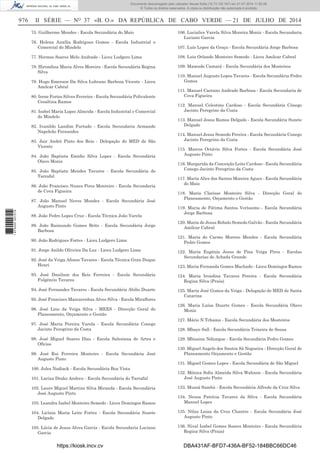 976 II SÉRIE — NO
37 «B. O.» DA REPÚBLICA DE CABO VERDE — 21 DE JULHO DE 2014
75. Guilherme Mendes - Escola Secundária do Maio
76. Helena Auxília Rodrigues Gomes - Escola Industrial e
Comercial do Mindelo
77. Hermes Soares Melo Andrade - Liceu Ludgero Lima
78. Hirondina Maria Alves Moreira - Escola Secundária Regina
Silva
79. Hugo Emerson Da Silva Lubrano Barbosa Vicente - Liceu
Amilcar Cabral
80. Irene Fortes Silves Ferreira - Escola Secundária Polivalente
Cesaltina Ramos
81. Isabel Maria Lopes Almeida - Escola Industrial e Comercial
do Mindelo
82. Ivanildo Landim Furtado - Escola Secundaria Armando
Napoleão Fernandes
83. Jair André Pinto dos Reis - Delegação do MED de São
Vicente
84. João Baptista Emídio Silva Lopes - Escola Secundária
Olavo Moniz
85. João Baptista Mendes Tavares - Escola Secundária do
Tarrafal
86. João Francisco Nunes Pires Monteiro - Escola Secundaria
de Cova Figueira
87. João Manuel Neves Mendes - Escola Secundária José
Augusto Pinto
88. João Pedro Lopes Cruz - Escola Técnica João Varela
89. João Raimundo Gomes Brito - Escola Secundária Jorge
Barbosa
90. João Rodrigues Fortes - Liceu Ludgero Lima
91. Jorge Anildo Oliveira Da Luz - Liceu Ludgero Lima
92. José da Veiga Afonso Tavares - Escola Técnica Gran Duque
Henri
93. José Danilson dos Reis Ferreira - Escola Secundária
Fulgêncio Tavares
94. José Fernandes Tavares - Escola Secundária Abilio Duarte
95. José Francisco Mascarenhas Alves Silva - Escola Miraﬂores
96. José Lino da Veiga Silva - MEES - Direcção Geral do
Planeamento, Orçamento e Gestão
97. José Maria Pereira Varela - Escola Secundária Conego
Jacinto Peregrino da Costa
98. José Miguel Soares Dias - Escola Salesiana de Artes e
Ofícios
99. José Rui Ferreira Monteiro - Escola Secundária José
Augusto Pinto
100. Jules Nadiack - Escola Secundária Boa Vista
101. Larixa Drake Andreu - Escola Secundária do Tarrafal
102. Lauro Miguel Martins Silva Miranda - Escola Secundária
José Augusto Pinto
103. Leandra Isabel Monteiro Semedo - Liceu Domingos Ramos
104. Licínia Maria Leite Fortes - Escola Secundária Suzete
Delgado
105. Lúcia de Jesus Alves Garcia - Escola Secundaria Luciano
Garcia
106. Lucialice Varela Silva Moreira Moniz - Escola Secundaria
Luciano Garcia
107. Luís Lopes da Graça - Escola Secundária Jorge Barbosa
108. Luiz Orlando Monteiro Semedo - Liceu Amilcar Cabral
109. Mamudo Camará - Escola Secundária dos Mosteiros
110. Manuel Augusto Lopes Tavares - Escola Secundária Pedro
Gomes
111. Manuel Caetano Andrade Barbosa - Escola Secundaria de
Cova Figueira
112. Manuel Celestino Cardoso - Escola Secundária Cónego
Jacinto Peregrino da Costa
113. Manuel Jesus Ramos Delgado - Escola Secundária Suzete
Delgado
114. Manuel Jesus Semedo Pereira - Escola Secundária Conego
Jacinto Peregrino da Costa
115. Marcos Octávio Silva Fortes - Escola Secundária José
Augusto Pinto
116. Margarida da Conceição Leite Cardoso - Escola Secundária
Conego Jacinto Peregrino da Costa
117. Maria Alice dos Santos Moreira Agues - Escola Secundária
do Maio
118. Maria Clarisse Monteiro Silva - Direcção Geral do
Planeamento, Orçamento e Gestão
119. Maria de Fátima Santos Veríssimo - Escola Secundária
Jorge Barbosa
120. Maria de Jesus Robalo Semedo Galvão - Escola Secundária
Amílcar Cabral
121. Maria do Carmo Moreno Mendes - Escola Secundária
Pedro Gomes
122. Maria Eugénia Jesus de Pina Veiga Pires - Escolas
Secundarias de Achada Grande
123. Maria Fernanda Gomes Machado - Liceu Domingos Ramos
124. Maria Irondina Tavares Pereira - Escola Secundária
Regina Silva (Praia)
125. Maria José Gomes da Veiga - Delegação do MED de Santa
Catarina
126. Maria Luísa Duarte Gomes - Escola Secundária Olavo
Moniz
127. Mário N Tchama - Escola Secundária dos Mosteiros
128. Mbaye Sall - Escola Secundária Teixeira de Sousa
129. Mbissine Ndiongue - Escola Secundária Pedro Gomes
130. Miguel Angelo dos Santos Sá Nogueira - Direcção Geral de
Planeamento Orçamento e Gestão
131. Miguel Gomes Lopes - Escola Secundária de São Miguel
132. Mónica Soﬁa Almeida Silva Wahnon - Escola Secundária
José Augusto Pinto
133. Mussá Sambú - Escola Secundária Alfredo da Cruz Silva
134. Neusa Patrícia Tavares da Silva - Escola Secundária
Manuel Lopes
135. Nilza Luisa da Cruz Chantre - Escola Secundária José
Augusto Pinto
136. Nival Isabel Gomes Soares Monteiro - Escola Secundária
Regina Silva (Praia)
https://kiosk.incv.cv DBA431AF-BFD7-436A-BF52-184BBC66DC46
Documento descarregado pelo utilizador Neusa Sofia (10.73.102.167) em 21-07-2014 11:52:26.
© Todos os direitos reservados. A cópia ou distribuição não autorizada é proibida.
1875000007219
 