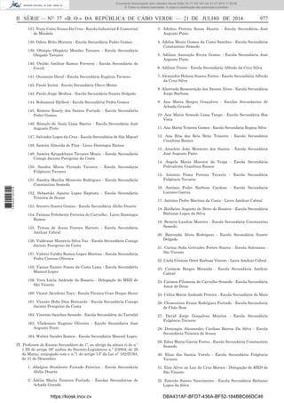 II SÉRIE — NO
37 «B. O.» DA REPÚBLICA DE CABO VERDE — 21 DE JULHO DE 2014 977
137. Nuno Celso Nunes Da Cruz - Escola Industrial E Comercial
do Mindelo
138. Odete Brito Moreira - Escola Secundária Pedro Gomes
139. Olímpio Olegário Mendes Tavares - Escola Secundária
Olegado Tavares
140. Onildo Amílcar Ramos Ferreira - Escola Secundária do
Coculi
141. Ousmane Diouf - Escola Secundária Eugénio Tavares
142. Paulo Incitá - Escola Secundária Olavo Moniz
143. Paulo Jorge Medina - Escola Secundária Suzete Delgado
144. Rohamnia Djelleol - Escola Secundária Pedro Gomes
145. Romira Rosely dos Santos Furtado - Escola Secundária
Pedro Gomes
146. Rómulo de Assis Lima Barros - Escola Secundária José
Augusto Pinto
147. Salvador Lopes da Cruz - Escola Secundária de São Miguel
148. Samira Almeida de Pina - Liceu Domingos Ramos
149. Samira Krupskhaya Tavares Moniz - Escola Secundária
Conego Jacinto Peregrino da Costa
150. Sandra Maria Furtado Tavares - Escola Secundária
Fulgêncio Tavares
151. Sandra Marilia Monteiro Rodrigues - Escola Secundária
Constantino Semedo
152. Sebastião Aquino Lopes Baptista - Escola Secundária
Teixeira de Sousa
153. Socorro Soares Gomes - Escola Secundária Abilio Duarte
154. Tatiana Felisberta Ferreira de Carvalho - Liceu Domingos
Ramos
155. Teresa de Jesus Pereira Barreto - Escola Secundária
Amílcar Cabral
156. Valdemar Mauricio Silva Vaz - Escola Secundária Conego
Jacinto Peregrino da Costa
157. Valério Valdês Ramos Lopes Martins - Escola Secundária
Pedro Corsino Oliveira
158. Vanise Eunice Simas da Costa Lima - Escola Secundária
Manuel Lopes
159. Vera Lúcia Andrade do Rosario - Delegação do MED de
São Vicente
160. Vicent Akinfemi Toyo - Escola Técnica Gran Duque Henri
161. Vicente Hebo Dias Bernardo - Escola Secundária Conego
Jacinto Peregrino da Costa
162. Vitorino Sanches Semedo - Escola Secundária do Tarrafal
163. Vlademiro Eugénio Oliveira - Escola Secundária José
Augusto Pinto
164. Walter Sandro Ramos - Escola Secundária Manuel Lopes
IV. Professor do Ensino Secundário de 1ª, ao abrigo da alínea e) do n.º
1 III do artigo 39º ambos do Decreto-Legislativo n.º 2/2004, de 29
de Março, conjugado com o n.º1 do artigo 13º da Lei nº 102/IV/93,
de 31 de Dezembro:
1. Adalgisa Humberto Furtado Ferreira - Escola Secundária
Abilio Duarte
2. Adélia Maria Teixeira Furtado - Escolas Secundarias de
Achada Grande
3. Adelino Pereira Sousa Duarte - Escola Secundária José
Augusto Pinto
4. Adelsa Moniz Gomes da Costa Sanches - Escola Secundária
Constantino Semedo
5. Adilson Assunção Evora Gomes - Escola Secundária José
Augusto Pinto
6. Adilson Freire - Escola Secundária Alfredo da Cruz Silva
7. Alexandra Helena Soares Fortes - Escola Secundária Alfredo
da Cruz Silva
8. Alzerinda Ressureição dos Santos Alves - Escola Secundária
Jorge Barbosa
9. Ana Maria Borges Gonçalves - Escolas Secundarias de
Achada Grande
10. Ana Maria Semedo Lima Tango - Escola Secundária Boa
Vista
11. Ana Maria Teixeira Gomes - Escola Secundária Regina Silva
12. Ana Rita dos Reis Brito Teixeira - Escola Secundária
Cesaltina Ramos
13. Anacleto João Monteiro dos Santos - Escola Secundária
José Augusto Pinto
14. Angela Maria Moreira da Veiga - Escola Secundária
Polivalente Cesaltina Ramos
15. António Pama Pereira Tavares - Escola Secundária
Fulgêncio Tavares
16. António Pedro Barbosa Cardoso - Escola Secundaria
Luciano Garcia
17. António Pedro Martins da Costa - Liceu Amílcar Cabral
18. Balduíno Augusto de Brito do Rosário - Escola Secundária
Baltazar Lopes da Silva
19. Beatriz Landim Moreira - Escola Secundária Constantino
Semedo
20. Benvinda Alves Rodrigues - Escola Secundária Suzete
Delgado
21. Carina Soﬁa Getrudes Fortes Soares - Escola Salesiana -
São Vicente
22. Carla Cristina Ortet Barbosa Vicente - Liceu Amílcar Cabral
23. Carmem Borges Miranda - Escola Secundária Amílcar
Cabral
24. Carmen Filomena de Carvalho Semedo - Escola Secundária
Amor de Deus
25. Celita Maria Andrade Pereira - Escola Secundária do Maio
26. Clementina Evane Rodrigues Furtado - Escola Secundaria
de Chão Bom
27. David Jorge Gonçalves Moreira - Escola Secundária
Fulgêncio Tavares
28. Domingos Alessandro Cardoso Barros Da Silva - Escola
Secundária Teixeira de Sousa
29. Edna Maria Garcia Fortes - Escola Secundária Constantino
Semedo
30. Eliza dos Santos Varela - Escola Secundária Fulgêncio
Tavares
31. Elsa Alves aa Luz da Cruz Morais - Delegação do MED de
São Vicente
32. Estevão Soares Nascimento - Escola Secundária Baltazar
Lopes da Silva
https://kiosk.incv.cv DBA431AF-BFD7-436A-BF52-184BBC66DC46
Documento descarregado pelo utilizador Neusa Sofia (10.73.102.167) em 21-07-2014 11:52:26.
© Todos os direitos reservados. A cópia ou distribuição não autorizada é proibida.
1875000007219
 