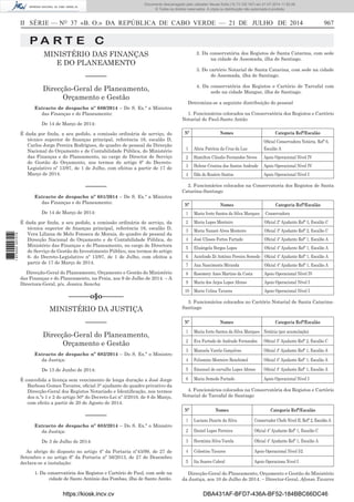 II SÉRIE — NO
37 «B. O.» DA REPÚBLICA DE CABO VERDE — 21 DE JULHO DE 2014 967
P A R T E C
MINISTÉRIO DAS FINANÇAS
E DO PLANEAMENTO
––––––
Direcção-Geral de Planeamento,
Orçamento e Gestão
Extracto de despacho nº 680/2014 – De S. Ex.ª a Ministra
das Finanças e do Planeamento:
De 14 de Março de 2014:
É dada por ﬁnda, a seu pedido, a comissão ordinária de serviço, do
técnico superior de ﬁnanças principal, referência 16, escalão D,
Carlos Jorge Pereira Rodrigues, do quadro de pessoal da Direcção
Nacional do Orçamento e de Contabilidade Pública, do Ministério
das Finanças e do Planeamento, no cargo de Director de Serviço
de Gestão do Orçamento, nos termos do artigo 6º do Decreto-
Legislativo nº 13/97, de 1 de Julho, com efeitos a partir de 17 de
Março de 2014.
––––––
Extracto de despacho nº 681/2014 – De S. Ex.ª a Ministra
das Finanças e do Planeamento:
De 14 de Março de 2014:
É dada por ﬁnda, a seu pedido, a comissão ordinária de serviço, da
técnica superior de ﬁnanças principal, referência 16, escalão D,
Vera Liliana de Melo Fonseca de Morais, do quadro de pessoal da
Direcção Nacional do Orçamento e de Contabilidade Pública, do
Ministério das Finanças e do Planeamento, no cargo de Directora
de Serviço de Gestão do Investimento Público, nos termos do artigo
6- do Decreto-Legislativo nº 13/97, de 1 de Julho, com efeitos a
partir de 17 de Março de 2014.
Direcção-Geral do Planeamento, Orçamento e Gestão do Ministério
das Finanças e do Planeamento, na Praia, aos 9 de Julho de 2014. – A
Directora-Geral, p/s, Jessica Sancha
––––––o§o––––––
MINISTÉRIO DA JUSTIÇA
––––––
Direcção-Geral do Planeamento,
Orçamento e Gestão
Extracto de despacho nº 682/2014 – Do S. Ex.ª o Ministro
da Justiça:
De 13 de Junho de 2014:
É concedida a licença sem vencimento de longa duração a José Jorge
Barbosa Gomes Tavares, oﬁcial 3° ajudante do quadro privativo da
Direcção-Geral dos Registos Notariado e Identiﬁcação, nos termos
dos n.ºs 1 e 2 do artigo 50° do Decreto-Lei nº 3/2010, de 8 de Março,
com efeito a partir de 20 de Agosto de 2014.
––––––
Extracto de despacho nº 683/2014 – Do S. Ex.ª o Ministro
da Justiça:
De 3 de Julho de 2014:
Ao abrigo do disposto no artigo 4º da Portaria nº43/99, de 27 de
Setembro e no artigo 6º da Portaria nº 56/2013, de 27 de Dezembro
declara-se a instalação:
1. Da conservatória dos Registos e Cartório de Paul, com sede na
cidade de Santo António das Pombas, ilha de Santo Antão.
2. Da conservatória dos Registos de Santa Catarina, com sede
na cidade de Assomada, ilha de Santiago.
3. Do cartório Notarial de Santa Catarina, com sede na cidade
de Assomada, ilha de Santiago.
4. Da conservatória dos Registos e Cartório de Tarrafal com
sede na cidade Mangue, ilha de Santiago.
Determina-se a seguinte distribuição do pessoal
1. Funcionários colocados na Conservatória dos Registos e Cartório
Notarial de Paul-Santo Antão
Nº Nomes Categoria Refª/Escalão
1 Alícia Patrícia da Cruz da Luz
Oﬁcial Conservadora Notária, Refª 6,
Escalão A
2 Hamilton Cláudio Fernandes Neves Apoio Operacional Nível IV
3 Helene Cristina dos Santos Andrade Apoio Operacional Nível IV
4 Ilda do Rosário Santos Apoio Operacional Nível I
2. Funcionários colocados na Conservatoria dos Registos de Santa
Catarina-Santiago
Nº Nomes Categoria Refª/Escalão
1 Maria Ivete Santos da Silva Marques Conservadora
2 Maria Lopes Monteiro Oﬁcial 2º Ajudante Refª 3, Escalão C
3 Maria Nazaré Alves Monteiro Oﬁcial 3º Ajudante Refª 2, Escalão C
4 José Ulisses Fortes Furtado Oﬁcial 4º Ajudante Refª 1, Escalão A
5 Elisângela Borges Lopes Oﬁcial 4º Ajudante Refª 1, Escalão A
6 Autelindo Zé António Pereira Semedo Oﬁcial 4º Ajudante Refª 1, Escalão A
7 Ana Nascimento Miranda Oﬁcial 4º Ajudante Refª 1, Escalão A
8 Rosemery Anes Martins da Costa Apoio Operacional Nível IV
9 Maria dos Anjos Lopes Afonso Apoio Operacional Nível I
10 Maria Celina Tavares Apoio Operacional Nível I
3. Funcionários colocados no Cartório Notarial de Santa Catarina-
Santiago
Nº Nomes Categoria Refª/Escalão
1 Maria Ivete Santos da Silva Marques Notária (por acumulação)
2 Eva Furtado de Andrade Fernandes Oﬁcial 3º Ajudante Refª 2, Escalão C
3 Manuela Varela Gonçalves Oﬁcial 4º Ajudante Refª 1, Escalão A
4 Felismino Monteiro Benchimol Oﬁcial 4º Ajudante Refª 1, Escalão A
5 Emanuel de carvalho Lopes Afonso Oﬁcial 4º Ajudante Refª 1, Escalão A
6 Maria Semedo Furtado Apoio Operacional Nível I
4. Funcionários colocados na Conservatória dos Registos e Cartório
Notarial de Tarrafal de Santiago
Nº Nomes Categoria Refª/Escalão
1 Luciano Duarte da Silva Conservador Chefe Nivel II, Refª 2, Escalão A
2 Daniel Lopes Ferreira Oﬁcial 4º Ajudante Refª 1, Escalão C
3 Hermínia Silva Varela Oﬁcial 4º Ajudante Refª 1, Escalão A
4 Celestino Tavares Apoio Operacional Nivel I/2
5 Ita Soares Cabral Apoio Operaciona Nivel I
Direcção-Geral do Planeamento, Orçamento e Gestão do Ministério
da Justiça, aos 10 de Julho de 2014. – Director-Geral, Afonso Tavares
https://kiosk.incv.cv DBA431AF-BFD7-436A-BF52-184BBC66DC46
Documento descarregado pelo utilizador Neusa Sofia (10.73.102.167) em 21-07-2014 11:52:26.
© Todos os direitos reservados. A cópia ou distribuição não autorizada é proibida.
1875000007219
 
