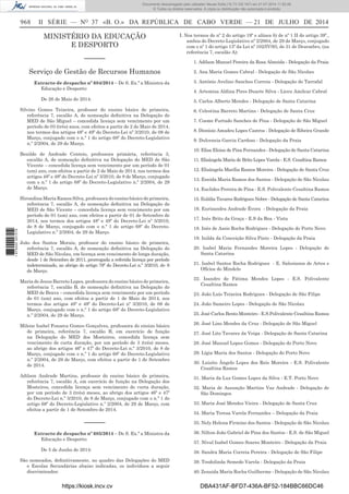 968 II SÉRIE — NO
37 «B. O.» DA REPÚBLICA DE CABO VERDE — 21 DE JULHO DE 2014
MINISTÉRIO DA EDUCAÇÃO
E DESPORTO
––––––
Serviço de Gestão de Recursos Humanos
Extracto de despacho nº 684/2014 – De S. Ex.ª a Ministra da
Educação e Desporto:
De 26 de Maio de 2014:
Silvino Gomes Teixeira, professor do ensino básico de primeira,
referência 7, escalão A, de nomeação deﬁnitiva na Delegação do
MED de São Miguel – concedida licença sem vencimento por um
período de 03 (três) anos, com efeitos a partir de 2 de Maio de 2014,
nos termos dos artigos 48º e 49º do Decreto-Lei nº 3/2010, de 08 de
Março, conjugado com o n.º 1 do artigo 68º do Decreto-Legislativo
n.º 2/2004, de 29 de Março.
Benilde de Andrade Centeio, professora primária, referência 3,
escalão A, de nomeação deﬁnitiva na Delegação do MED de São
Vicente – concedida licença sem vencimento por um período de 01
(um) ano, com efeitos a partir de 2 de Maio de 2014, nos termos dos
artigos 48º e 49º do Decreto-Lei nº 3/2010, de 8 de Março, conjugado
com o n.º 1 do artigo 68º do Decreto-Legislativo n.º 2/2004, de 29
de Março.
Hirondina Maria Ramos Silva, professora do ensino básico de primeira,
referência 7, escalão A, de nomeação deﬁnitiva na Delegação do
MED de São Vicente – concedida licença sem vencimento por um
período de 01 (um) ano, com efeitos a partir de 01 de Setembro de
2014, nos termos dos artigos 48º e 49º do Decreto-Lei nº 3/2010,
de 8 de Março, conjugado com o n.º 1 do artigo 68º do Decreto-
Legislativo n.º 2/2004, de 29 de Março.
João dos Santos Morais, professor do ensino básico de primeira,
referência 7, escalão A, de nomeação deﬁnitiva na Delegação do
MED de São Nicolau, em licença sem vencimento de longa duração,
desde 1 de Setembro de 2011, prorrogada a referida licença por período
indeterminado, ao abrigo do artigo 79º do Decreto-Lei n.º 3/2010, de 8
de Março.
Maria de Jesus Barreto Lopes, professora do ensino básico de primeira,
referência 7, escalão B, de nomeação deﬁnitiva na Delegação do
MED de Brava – concedida licença sem vencimento por um período
de 01 (um) ano, com efeitos a partir de 1 de Maio de 2014, nos
termos dos artigos 48º e 49º do Decreto-Lei nº 3/2010, de 08 de
Março, conjugado com o n.º 1 do artigo 68º do Decreto-Legislativo
n.º 2/2004, de 29 de Março.
Milene Isabel Fonseca Gomes Gonçalves, professora do ensino básico
de primeira, referência 7, escalão B, em exercício de função
na Delegação do MED dos Mosteiros, concedida licença sem
vencimento de curta duração, por um período de 3 (três) meses,
ao abrigo dos artigos 46º e 47º do Decreto-Lei n.º 3/2010, de 8 de
Março, conjugado com o n.º 1 do artigo 68º do Decreto-Legislativo
n.º 2/2004, de 29 de Março, com efeitos a partir de 1 de Setembro
de 2014.
Adilson Andrade Martins, professor do ensino básico de primeira,
referência 7, escalão A, em exercício de função na Delegação dos
Mosteiros, concedida licença sem vencimento de curta duração,
por um período de 3 (três) meses, ao abrigo dos artigos 46º e 47º
do Decreto-Lei n.º 3/2010, de 8 de Março, conjugado com o n.º 1 do
artigo 68º do Decreto-Legislativo n.º 2/2004, de 29 de Março, com
efeitos a partir de 1 de Setembro de 2014.
––––––
Extracto de despacho nº 685/2014 – De S. Ex.ª a Ministra da
Educação e Desporto:
De 5 de Junho de 2014:
São nomeados, deﬁnitivamente, no quadro das Delegações do MED
e Escolas Secundárias abaixo indicadas, os indivíduos a seguir
discriminados:
I. Nos termos do nº 2 do artigo 19º e alínea b) de nº 1 II do artigo 39º.,
ambos do Decreto-Legislativo nº 2/2004, de 29 de Março, conjugado
com o nº 1 do artigo 13º da Lei nº 102/IV/93, de 31 de Dezembro, (na
referência 7, escalão A):
1. Adilson Manuel Pereira da Rosa Almeida - Delegação da Praia
2. Ana Maria Gomes Cabral - Delegação de São Nicolau
3. António Avelino Sanches Correia - Delegação do Tarrafal
4. Artemisa Aldina Pires Duarte Silva - Liceu Amilcar Cabral
5. Carlos Alberto Mendes - Delegação de Santa Catarina
6. Celestina Barreto Martins - Delegação de Santa Cruz
7. Cosme Furtado Sanches de Pina - Delegação de São Miguel
8. Dionísio Amadeu Lopes Castros - Delegação de Ribeira Grande
9. Dulceneia Garcia Cardoso - Delegação da Praia
10. Elisa Eloisa de Pina Fernandes - Delegação de Santa Catarina
11. Elisângela Maria de Brito Lopes Varela - E.S. Cesaltina Ramos
12. Elisângela Marília Ramos Moreira - Delegação de Santa Cruz
13. Eneida Maria Ramos dos Santos - Delegação de São Nicolau
14. Euclides Pereira de Pina - E.S. Polivalente Cesaltina Ramos
15. Eulália Tavares Rodrigues Nobre - Delegação de Santa Catarina
16. Eurizandra Andrade Évora - Delegação da Praia
17. Inês Brito da Graça - E.S da Boa - Vista
18. Inês de Assis Rocha Rodrigues - Delegação do Porto Novo
19. Inilda da Conceição Silva Pinto - Delegação da Praia
20. Isabel Maria Fernandes Moreira Lopes - Delegação de
Santa Catarina
21. Isabel Santos Rocha Rodrigues - E. Salesianos de Artes e
Ofícios do Mindelo
22. Isandro de Fátima Mendes Lopes - E.S. Polivalente
Cesaltina Ramos
23. João Luís Teixeira Rodrigues - Delegação de São Filipe
24. João Sameiro Lopes - Delegação de São Nicolau
25. José Carlos Bento Monteiro - E.S.Polivalente Cesaltina Ramos
26. José Lino Mendes da Cruz - Delegação de São Miguel
27. José Lito Tavares da Veiga - Delegação de Santa Catarina
28. José Manuel Lopes Gomes - Delegação do Porto Novo
29. Lígia Maria dos Santos - Delegação do Porto Novo
30. Luisito Ângelo Lopes dos Reis Moreira - E.S. Polivalente
Cesaltina Ramos
31. Maria da Luz Gomes Lopes da Silva - E.T. Porto Novo
32. Maria de Assunção Martins Vaz Andrade - Delegação de
São Domingos
33. Maria José Mendes Vieira - Delegação de Santa Cruz
34. Maria Teresa Varela Fernandes – Delegação da Praia
35. Nely Helena Firmino dos Santos - Delegação de São Nicolau
36. Nilton João Gabriel de Pina dos Santos - E.S. de São Miguel
37. Nival Isabel Gomes Soares Monteiro - Delegação da Praia
38. Sandra Maria Correia Pereira - Delegação de São Filipe
39. Teodolinda Semedo Varela - Delegação da Praia
40. Zenaida Maria Rocha Guilherme - Delegação de São Nicolau
https://kiosk.incv.cv DBA431AF-BFD7-436A-BF52-184BBC66DC46
Documento descarregado pelo utilizador Neusa Sofia (10.73.102.167) em 21-07-2014 11:52:26.
© Todos os direitos reservados. A cópia ou distribuição não autorizada é proibida.
1875000007219
 