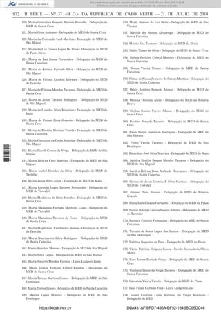 972 II SÉRIE — NO
37 «B. O.» DA REPÚBLICA DE CABO VERDE — 21 DE JULHO DE 2014
120. Maria Cristalina Semedo Barreto Brandão - Delegação do
MED de Santa Cruz
121. Maria Cruz Andrade - Delegação do MED de Santa Cruz
122. Maria da Conceição Leal Martins - Delegação do MED de
São Miguel
123. Maria da Luz Gomes Lopes Da Silva - Delegação do MED
do Porto Novo
124. Maria da Luz Sousa Fernandes - Delegação do MED de
Santa Catarina
125. Maria de Fatima Furtado Silva - Delegação do MED de
São Miguel
126. Maria de Fátima Landim Moreira - Delegação do MED
do Tarrafal
127. Maria de Fátima Mendes Tavares - Delegação do MED de
Santa Cruz
128. Maria de Jesus Tavares Rodrigues - Delegação do MED
de São Miguel
129. Maria de Lourdes Silva Monteiro - Delegação do MED do
Maio
130. Maria do Carmo Pires Semedo - Delegação do MED de
Santa Cruz
131. Maria do Rosário Martins Varela - Delegação do MED de
Santa Catarina
132. Maria Germana da Costa Moreira - Delegação do MED de
São Miguel
133. Maria Iliseth Gomes da Veiga - Delegação do MED de São
Miguel
134. Maria Inês da Cruz Martins - Delegação do MED de São
Miguel
135. Maria Isabel Mendes da Silva - Delegação do MED do
Tarrafal
136. Maria Jesus Silva Jorge - Delegação do MED do Maio
137. Maria Lucinda Lopes Tavares Fernandes - Delegação do
MED do Tarrafal
138. Maria Madalena de Brito Mendes - Delegação do MED de
Santa Cruz
139. Maria Madalena Furtado Monteiro Lima - Delegação do
MED do Tarrafal
140. Maria Madalena Tavares da Costa - Delegação do MED
de Santa Cruz
141. Maria Magdalena Vaz Barros Soares - Delegação do MED
do Tarrafal
142. Maria Nascimento Silva Rodrigues - Delegação do MED
de Santa Catarina
143. Maria Sanches Moreno - Delegação do MED de São Miguel
144. Maria Silva Lopes - Delegação do MED de São Miguel
145. Maria Socorro Mendes Correia - Liceu Ludgero Lima
146. Maria Teresa Furtado Cabral Landim - Delegação do
MED de Santa Cruz
147. Maria Tereza Martins Gomes - Delegação do MED de São
Domingos
148. Maria Torres Lopes - Delegação do MED de Santa Catarina
149. Marisa Lopes Moreira - Delegação do MED de São
Domingos
150. Marly Simone da Luz Brito - Delegação do MED de São
Vicente
151. Matilde dos Santos Alvarenga - Delegação do MED de
Santa Catarina
152. Moisés Vaz Tavares - Delegação do MED da Praia
153. Nelito Timas de Silva - Delegação do MED de Santa Cruz
154. Nelson Perícles Cabral Moreira - Delegação do MED de
Santa Catarina
155. Neusa Varela Nunes - Delegação do MED de Santa
Catarina
156. Nilton de Nossa Senhora do Carmo Martins - Delegação do
MED de Santa Catarina
157. Odair António Semedo Afonso - Delegação do MED de
Santa Cruz
158. Ondina Oliveira Alves - Delegação do MED da Ribeira
Brava
159. Onilda Suzete Ferrer Afonso - Delegação do MED de
Santa Cruz
160. Paulino Semedo Tavares - Delegação do MED de Santa
Cruz
161. Paulo Sérgio Inocêncio Rodrigues - Delegação do MED de
São Vicente
162. Pedro Varela Tavares - Delegação do MED de São
Domingos
163. Ricardina José Silva Martins - Delegação do MED do Maio
164. Sandra Basília Borges Mendes Tavares - Delegação do
MED de São Miguel
165. Sandra Helena Rosa Andrade Henriques - Delegação do
MED de Santa Catarina
166. Silvino de Jesus Correia E Silva Cardoso - Delegação do
MED do Tarrafal
167. Silvino Pinto Ramos - Delegação do MED da Ribeira
Grande
168. Sónia Isabel Lopes Carvalho - Delegação do MED da Praia
169. Soraia Solange Garcia Soares Ribeiro - Delegação do MED
do Tarrafal
170. Surraya Patricia Fernandes - Delegação do MED de Santa
Catarina
171. Torcato de Jesus Lopes dos Santos - Delegação do MED
de São Domingos
172. Valdina Sequeira de Pina - Delegação do MED da Praia
173. Vânia Patricia Delgado Sousa - Escola Secundária Olavo
Moniz
174. Vera Zorina Furtado Graça - Delegação do MED de Santa
Cruz
175. Vladimir Lenin da Veiga Tavares - Delegação do MED de
Santa Catarina
176. Catarina Vieira Varela - Delegação do MED da Praia
177. Luís Filipe Cardoso Pina - Liceu Ludgero Lima
178. Isabel Cristina Lima Martins Da Veiga Monteiro -
Delegação do MED
https://kiosk.incv.cv DBA431AF-BFD7-436A-BF52-184BBC66DC46
Documento descarregado pelo utilizador Neusa Sofia (10.73.102.167) em 21-07-2014 11:52:26.
© Todos os direitos reservados. A cópia ou distribuição não autorizada é proibida.
1875000007219
 