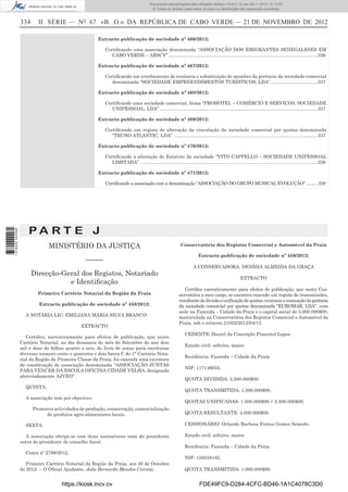 334 II SÉRIE — NO
67 «B. O.» DA REPÚBLICA DE CABO VERDE — 21 DE NOVEMBRO DE 2012
Extracto publicação de sociedade nº 466/2012:
Certiﬁcando uma associação denominada “ASSOCIAÇÃO DOS EMIGRANTES SENEGALESES EM
CABO VERDE – ARSCV”...................................................................................................................336
Extracto publicação de sociedade nº 467/2012:
Certiﬁcando um averbamento de renúncia e substituição do membro da gerência da sociedade comercial
denominada “SOCIEDADE EMPREENDIMENTOS TURÍSTICOS, LDA”. ...................................337
Extracto publicação de sociedade nº 468/2012:
Certiﬁcando uma sociedade comercial, ﬁrma “PROHOTEL – COMÉRCIO E SERVIÇOS, SOCIEDADE
UNIPESSOAL, LDA”..........................................................................................................................337
Extracto publicação de sociedade nº 469/2012:
Certiﬁcando um registo de alteração da vinculação da sociedade comercial por quotas denominada
“TECNO ATLANTIC, LDA”. ..............................................................................................................337
Extracto publicação de sociedade nº 470/2012:
Certiﬁcando a alteração do Estatuto da sociedade “VITO CAPPELLO – SOCIEDADE UNIPESSOAL
LIMITADA”. ........................................................................................................................................338
Extracto publicação de sociedade nº 471/2012:
Certiﬁcando a associação com a denominação “ASSOCIAÇÃO DO GRUPO MUSICAL EVOLUÇÃO” ..........338
P A R T E J
MINISTÉRIO DA JUSTIÇA
–––––
Direcção-Geral dos Registos, Notariado
e Identiﬁcação
Primeiro Cartório Notarial da Região da Praia
Extracto publicação de sociedade nº 458/2012:
A NOTÁRIA LIC: EMILIANA MARIA SILVA BRANCO
EXTRACTO
Certiﬁco, narrativamente para efeitos de publicação, que neste
Cartório Notarial, no dia dezasseis do mês de Setembro do ano dois
mil e doze de folhas quatro a seis, do livro de notas para escrituras
diversas número cento e quarenta e dois barra C do 1° Cartório Nota-
rial da Região de Primeira Classe da Praia, foi exarada uma escritura
de constituição de associação denominada “ASSOCIAÇÃO JUNTAS
PARA VENCER DA ESCOLA OFICINA CIDADE VELHA, designada
abreviadamente AJVEO”.
QUINTA:
A associação tem por objectivo:
Promover actividades de produção, conservação, comercialização
de produtos agro-alimentares locais.
SEXTA:
A associação obriga-se com duas assinaturas uma do presidente
outra do presidente do conselho ﬁscal.
Conta nº 2799/2012.
Primeiro Cartório Notarial da Região da Praia, aos 30 de Outubro
de 2012. – O Oﬁcial Ajudante, João Bernardo Mendes Correia.
Conservatória dos Registos Comercial e Automóvel da Praia
Extracto publicação de sociedade nº 459/2012:
A CONSERVADORA: DENÍSIA ALMEIDA DA GRAÇA
EXTRACTO
Certiﬁco narrativamente para efeitos de publicação, que nesta Con-
servatória a meu cargo, se encontra exarado um registo de transmissões,
resultantededivisãoeuniﬁcaçãodequotas,renúnciaenomeaçãodagerência
da sociedade comercial por quotas denominada “EUROMAR, LDA”, com
sede na Fazenda – Cidade da Praia e o capital social de 5.000.000$00,
matriculada na Conservatória dos Registos Comercial e Automóvel da
Praia, sob o número 21022/2012/04/12.
CEDENTE: Daniel da Conceição Pimentel Lopes.
Estado civil: solteiro, maior.
Residência: Fazenda – Cidade da Praia.
NIF: 117149055.
QUOTA DIVIDIDA: 2.500.000$00.
QUOTA TRANSMITIDA: 1.500.000$00.
QUOTAS UNIFICADAS: 1.500.000$00 + 2.500.000$00.
QUOTA RESULTANTE: 4.000.000$00.
CESSIONÁRIO: Orlando Barbosa Fontes Gomes Semedo.
Estado civil: solteiro, maior.
Residência: Fazenda – Cidade da Praia.
NIF: 159558182.
QUOTA TRANSMITIDA: 1.000.000$00.
https://kiosk.incv.cv FDE49FC9-D284-4CFC-BD46-1A1C4078C3D0
Documento descarregado pelo utilizador Adilson (10.8.0.12) em 26-11-2012 10:13:57.
© Todos os direitos reservados. A cópia ou distribuição não autorizada é proibida.
1616000002089
 