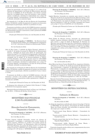 1218 II SÉRIE — NO
72 «B. O.» DA REPÚBLICA DE CABO VERDE — 20 DE DEZEMBRO DE 2012
efeitos de aposentação, nos termos do artigo 5º, nº 2, alínea b) do
Estatuto de Aposentação e da Pensão de Sobrevivência, aprovado
pela Lei nº 61/III/89, de 30 de Dezembro, com direito à pensão
anual de 112.320$00 (cento e doze mil trezentos e vinte escudos),
sujeita à rectiﬁcação, calculada de conformidade com o artigo 37º
do mesmo diploma, correspondente a 34 anos de serviço prestado
ao Estado, incluindo os aumentos legais.
Por despacho de 11 de Maio de 2012 do Director da Contabilidade
Pública, foi deferido o pedido de pagamento de quotas em atraso para
compensação de aposentação, referente ao período de 34 anos.
O montante em dívida no valor de 342.353$00 (trezentos e quarenta
e dois mil trezentos e cinquenta e três escudos), poderá ser amortizado
em 400 prestações mensais e consecutivas, sendo a primeira de 809$00
e as restantes de 856$00.
(Visado pelo Tribunal de Contas em 4 de Dezembro de 2012)
–––––
Extracto de despacho nº 1636/2012. – Da Directora-Geral
da Administração Pública, por subdelegação de competência
de S. Exª o Secretário de Estado da Administração Pública:
De 2 de Outubro de 2012:
João de Deus Lopes, 1º subchefe da Polícia Nacional, referência 5,
escalão C, do quadro de pessoal do Ministério de Administração
Interna - desligado de serviço para efeitos de aposentação, nos
termos do artigo 5º, nº 3, do Estatuto de Aposentação e da Pensão de
Sobrevivência, aprovado pela Lei nº 61/III/89, de 30 de Dezembro,
conjugado com os artigos 70º do Decreto-Legislativo nº 8/2010,
de 28 de Setembro, com direito à pensão anual de 1.039.536$00
(um milhão e trinta e nove mil quinhentos e trinta e seis escudos),
sujeita à rectiﬁcação, calculada de conformidade com o artigo 37º
do mesmo diploma, correspondente a 34 anos de serviço prestado
ao Estado, incluindo os aumentos legais.
Por despacho de 18 Outubro de 2004 do Director da Contabilidade
Pública, foi deferido o pedido de pagamento de quotas em atraso para
compensação de aposentação, referente ao período de 8 anos, 2 meses
e 12 dias.
O montante em dívida no valor de 72.398$00 (setenta e dois mil
trezentos e noventa e oito escudos), poderá ser amortizado em 60
prestações mensais e consecutivas, sendo a primeira de 1.185$00 e as
restantes de 1.207$00.
(Visado pelo Tribunal de Contas em 4 de Dezembro de 2012)
As despesas têm cabimento no Capítulo 30.20, Divisão 4º, Código
03.05.03.01.01 do orçamento vigente.
Direcção de Serviço de Segurança Social, na Praia, aos 13 de Dezem-
bro de 2012. – O Director de Serviço, Gerson Soares.
–––––o§o–––––
MINISTÉRIO DAS FINANÇAS
E DO PLANEAMENTO
–––––
Direcção-Geral do Planeamento,
Orçamento e Gestão
Extracto de despacho nº 1637/2012. – De S. Exª a Ministra
das Finanças e do Planeamento:
De 10 de Maio de 2011.
Evaristo Augusto Andrade Fernandes, mestre em ciências de
engenharia e tecnologias, é contratado para exercer funções de
técnico superior, referência 13, escalão A, do quadro comum do
Ministério das Finanças e do Planeamento, junto da Inspecção
Geral das Finanças, nos termos da alínea a) do nº 3 e do nº 1 do
artigo 24º da Lei nº 102/IV/93, de 31 de Dezembro, conjugado com
os artigos 24º e 25º da Lei n.º 42/VII/2009, de 27 de Julho.
Extracto de despacho nº 1638/2012. – De S. Exª a Ministra
das Finanças e do Planeamento:
De 23 de Março de 2012:
Lágida Monteiro, licenciada em economia, para exercer o cargo de
Directora de Serviço de Acompanhamento Macroeconómico, junto
da Direcção Nacional do Planeamento do Ministério das Finanças
e do Planeamento, nos termos do disposto no nº 2 do artigo 6º do
Decreto-Legislativo nº 13/97, de 1 de Julho, conjugado com a alínea
a) do artigo 14º da Lei nº102/IV/93, de 31 de Dezembro.
(Visados pelo Tribunal de Contas aos 5 de Dezembro de 2012).
–––––
Extracto de despacho nº 1639/2012. – De S. Exª a Ministra
das Finanças e do Planeamento:
De 18 de Setembro de 2012:
Pedro Emílio de Oliveira Correia, licenciado em administração
pública, inspector tributário, referência 14, escalão C, é nomeado
para exercer o cargo de Chefe de Repartição de Finanças de
Boavista, junto da Direcção-Geral das Contribuições e Impostos do
Ministério das Finanças e do Planeamento, nos termos do disposto
no nº 2 do artigo 6º do Decreto-Legislativo nº 13/97, de 1 de Julho,
conjugado com a alínea a) do artigo 14º da Lei nº 102/IV/93, de 31
de Dezembro.
(Visado pelo Tribunal de Contas aos 10 de Dezembro de 2012).
–––––
Extracto de despacho nº 1640/2012. – De S. Exª a Ministra
das Finanças e do Planeamento:
De 1 de Novembro de 2012:
Sónia Maria dos Santos Centeio Batalha Évora, inspectora tributária,
referencia 14, escalão A, do quadro de pessoal da Direcção-Geral
das Contribuições e Impostos, do Ministério das Finanças e do
Planeamento, é nomeada em comissão ordinária de serviço, para
exercer o cargo de Directora de Serviço de Inspecção Tributária
por substituição, na Direcção-Geral das Contribuições e Impostos
do Ministério das Finanças e do Planeamento, nos termos do artigo
39º do Decreto-Legislativo nº 86/92, de 16 de Julho, conjugado com
os artigos 6º e 7º do Decreto-Legislativo nº 13/97, de 1 de Julho.
Direcção-Geral do Planeamento, Orçamento e Gestão do Ministério
das Finanças e do Planeamento, Praia, aos 12 de Dezembro de 2012. – A
Directora-Geral, p.s. Paula Ermelinda de Figueiredo Vieira.
–––––o§o–––––
MINISTÉRIO DA DEFESA NACIONAL
–––––
Gabinete do Ministro
Extrato de despacho nº 1641/2012. – De S. Exª o Ministro
da Defesa:
De 29 de Julho de 2008:
Ao abrigo da competência conferida pelo número 2 do artigo 13º da Lei
nº 89/IV/2006, de 9 de Janeiro, sob proposta do Chefe do Estado
Maior das Forças Armadas, são exonerados os seguintes oﬁciais
dos cargos que a seguir se indica:
Tenente-coronel Jorge Martins Andrade – Comandante do
Pessoal;
Tenente-coronel António Duarte Monteiro – Comandante da
Guarda Costeira;
Tenente-coronel João José da Cruz Tavares – Comandante da
Segunda Região Militar;
Tenente-coronel Anildo Emanuel da Graça Morais –
Comandante da Primeira Região Militar;
O presente despacho produz efeitos com o empossamento dos novos
titulares dos mesmos cargos.
https://kiosk.incv.cv E2E26BC5-4F19-4331-833C-507F1A3377F3
Documento descarregado pelo utilizador Adilson (10.8.0.12) em 28-12-2012 10:40:32.
© Todos os direitos reservados. A cópia ou distribuição não autorizada é proibida.
1631000002089
 