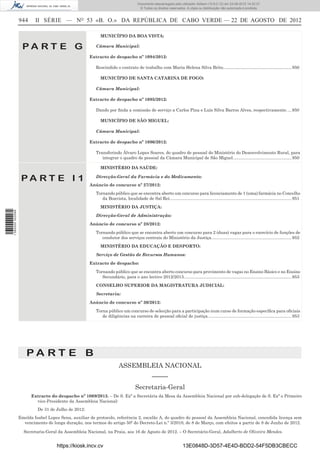 Documento descarregado pelo utilizador Adilson (10.8.0.12) em 23-08-2012 14:32:37.
                                                                                      © Todos os direitos reservados. A cópia ou distribuição não autorizada é proibida.


                  944     II SÉRIE — NO 53 «B. O.» DA REPÚBLICA DE CABO VERDE — 22 DE AGOSTO DE 2012

                                                           MUNICÍPIO DA BOA VISTA:

                   PA RT E G                            Câmara Municipal:

                                                     Extracto de despacho nº 1094/2012:

                                                        Rescindido o contrato de trabalho com Maria Helena Silva Brito. ........................................................ 950

                                                           MUNICÍPIO DE SANTA CATARINA DE FOGO:

                                                        Câmara Municipal:

                                                     Extracto de despacho nº 1095/2012:

                                                        Dando por ﬁnda a comissão de serviço a Carlos Pina e Luís Silva Barros Alves, respectivamente. ... 950

                                                           MUNICÍPIO DE SÃO MIGUEL:

                                                        Câmara Municipal:

                                                     Extracto de despacho nº 1096/2012:

                                                        Transferindo Álvaro Lopes Soares, do quadro de pessoal do Ministério do Desenvolvimento Rural, para
                                                           integrar o quadro de pessoal da Câmara Municipal de São Miguel. ................................................ 950

                                                           MINISTÉRIO DA SAÙDE:

                   PA RT E I 1                          Direcção-Geral da Farmácia e do Medicamento:
                                                     Anúncio de concurso nº 27/2012:
                                                        Tornando público que se encontra aberto um concurso para licenciamento de 1 (uma) farmácia no Concelho
                                                           da Boavista, localidade de Sal Rei...................................................................................................... 951
                                                           MINISTÉRIO DA JUSTIÇA:
1 582000 002089




                                                        Direcção-Geral de Administração:
                                                     Anúncio de concurso nº 28/2012:
                                                        Tornando público que se encontra aberto um concurso para 2 (duas) vagas para o exercício de funções de
                                                           condutor dos serviços centrais do Ministério da Justiça. .................................................................. 952
                                                           MINISTÉRIO DA EDUCAÇÃO E DESPORTO:
                                                        Serviço de Gestão de Recursos Humanos:
                                                     Extracto de despacho:
                                                        Tornando público que se encontra aberto concurso para provimento de vagas no Ensino Básico e no Ensino
                                                           Secundário, para o ano lectivo 2012/2013. ......................................................................................... 953
                                                        CONSELHO SUPERIOR DA MAGISTRATURA JUDICIAL:
                                                        Secretaria:
                                                     Anúncio de concurso nº 30/2012:
                                                        Torna público um concurso de selecção para a participação num curso de formação especíﬁca para oﬁciais
                                                           de diligências na carreira de pessoal oﬁcial de justiça. ..................................................................... 953




                      PA RT E B
                                                                       ASSEMBLEIA NACIONAL
                                                                                               –––––
                                                                                   Secretaria-Geral
                        Extracto do despacho nº 1069/2013. – De S. Exª a Secretária da Mesa da Assembleia Nacional por sub-delegação de S. Exª o Primeiro
                          vice-Presidente da Assembleia Nacional:
                           De 31 de Julho de 2012:
                  Emelda Isabel Lopes Sena, auxiliar de protocolo, referência 2, escalão A, do quadro do pessoal da Assembleia Nacional, concedida licença sem
                    vencimento de longa duração, nos termos do artigo 50º do Decreto-Lei n.º 3/2010, de 8 de Março, com efeitos a partir de 8 de Junho de 2012.

                    Secretaria-Geral da Assembleia Nacional, na Praia, aos 16 de Agosto de 2012. – O Secretário-Geral, Adalberto de Oliveira Mendes.


                                     https://kiosk.incv.cv                                                          13E0848D-3D57-4E4D-BDD2-54F5DB3CBECC
 