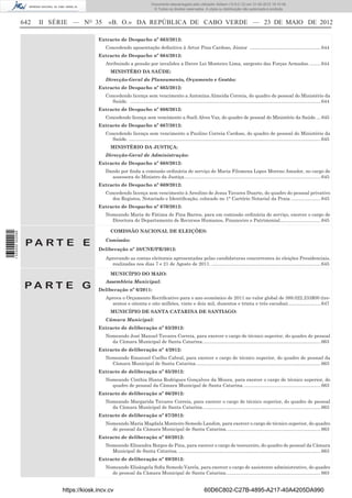 Documento descarregado pelo utilizador Adilson (10.8.0.12) em 31-05-2012 16:10:49.
                                                                               © Todos os direitos reservados. A cópia ou distribuição não autorizada é proibida.


                  642   II SÉRIE — NO 35        «B. O.» DA REPÚBLICA DE CABO VERDE — 23 DE MAIO DE 2012

                                           Extracto de Despacho nº 663/2012:
                                              Concedendo aposentação deﬁnitiva à Artur Pina Cardoso, Júnior ...................................................... 644
                                           Extracto de Despacho nº 664/2012:
                                              Atribuindo a pensão por invalidez a Daver Lei Monteiro Lima, sargento das Forças Armadas. ........ 644
                                                 MINISTÉRO DA SAÚDE:
                                              Direcção-Geral do Planeamento, Orçamento e Gestão:
                                           Extracto de Despacho nº 665/2012:
                                              Concedendo licença sem vencimento a Antonina Almeida Correia, do quadro de pessoal do Ministério da
                                                Saúde. ................................................................................................................................................. 644
                                           Extracto de Despacho nº 666/2012:
                                              Concedendo licença sem vencimento a Sueli Alves Vaz, do quadro de pessoal do Ministério da Saúde. ... 645
                                           Extracto de Despacho nº 667/2012:
                                              Concedendo licença sem vencimento a Paulino Correia Cardoso, do quadro de pessoal do Ministério da
                                                Saúde. .................................................................................................................................................. 645
                                                 MINISTÉRIO DA JUSTIÇA:
                                              Direcção-Geral de Administração:
                                           Extracto de Despacho nº 668/2012:
                                              Dando por ﬁnda a comissão ordinária de serviço de Maria Filomena Lopes Moreno Amador, no cargo de
                                                assessora do Ministro da Justiça........................................................................................................ 645
                                           Extracto de Despacho nº 669/2012:
                                              Concedendo licença sem vencimento à Areolino de Jesus Tavares Duarte, do quadro do pessoal privativo
                                                dos Registos, Notariado e Identiﬁcação, colocado no 1° Cartório Notarial da Praia. ...................... 645
                                           Extracto de Despacho nº 670/2012:
                                              Nomeando Maria de Fátima de Pina Barros, para em comissão ordinária de serviço, exercer o cargo de
                                                Directora do Departamento de Recursos Humanos, Financeiro e Patrimonial............................... 645

                                                 COMISSÃO NACIONAL DE ELEIÇÕES:
1 535000 002089




                   PA RT E E                  Comissão:
                                           Deliberação nº 38/CNE/PR/2012:
                                              Aprovando as contas eleitorais apresentadas pelas candidaturas concorrentes às eleições Presidenciais,
                                                realizadas nos dias 7 e 21 de Agosto de 2011. ................................................................................... 645

                                                 MUNICÍPIO DO MAIO:
                                              Assembleia Municipal:
                   PA RT E G               Deliberação nº 6/2011:
                                              Aprova o Orçamento Rectiﬁcativo para o ano económico de 2011 no valor global de 388.022.233$00 (tre-
                                                zentos e oitenta e oito milhões, vinte e dois mil, duzentos e trinta e três escudos). ........................ 647
                                                 MUNICÍPIO DE SANTA CATARINA DE SANTIAGO:
                                              Câmara Municipal:
                                           Extracto de deliberação nº 63/2012:
                                              Nomeando José Manuel Tavares Correia, para exercer o cargo de técnico superior, do quadro de pessoal
                                                da Câmara Municipal de Santa Catarina. ......................................................................................... 663
                                           Extracto de deliberação nº 4/2012:
                                              Nomeando Emanuel Coelho Cabral, para exercer o cargo de técnico superior, do quadro de pessoal da
                                                Câmara Municipal de Santa Catarina. .............................................................................................. 663
                                           Extracto de deliberação nº 65/2012:
                                              Nomeando Cinthia Hiana Rodrigues Gonçalves da Moura, para exercer o cargo de técnico superior, do
                                                quadro de pessoal da Câmara Municipal de Santa Catarina. .......................................................... 663
                                           Extracto de deliberação nº 66/2012:
                                              Nomeando Margarida Tavares Correia, para exercer o cargo de técnico superior, do quadro de pessoal
                                                da Câmara Municipal de Santa Catarina. ......................................................................................... 663
                                           Extracto de deliberação nº 67/2012:
                                              Nomeando Maria Magdala Monteiro Semedo Landim, para exercer o cargo de técnico superior, do quadro
                                                de pessoal da Câmara Municipal de Santa Catarina. ....................................................................... 663
                                           Extracto de deliberação nº 68/2012:
                                              Nomeando Elisandra Borges de Pina, para exercer o cargo de tesoureiro, do quadro de pessoal da Câmara
                                                Municipal de Santa Catarina. ............................................................................................................ 663
                                           Extracto de deliberação nº 69/2012:
                                              Nomeando Elisângela Soﬁa Semedo Varela, para exercer o cargo de assistente administrativo, do quadro
                                                de pessoal da Câmara Municipal de Santa Catarina. ....................................................................... 663


                             https://kiosk.incv.cv                                                                 60D6C802-C27B-4895-A217-40A4205DA990
 