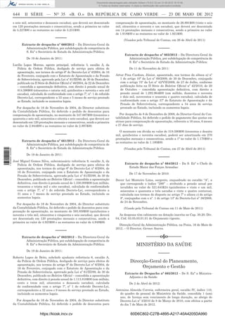 Documento descarregado pelo utilizador Adilson (10.8.0.12) em 31-05-2012 16:10:49.
                                                                                  © Todos os direitos reservados. A cópia ou distribuição não autorizada é proibida.


                  644      II SÉRIE — NO 35                 «B. O.» DA REPÚBLICA DE CABO VERDE — 23 DE MAIO DE 2012
                  e sete mil, setecentos e dezasseis escudos), que deverá ser descontado           compensação de aposentação, no montante de 26.891$00 (vinte e seis
                  em 120 prestações mensais e consecutivas, sendo a primeira no valor              mil, oitocentos e noventa e um escudos), que deverá ser descontado
                  de 5.227$00 e as restantes no valor de 5.231$00.                                 em 14 prestações mensais e consecutivas, sendo a primeira no valor
                                                                                                   de 1.918$00 e as restantes no valor de 1.921$00.
                                                  –––––                                                    (Visados pelo Tribunal de Contas, em 26 de Abril de 2011)
                        Extracto de despacho nº 660/2012 – Da Directora-Geral da
                          Administração Pública, por subdelegação de competência de                                                         –––––
                          S. Exª o Secretário de Estado da Administração Pública:
                                                                                                           Extracto de despacho nº 663/2012 – Da Directora-Geral da
                            De 19 de Janeiro de 2011:                                                        Administração Pública, por subdelegação de competência de
                                                                                                             S. Exª o Secretário de Estado da Administração Pública:
                  Lucílio Lopes Moreno, agente principal, referência 3, escalão A, da
                     Polícia de Ordem Pública, desligado de serviço para efeitos de                             De 11 de Novembro de 2011:
                     aposentação, nos termos do artigo 6º do Decreto-Lei nº 6/2004, de 16
                     de Fevereiro, conjugado com o Estatuto de Aposentação e da Pensão             Artur Pina Cardoso, Júnior, aposentado, nos termos da alínea a) nº
                     de Sobrevivência, aprovado pela Lei nº 61/III/89, de 30 de Dezembro,             1 do artigo 10º da Lei nº 69/2009, de 30 de Dezembro, conjugado
                     publicado na II Série do Boletim Oﬁcial nº 46/2004, de 22 de Dezembro            com o artigo 75º da Lei nº 42/VII/2009, de 27 de Julho, conforme
                     – concedida a aposentação deﬁnitiva, com direito à pensão anual de               publicação feita na II Série do Boletim Oﬁcial nº 42/2010, de 20
                     814.596$00 (oitocentos e catorze mil, quinhentos e noventa e seis mil            de Outubro – concedida aposentação deﬁnitiva, com direito a
                     escudos), calculada de conformidade com o artigo 7º, nº. 1 do referido           pensão anual de 1.292.964$00 (um milhão, duzentos e noventa
                     Decreto-Lei, correspondente a 33 anos e 5 meses de serviço prestado              e dois mil, novecentos e sessenta e quatro escudos), calculada de
                     ao Estado, incluindo os aumentos legais.                                         conformidade com o artigo 37º do Estatuto de Aposentação e da
                                                                                                      Pensão de Sobrevivência, correspondente a 34 anos de serviço
                    Por despacho de 16 de Novembro de 2004, do Director substituto                    prestado ao Estado, incluindo os aumentos legais.
                  da Contabilidade Pública, foi deferido o pedido de descontos para
                  compensação de aposentação, no montante de 347.687$00 (trezentos e                  Por despacho de 8 de Dezembro de 2008, do Director-Geral da Con-
                  quarenta e sete mil, seiscentos e oitenta e sete escudos), que deverá ser        tabilidade Pública, foi deferido o pedido de pagamento das quotas em
                  descontado em 120 prestações mensais e consecutivas, sendo a primeira            atraso para compensação de aposentação, referente a 16 anos, 6 meses
                  no valor de 2.944$00 e as restantes no valor de 2.897$00.                        e 27 dias de serviço.

                                                                                                      O montante em dívida no valor de 318.590$00 (trezentos e dezoito
                                                  –––––                                            mil, quinhentos e noventa escudos), poderá ser amortizada em 270
                                                                                                   prestações mensais e consecutivas, sendo a 1ª no valor de 1.170$00 e
                        Extracto de despacho nº 661/2012 – Da Directora-Geral da
                                                                                                   as restantes no valor de 1.180$00.
                          Administração Pública, por subdelegação de competência de
                          S. Exª o Secretário de Estado da Administração Pública:                          (Visados pelo Tribunal de Contas, em 27 de Abril de 2011)
1 535000 002089




                            De 19 de Janeiro de 2011:
                                                                                                                                            –––––
                  José Miguel Gomes Silva, subcomissário referência 9, escalão A, da
                     Polícia de Ordem Pública, desligado de serviço para efeitos de                        Extracto de despacho nº 664/2012 – Da S. Exª o Chefe do
                     aposentação, nos termos do artigo 6º do Decreto-Lei nº 6/2004, de                       Estado Maior das Forças Armadas:
                     16 de Fevereiro, conjugado com o Estatuto de Aposentação e da
                                                                                                                De 17 de Novembro de 2010:
                     Pensão de Sobrevivência, aprovado pela Lei nº 61/III/89, de 30 de
                     Dezembro, publicado no Boletim Oﬁcial – concedida a aposentação               Daver Lei Monteiro Lima, sargento, enquadrado no escalão “A”, a
                     deﬁnitiva, com direito à pensão anual de 1.330.008$00 (um milhão,               que corresponde o índice “290” – atribuído a pensão anual por
                     trezentos e trinta mil e oito escudos), calculada de conformidade               invalidez no valor de 521.643$24 (quinhentos e vinte e um mil,
                     com o artigo 7º, nº 1 do referido Decreto-Lei, correspondente a                 seiscentos e quarenta e três escudos e vinte e quatro centavos),
                     31 anos e 7 meses de serviço prestado ao Estado, incluindo os                   calculada nos termos do disposto no artigo 7º e alínea c) do artigo
                     aumentos legais.                                                                8º, conjugados com o nº. 1 do artigo 13º do Decreto-Lei nº 38/2008,
                                                                                                     de 24 de Novembro.
                     Por despacho de 16 de Novembro de 2004, do Director substituto
                  da Contabilidade Pública, foi deferido o pedido de descontos para com-                   (Visado pelo Tribunal de Contas em 11 de Maio de 2011)
                  pensação de aposentação, no montante de 593.856$00 (quinhentos e
                  noventa e três mil, oitocentos e cinquenta e seis escudos), que deverá             As despesas têm cabimento na dotação inscrita no Cap. 30.20, Div.
                  ser descontado em 120 prestações mensais e consecutivas, sendo a                 04, Cód. 03.05.03.01.01 do Orçamento vigente.
                  primeira no valor de 4.925$00 e as restantes no valor de 4.949$00.
                                                                                                     Direcção-Geral da Administração Pública, na Praia, 16 de Maio de
                                                                                                   2012. – O Director, Gerson Soares.
                                                  –––––
                        Extracto de despacho nº 662/2012 – Da Directora-Geral da                                                ––––––o§o––––––
                          Administração Pública, por subdelegação de competência de
                          S. Exª o Secretário de Estado da Administração Pública:                                     MINISTÉRIO DA SAÚDE
                            De 19 de Janeiro de 2011:
                                                                                                                                            –––––
                  Roberto Lopes de Brito, subchefe ajudante referência 6, escalão A,
                     da Polícia de Ordem Pública, desligado de serviço para efeitos de                           Direcção-Geral do Planeamento,
                     aposentação, nos termos do artigo 6º do Decreto-Lei nº 6/2004, de
                     16 de Fevereiro, conjugado com o Estatuto de Aposentação e da                                     Orçamento e Gestão
                     Pensão de Sobrevivência, aprovado pela Lei nº 61/III/89, de 30 de                     Extracto de Despacho nº 665/2012 – De S. Exª a Ministra-
                     Dezembro, publicado no Boletim Oﬁcial – concedida a aposentação                         Adjunta e da Saúde:
                    deﬁnitiva, com direito à pensão anual de 1.113.816$00 (um milhão,
                    cento e treze mil, oitocentos e dezasseis escudos), calculada                               De 2 de Abril de 2012:
                    de conformidade com o artigo 7º, nº 1 do referido Decreto-Lei,
                    correspondente a 32 anos e 9 meses de serviço prestado ao Estado,              Antonina Almeida Correia, enfermeira geral, escalão IV, índice 110,
                    incluindo os aumentos legais.                                                    do quadro de pessoal do Ministério da Saúde, concedida 1 (um)
                                                                                                     ano, de licença sem vencimento de longa duração, ao abrigo do
                    Por despacho de 16 de Novembro de 2004, do Director substituto                   Decreto-Lei nº 3/2010 de 8 de Março de 2010, com efeitos a partir
                  da Contabilidade Pública, foi deferido o pedido de descontos para                  do dia 7 de Maio de 2012.


                                      https://kiosk.incv.cv                                                      60D6C802-C27B-4895-A217-40A4205DA990
 