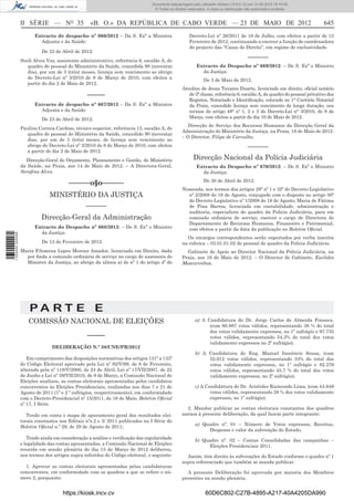 Documento descarregado pelo utilizador Adilson (10.8.0.12) em 31-05-2012 16:10:49.
                                                                                © Todos os direitos reservados. A cópia ou distribuição não autorizada é proibida.



                  II SÉRIE — NO 35                «B. O.» DA REPÚBLICA DE CABO VERDE — 23 DE MAIO DE 2012                                                               645
                        Extracto de despacho nº 666/2012 – Da S. Exª a Ministra                      Decreto-Lei nº 26/2011 de 18 de Julho, com efeitos a partir de 13
                          Adjunta e da Saúde:                                                        Fevereiro de 2012, continuando a exercer a função de coordenadora
                                                                                                     do projecto das “Casas do Direito”, em regime de exclusividade.
                            De 23 de Abril de 2012:
                                                                                                                                         –––––––
                  Sueli Alves Vaz, assistente administrativo, referência 6, escalão A, do
                     quadro de pessoal do Ministério da Saúde, concedida 90 (noventa)                     Extracto do Despacho nº 669/2012: – De S. Exª o Ministro
                     dias, por um de 3 (três) meses, licença sem vencimento ao abrigo                       da Justiça:
                     do Decreto-Lei nº 3/2010 de 8 de Março de 2010, com efeitos a                            De 3 de Maio de 2012.
                     partir do dia 2 de Maio de 2012.
                                                                                                 Areolino de Jesus Tavares Duarte, licenciado em direito, oﬁcial notário
                                                 –––––                                              de 3ª classe, referência 6, escalão A, do quadro do pessoal privativo dos
                                                                                                    Registos, Notariado e Identiﬁcação, colocado no 1° Cartório Notarial
                        Extracto de despacho nº 667/2012 – Da S. Exª a Ministra                     da Praia, concedido licença sem vencimento de longa duração, nos
                          Adjunta e da Saúde:                                                       termos do artigo 48° nº 1, 2 e 3 do Decreto-Lei n° 3/2010, de 8 de
                            De 23 de Abril de 2012:                                                 Março, com efeitos a partir do dia 10 de Maio de 2012.
                                                                                                    Direcção de Serviço dos Recursos Humanos da Direcção Geral da
                  Paulino Correia Cardoso, técnico superior, referência 13, escalão A, do
                                                                                                 Administração do Ministério da Justiça, na Praia, 18 de Maio de 2012.
                    quadro de pessoal do Ministério da Saúde, concedido 90 (noventa)
                                                                                                 – O Director, Filipe de Carvalho.
                    dias, por um de 3 (três) meses, de licença sem vencimento ao
                    abrigo do Decreto-Lei nº 3/2010 de 8 de Março de 2010, com efeitos                                                   –––––––
                    a partir do dia 2 de Maio de 2012.
                    Direcção-Geral do Orçamento, Planeamento e Gestão, do Ministério                    Direcção Nacional da Polícia Judiciária
                  da Saúde, na Praia, aos 14 de Maio de 2012. – A Directora-Geral,                        Extracto do Despacho nº 670/2012: – De S. Exª o Ministro
                  Seraﬁna Alves.                                                                            da Justiça:
                                                                                                              De 30 de Abril de 2012.
                                        ––––––o§o––––––
                                                                                                 Nomeada, nos termos dos artigos 29º nº 1 e 32º do Decreto-Legislativo
                               MINISTÉRIO DA JUSTIÇA                                               nº 2/2008 de 18 de Agosto, conjugado com o disposto no artigo 50º
                                                                                                   do Decreto-Legislativo nº 1/2008 de 18 de Agosto, Maria de Fátima
                                                –––––––                                            de Pina Barros, licenciada em contabilidade, administração e
                                                                                                   auditoria, especialista do quadro da Policia Judiciária, para em
                           Direcção-Geral da Administração                                         comissão ordinária de serviço, exercer o cargo de Directora do
                                                                                                   Departamento de Recursos Humanos, Financeiro e Patrimonial,
                        Extracto do Despacho nº 668/2012: – De S. Exª o Ministro                   com efeitos a partir da data da publicação no Boletim Oﬁcial.
                          da Justiça:
1 535000 002089




                                                                                                   Os encargos correspondentes serão suportados por verba inscrita
                            De 13 de Fevereiro de 2012.                                          na rubrica – 03.01.01.02 do pessoal de quadro da Policia Judiciária.
                  Maria Filomena Lopes Moreno Amador, licenciada em Direito, dada                  Gabinete de Apoio ao Director Nacional da Policia Judiciária, na
                    por ﬁnda a comissão ordinária de serviço no cargo de assessora do            Praia, aos 16 de Maio de 2012. – O Director de Gabinete, Euclides
                    Ministro da Justiça, ao abrigo da alínea a) do nº 1 do artigo 4º do          Mascarenhas.




                      PA RT E E
                     COMISSÃO NACIONAL DE ELEIÇÕES                                                       a) A Candidatura do Dr. Jorge Carlos de Almeida Fonseca,
                                                                                                               (com 60.887 votos válidos, representando 38 % do total
                                                                                                               dos votos validamente expressos, no 1º sufrágio e 97.735
                                                 –––––                                                         votos válidos, representando 54.3% do total dos votos
                                                                                                               validamente expressos no 2º sufrágio);
                                DELIBERAÇÃO N.º 38/CNE/PR/2012
                                                                                                         b) A Candidatura do Eng. Manuel Inocêncio Sousa, (com
                     Em cumprimento das disposições normativas dos artigos 131º a 133º                        52.612 votos válidos, representando 33% do total dos
                  do Código Eleitoral aprovado pela Lei nº 92/V/99, de 8 de Fevereiro,                        votos validamente expressos, no 1º sufrágio e 82.379
                  alterada pela nº 118/V/2000, de 24 de Abril, Lei nº 17/VII/2007, de 22                      votos válidos, representando 45.7 % do total dos votos
                  de Junho e Lei nº 59/VII/2010, de 9 de Março, a Comissão Nacional de                        validamente expressos, no 2º sufrágio);
                  Eleições analisou, as contas eleitorais apresentadas pelos candidatos
                  concorrentes às Eleições Presidenciais, realizadas nos dias 7 e 21 de                  c) A Candidatura do Dr. Aristides Raimundo Lima, (com 44.648
                  Agosto de 2011 (1º e 2 º sufrágios, respectivamente), em conformidade                         votos válidos, representando 28 % dos votos validamente
                  com o Decreto-Presidencial nº 15/2011, de 16 de Maio, Boletim Oﬁcial                          expressos, no 1º sufrágio).
                  nº 17, I Série.
                                                                                                   2. Mandar publicar as contas eleitorais constantes dos quadros
                     Tendo em conta o mapa de apuramento geral dos resultados elei-              anexos á presente deliberação, da qual fazem parte integrante:
                  torais constantes nos Editais nºs.2 e 3/ 2011 publicados na I Série do
                                                                                                         a) Quadro nº. 01 – Número de Votos expressos, Receitas,
                  Boletim Oﬁcial n.º 29, de 29 de Agosto de 2011;
                                                                                                              Despesas e valor da subvenção do Estado;
                     Tendo ainda em consideração a análise e veriﬁcação das regularidade                 b) Quadro nº. 02 – Contas Consolidadas das campanhas –
                  e legalidade das contas apresentadas, a Comissão Nacional de Eleições                       Eleições Presidenciais 2011.
                  reunida em sessão plenária do dia 15 de Março de 2012 deliberou,
                  nos termos dos artigos supra referidos do Código eleitoral, o seguinte:          Assim, têm direito às subvenções do Estado conforme o quadro nº 1
                                                                                                 supra referenciado que também se manda publicar.
                    1. Aprovar as contas eleitorais apresentadas pelas candidaturas
                  concorrentes, em conformidade com os quadros a que se refere o nú-               A presente Deliberação foi aprovada por maioria dos Membros
                  mero 2, porquanto:                                                             presentes na sessão plenária.


                                     https://kiosk.incv.cv                                                     60D6C802-C27B-4895-A217-40A4205DA990
 