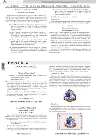 Documento descarregado pelo utilizador Adilson (10.8.0.12) em 26-07-2012 12:25:44.
                                                                                 © Todos os direitos reservados. A cópia ou distribuição não autorizada é proibida.


                  862     II SÉRIE — NO 47                  «B. O.» DA REPÚBLICA DE CABO VERDE — 23 DE JULHO DE 2012
                                   Extracto de deliberação nº /2012                                       Dr. Antero Carlos Lubrano Varela, Juiz de Direito de 2ª Classe,
                                                                                                             Esc. A, Ind. 154, ora colocado no 1° Juízo Criminal do
                                        De 29 de Junho de 2012                                               Tribunal da Comarca da Praia, é transferido para o 2° Juízo
                                                                                                             Cível do mesmo Tribunal.
                     Ao abrigo do disposto no artigo 29º alínea a) da Lei n° 90/VII/2011,
                  de 14 de Fevereiro, e 54° da Lei n° 1/VIII/2011, de 20 de Junho, o Con-            Ass.) Maria Teresa Évora Barros - Presidente.
                  selho Superior da Magistratura Judicial procede, por conveniência de               Está conforme.
                  serviço, à seguinte movimentação de Juízes do quadro da Magistratura
                  Judicial, com efeitos a partir de 16 de Setembro de 2012:                         Secretaria do Conselho Superior da Magistratura Judicial, na Cidade da
                                                                                                  Praia, aos 3 de Julho de 2012. – O Secretário, António Joaquim Delgado.
                        Dr. Júlio Sanches Afonso, Juiz de Direito de 2ª Classe, Esc. A,
                           Ind. 154, ora colocado no 2° Juízo Criminal do Tribunal da                                                      –––––
                           Comarca da Praia, é transferido para o 3° Juízo Cível do                                           Extracto de deliberação
                           mesmo Tribunal;
                                                                                                                              De 29 de Junho de 2012
                        Drª Ana Filomena Livramento dos Reis, Juiz de Direito de 2ª               Rosalina Vieira Tavares, Ajudante de Escrivão de Direito, referência 2,
                           Classe, Esc. A, Ind. 154, ora colocada no Juízo de Família                escalão C, colocada no Tribunal da Comarca de São Domingos, é
                           e Menores do Tribunal da Comarca da Praia, é transferida                  transferida a seu pedido, para, na mesma categoria, desempenhar
                           para o 2° Juízo Criminal do mesmo Tribunal;                               funções no Juízo Criminal do Tribunal da Comarca de Santa
                                                                                                     Catarina, com efeitos a partir de 16 de Setembro do corrente ano;
                        Drª Samira Oliveira Gomes dos Anjos, Juiz de Direito de 2ª
                           Classe, Esc. A, Ind. 154, ora colocada no 2° Juízo Cível do            José Eduardo dos Santos, Ajudante de Escrivão de Direito, referência 2,
                           Tribunal da Comarca da Praia, é transferida para o Juízo de               escalão A, colocado no Tribunal da Comarca do Maio, é transferido
                           Família e Menores do mesmo Tribunal;                                      a seu pedido, para, na mesma categoria, desempenhar funções no
                                                                                                     Tribunal da Comarca de São Domingos, com efeitos a partir de 16
                        Dr. Sebastião Mendes de Pina, Juiz de Direito de 2ª Classe,                  de Setembro do corrente ano;
                           Esc. A, Ind. 154, ora colocado no 3° Juízo Cível do Tribunal             Secretaria do Conselho Superior da Magistratura Judicial, na
                           da Comarca da Praia, é transferido para o 1° Juízo Criminal            Cidade da Praia, aos 12 de Junho de 2012. – O Secretário, António
                           do mesmo Tribunal;                                                     Joaquim Delgado.




                      PA RT E G
1 565000 002089




                                   MUNICÍPIO DO PAÚL                                              Domingos, também foi concebido, de acordo com os padrões e princípios
                                                                                                  básicos para a elaboração dos símbolos heráldicos deﬁnidos na I Série,
                                                                                                  n°47, 6° Suplemento do Boletim Oﬁcial da República de Cabo Verde,
                                                 –––––                                            de 30 de Dezembro de 1999, (cuja cópia se anexa a esta memória).
                                       Câmara Municipal                                              O Brazão de Armas.
                        Extracto de despacho nº 976/2012 – De S. Exª o Presidente                    O Brazão de Armas do Concelho de São Domingos, é composto por um
                          da Câmara Municipal do Paúl:                                            círculo concêntrico, um listei, com a sigla (Município de São Domingos)
                            De 4 de Abril de 2012:                                                10 estrelas distribuídas simetricamente e 3 elos na parte superior do
                                                                                                  círculo entrelaçados entre si. No campo interior do círculo, sub um
                  Manuela Fernandes Aleixo, licenciada em informática de gestão,                  fundo azul marinho, circunscreve a vida do município espelhado em
                    nomeada nos termos do artigo 13º da Lei 102/IV/93, de 31 de                   peças desenhadas como a Igreja/Colégio Jessuitas, (Parte histórica),
                    Dezembro, conjugado com o artigo 28º, nº 2, alínea c) do Decreto-             a montanha e a praia, (Potencial turístico e económico) e clave de Sol,
                    Lei nº 86/92 de 16 de Julho e artigo 10º, nº 2 da Lei nº 53/IV/2005           simbolizando a parte cultural mais ﬂuente do município (Música).
                    de 3 de Janeiro, para exercer, provisoriamente, o cargo de técnico
                    superior, referência 13, escalão A.
                    A despesa tem cabimento na rubrica 03.01.01.02 do orçamento em vigor.
                    Camara Municipal do Paul, aos 4 de Abril de 2011. – A Presidente,
                  Vera Helena Pires Almeida da Cruz.

                                        ––––––o§o––––––
                          MUNICÍPIO DE SÃO DOMINGOS
                                                                                                     A Bandeira
                                                 –––––
                                                                                                     A Bandeira do Município de São Domingos, foi feita em consonân-
                                    Assembleia Municipal                                          cia com a legislação em vigor, tendo 1,5 mts de comprimento e 1m de
                                                                                                  largura. O brazão de armas ocupa o centro da bandeira e as arestas
                                        Deliberação nº 75/2012
                                                                                                  são bordados de cor dourada.
                                         De 31 de Maio de 2012
                     A Assembleia Municipal de S. Domingos, reunida na sua Xª Sessão
                  Ordinária, de 31 de Maio de 2012 e no quadro das suas competências
                  conferidas pela alínea b) do n.° 2 do artigo 81º da Lei n.° 134/V/95, de
                  3 de Julho, deliberou:
                        - Aprovar por unanimidade os Símbolos Heráldicos do Município
                           de S. Domingos.
                    Memória Descritiva/Justiﬁcativa.
                     O presente Símbolo Heráldico, além de abordar temáticas da vivên-
                  cia, situação sócio-económica, histórico e cultural do Município de São


                                      https://kiosk.incv.cv                                                    87EA2F15-FBB5-478F-A553-AC1EA70BF34B
 