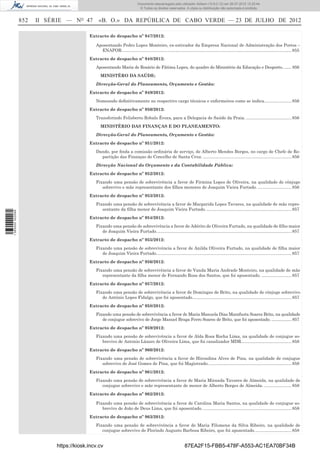 Documento descarregado pelo utilizador Adilson (10.8.0.12) em 26-07-2012 12:25:44.
                                                                              © Todos os direitos reservados. A cópia ou distribuição não autorizada é proibida.


                  852   II SÉRIE — NO 47       «B. O.» DA REPÚBLICA DE CABO VERDE — 23 DE JULHO DE 2012

                                           Extracto de despacho nº 947/2012:

                                              Aposentando Pedro Lopes Monteiro, ex-estivador da Empresa Nacional de Administração dos Portos –
                                                ENAPOR. ............................................................................................................................................. 855
                                           Extracto de despacho nº 948/2012:
                                              Aposentando Maria de Rosário de Fátima Lopes, do quadro do Ministério da Educação e Desporto.. ...... 856
                                                 MINISTÉRO DA SAÚDE:
                                              Direcção-Geral do Planeamento, Orçamento e Gestão:
                                           Extracto de despacho nº 949/2012:
                                              Nomeando deﬁnitivamente no respectivo cargo técnicos e enfermeiros como se indica....................... 856
                                           Extracto de despacho nº 950/2012:
                                              Transferindo Felisberto Robalo Évora, para a Delegacia de Saúde da Praia. ...................................... 856
                                                 MINISTÉRIO DAS FINANÇAS E DO PLANEAMENTO:
                                              Direcção-Geral do Planeamento, Orçamento e Gestão:
                                           Extracto de despacho nº 951/2012:
                                              Dando, por ﬁnda a comissão ordinária de serviço, de Alberto Mendes Borges, no cargo de Chefe de Re-
                                                partição das Finanças do Concelho de Santa Cruz. .......................................................................... 856
                                              Direcção Nacional do Orçamento e da Contabilidade Pública:
                                           Extracto de despacho nº 952/2012:
                                              Fixando uma pensão de sobrevivência a favor de Firmina Lopes de Oliveira, na qualidade de cônjuge
                                                 sobrevivo e mãe representante dos ﬁlhos menores de Joaquim Vieira Furtado. ............................ 856
                                           Extracto de despacho nº 953/2012:
                                              Fixando uma pensão de sobrevivência a favor de Margarida Lopes Tavares, na qualidade de mãe repre-
                                                 sentante da ﬁlha menor de Joaquim Vieira Furtado. ....................................................................... 857
1 565000 002089




                                           Extracto de despacho nº 954/2012:
                                              Fixando uma pensão de sobrevivência a favor de Adérito de Oliveira Furtado, na qualidade de ﬁlho maior
                                                 de Joaquim Vieira Furtado. ................................................................................................................ 857
                                           Extracto de despacho nº 955/2012:
                                              Fixando uma pensão de sobrevivência a favor de Anilda Oliveira Furtado, na qualidade de ﬁlha maior
                                                 de Joaquim Vieira Furtado. ................................................................................................................ 857
                                           Extracto de despacho nº 956/2012:
                                              Fixando uma pensão de sobrevivência a favor de Vanda Maria Andrade Monteiro, na qualidade de mãe
                                                 representante da ﬁlha menor de Fernando Rosa dos Santos, que foi aposentado. ......................... 857
                                           Extracto de despacho nº 957/2012:
                                              Fixando uma pensão de sobrevivência a favor de Domingas de Brito, na qualidade de cônjuge sobrevivo
                                                 de António Lopes Fidalgo, que foi aposentado................................................................................... 857
                                           Extracto de despacho nº 958/2012:
                                              Fixando uma pensão de sobrevivência a favor de Maria Manuela Dias Marafusta Soares Brito, na qualidade
                                                 de conjugue sobrevivo de Jorge Manuel Braga Ferro Soares de Brito, que foi aposentado. .................. 857
                                           Extracto de despacho nº 959/2012:
                                              Fixando uma pensão de sobrevivência a favor de Alda Rosa Rocha Lima, na qualidade de conjugue so-
                                                 brevivo de Antonio Lázaro de Oliveira Lima, que foi canalizador MDR. ......................................... 858
                                           Extracto de despacho nº 960/2012:
                                              Fixando uma pensão de sobrevivência a favor de Hirondina Alves de Pina, na qualidade de conjugue
                                                 sobrevivo de José Gomes de Pina, que foi Magistrado. ..................................................................... 858
                                           Extracto de despacho nº 961/2012:
                                              Fixando uma pensão de sobrevivência a favor de Maria Miranda Tavares de Almeida, na qualidade de
                                                 conjugue sobrevivo e mãe representante de menor de Alberto Borges de Almeida. ....................... 858
                                           Extracto de despacho nº 962/2012:

                                              Fixando uma pensão de sobrevivência a favor de Carolina Maria Santos, na qualidade de conjugue so-
                                                 brevivo de João de Deus Lima, que foi aposentado. .......................................................................... 858
                                           Extracto de despacho nº 963/2012:
                                              Fixando uma pensão de sobrevivência a favor de Maria Filomena da Silva Ribeiro, na qualidade de
                                                 conjugue sobrevivo de Florindo Augusto Barbosa Ribeiro, que foi aposentado. .............................. 858


                             https://kiosk.incv.cv                                                               87EA2F15-FBB5-478F-A553-AC1EA70BF34B
 