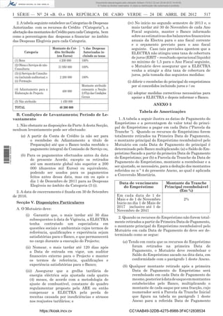 Documento descarregado pelo utilizador Adilson (10.8.0.12) em 25-04-2012 14:44:05.
                                                                                   © Todos os direitos reservados. A cópia ou distribuição não autorizada é proibida.



                  I SÉRIE — NO 24 «B. O.» DA REPÚBLICA DE CABO VERDE — 24 DE ABRIL DE 2012                                                                                   517

                    2. A tabela seguinte estabelece as Categorias de Despesas                                   (iv) No início no segundo semestre de 2013 e, o
                  Autorizadas com os recursos do Crédito (“Categoria”), a                                          mais tardar até 30 de Novembro de cada Ano
                  afectação dos montantes do Crédito para cada Categoria, bem                                      Fiscal seguinte, manter o Banco informado
                  como a percentagem das despesas a ﬁnanciar no âmbito                                             sobre as estimativas dos balancetes ﬁnanceiros
                  das Despesas Elegíveis para cada Categoria.                                                      anuais da Electra para o ano ﬁscal corrente
                                                                                                                   e o orçamento previsto para o ano ﬁscal
                                                   Montante do Cré-    % das Despesas                              seguinte. Caso tais previsões apontem que a
                           Categoria                dito Atribuído     Autorizadas in-                             ELECTRA não atingiu uma taxa de cobertura
                                                      (em Euros)       cluindo as taxas
                                                                                                                   de juros (EBIT – resultado operacional líquido)
                   (1) Bens                             4 200 000     100%                                         no mínimo de 1,5 para o Ano Fiscal seguinte,
                   (2) Obras e Serviços de não-                                                                    o Mutuário deve assegurar que a ELECTRA
                                                      31 950 000      100%
                   Consultoria                                                                                     venha a atingir a dita taxa de cobertura de
                   (3) (i) Serviços de Consulto-                                                                   juros, pela tomada das seguintes medidas:
                   ria (incluindo auditorias); e       2 200 000      100%
                   (ii) Formação                                                                                (i) diferir o reembolso do principal do empréstimos
                                                                      Montante atribuído                           por sí concedidos incluindo juros e / ou
                   (4) Adiantamento para a                            consoante a Secção
                                                         400 000
                   Elaboração do Projecto                             2.07(a) das Condições                     (ii) adoptar medidas correctivas necessárias para
                                                                      Gerais                                       apoiar a ELECTRA e depois informar o Banco.
                   (5) Não atribuído                    1 450 000
                                                                                                                                         ANEXO 3
                   TOTAL                               40 200 000
                                                                                                                            Tabela de Amortizações
                    B. Condições de Levantamento; Período de Le-
                  vantamento                                                                          1. A tabela a seguir ilustra as datas de Pagamento do
                                                                                                    Empréstimo e a percentagem do valor total do princi-
                    1. Não obstante as disposições da Parte A desta Secção,
                                                                                                    pal do Empréstimo a pagar em cada Data (“Parcela da
                  nenhum levantamento pode ser efectuado:
                                                                                                    Tranche “). Quando os recursos do Empréstimo forem
                        (a) A partir da Conta de Crédito (a não ser para                            totalmente retirados na Primeira Data de Pagamento,
                             o reembolso do Adiantamento a título de                                o montante principal do Empréstimo reembolsável pelo
                             Preparação) até que o Banco tenha recebido o                           Mutuário em cada Data de Pagamento do principal é
1 521000 002089




                             pagamento integral da Comissão de Serviço ou,                          determinado pelo Banco multiplicando: (a) o Saldo do Em-
                                                                                                    préstimo Sacado a partir da primeira Data de Pagamento
                        (b) Para os pagamentos efectuados antes da data
                                                                                                    do Empréstimo; por (b) a Parcela da Tranche da Data de
                             do presente Acordo; excepto os retirados
                                                                                                    Pagamento do Empréstimo, montante a reembolsar e a
                             até um montante global não superior a 200
                                                                                                    ser ajustado, se necessário, para a dedução dos montantes
                             000 (duzentos mil Euros) ou equivalente,
                                                                                                    referidos no n º 4 do presente Anexo, ao qual é aplicada
                             podendo ser usados para os pagamentos
                                                                                                    a Conversão Monetária.
                             feitos antes dessa data, mas em ou após o
                             dia 1 de Dezembro de 2011 para as Despesas
                                                                                                        Data de vencimento                           Montante da Tranche
                             Elegíveis no âmbito da Categoria (3 (i).                                     do Empréstimo                             Principal reembolsável
                    2. A data de encerramento é ﬁxada em 30 de Setembro                                                                                    (Em %)
                  de 2016.                                                                            Em cada data de 1 de
                                                                                                      Maio e de 1 de Novembro                                           2%
                    Secção V. Disposições Particulares                                                Inicio no dia 1 de Maio de
                                                                                                      2017 inclusive até 1 de
                    A. O Mutuário deve:                                                               Novembro de 2041
                            (i)     Garantir que, o mais tardar até 30 dias
                                                                                                      2. Quando os recursos do Empréstimo não forem total-
                                  subsequentes à data de Vigência, a ELECTRA
                                                                                                    mente retirados a partir da Primeira Data de Pagamento,
                                  tenha contratado um especialista em
                                                                                                    o montante principal do Empréstimo reembolsável pelo
                                  questões sociais e ambientais cujos termos de
                                                                                                    Mutuário em cada Data de Pagamento do deve ser de-
                                  referência, qualiﬁcações e experiência sejam
                                                                                                    terminado como se segue:
                                  satisfatórias para o Banco, e que permanecerá
                                  no cargo durante a execução do Projecto;                                  (a) Tendo em conta que os recursos do Empréstimo
                            (ii) Nomear, o mais tardar até 120 dias após                                          foram retirados na primeira Data de
                               a Data de entrada em vigor, um auditor                                             Pagamento, o Mutuário deve reembolsar o
                               ﬁnanceiro externo para o Projecto e manter                                         Saldo do Empréstimo sacado na dita data, em
                               os termos de referência, qualiﬁcações e                                            conformidade com o parágrafo 1 deste Anexo.
                               experiência satisfatórias para o Banco;                                      (b) Qualquer montante retirado após a primeira
                            (iii) Assegurar que a grelha tarifária de                                            Data de Pagamento do Empréstimo será
                               energia eléctrica seja ajustada cada quatro                                       reembolsado em cada Data de Pagamento do
                               (4) meses, de acordo com a metodologia de                                         mesmo, posterior à data de saque em montantes
                               ajuste de combustível, constante do quadro                                        estabelecidos pelo Banco, multiplicando o
                               regulamentar proposto pela ARE ou então                                           montante de cada saque por uma fracção, cujo
                               compensar a ELECTRA pela perda de                                                 numerador será a Parcela da Tranche Inicial
                               receitas causada por insuﬁciências e atrasos                                      que ﬁgura na tabela no parágrafo 1 deste
                               nos reajustes tarifários; e                                                       Anexo para a referida Data de Pagamento

                                        https://kiosk.incv.cv                                                     CC1AAB49-32DB-4275-8988-3F4C12838534
 