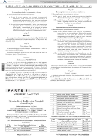 Documento descarregado pelo utilizador Adilson Varela (10.8.0.12) em 25-04-2013 09:29:55.
© Todos os direitos reservados. A cópia ou distribuição não autorizada é proibida.

II SÉRIE — NO 23 «B. O.» DA REPÚBLICA DE CABO VERDE — 25 DE ABRIL DE 2013
Artigo 2°

Artigo 1°

Descongelamento de recrutamento externo

Descongelamento de recrutamento interno
O descongelamento de recrutamento interno:

O descongelamento de recrutamento externo:
a) De um (1) técnico superior, com formação em engenharia
informática, dado o processo de informatização e de
modernização administrativa dos serviços municipais
e a necessidade de um técnico programador nessa área.
b) De dois (2) técnicos proﬁssionais de 1° nível, com formação em
topograﬁa, dado o aumento considerável de solicitações
nessa área e a necessidade de se efectuar um estudo
topográﬁco das zonas e localidades de São Vicente, e o
número insuﬁciente de técnicos com formação na área.
Artigo 3°
Encargos
Os encargos têm cabimento na verba inscrita no código 02.01.01.03.02
- recrutamento e nomeações (mapa de despesas), do Orçamento Municipal de 2013.
Artigo 4°
Entrada em vigor
A presente deliberação entra em vigor imediatamente, a partir da
data da presente deliberação.
Assembleia Municipal de São Vicente, aos 13 de Março de 2013. – A
Presidente, Maria Celeste Fonseca.

––––––
Deliberação n° 2/AMSV/2013
1 687000 005433

423

A Lei n° 23/VIII/2013, de 31 de Dezembro de 2012, que aprova o
Orçamento do Estado para o ano de 2013, estabelece no n.° 3, artigo 10.°, que
“Compete à Assembleia Municipal descongelar as admissões nas autarquias locais, mediante proposta fundamentada da Câmara Municipal,
com conhecimento da tutela e dos membros do Governo responsáveis
pela área das ﬁnanças e da administração pública”.
A Assembleia Municipal de São Vicente sob proposta da Câmara
Municipal de São Vicente, ao abrigo do n.° 3 do artigo 10.° da Lei n°
23/VIII/2013, de 31 de Dezembro, que aprova o Orçamento do Estado
para 2013, delibera, aprovar com nove (9) votos a favor da Bancada do
MpD, seis (6) votos contra da Bancada do PAICV e cinco (5) abstenções
da Bancada da UCID o seguinte:

a) De um (1) ﬁscal para a gestão do serviço de Cemitério
Municipal, zelando pela sua protecção e manutenção;
b) De um (1) técnico proﬁssional de 1.° nível, com formação em
gestão e produção cultural, para reforçar o Gabinete de
Apoio aos Vereadores na área cultural.
Artigo 2°
Descongelamento de recrutamento externo
O descongelamento de recrutamento externo:
a) De um (1) técnico superior, com formação em sociologia,
com o objetivo de dotar a Câmara Municipal de pessoal
qualiﬁcado na área para dar resposta às diversas
demandas do serviço social, tendo em conta o grande
papel social desempenhado pelo Município;
b) De um (1) técnico superior, com formação em arquitetura e
urbanismo, dado o insuﬁciente número de técnicos nessa
área e a necessidade de dotar o Município de pessoal
capacitado para dar resposta mais célere às diversas
solicitações. Ademais, a um dos arquitetos da Câmara foi
dada pela junta médica a redução da carga horária para
quatro horas diárias, o que tem vindo a inﬂuenciar na
dinâmica do serviço de urbanismo;
c) De um (1) técnico proﬁssional, com formação na área de
eletromecânica de automóveis, dada a necessidade urgente
de um técnico para a oﬁcina municipal capaz de responder
com maior rapidez às demandas do parque auto da Câmara,
no tocante a manutenção das viaturas do Município.
Artigo 3°
Encargos
Os encargos têm cabimento na verba inscrita no código 02.01.01.03.02
- recrutamento e nomeações (mapa de despesas), do Orçamento Municipal de 2013.
Artigo 4°
Entrada em vigor
A presente deliberação entra em vigor imediatamente, a partir da
data da presente
Assembleia Municipal de São Vicente, aos 13 de Março de 2013. – A
Presidente, Maria Celeste Fonseca.

PA RT E I 1
MINISTÉRIO DA JUSTIÇA

3

Daniel David Mendes Soares

Santiago

4

Isabel Maria Pires Baptista Gomes

Santiago

5

Jandira dos Santos Cardoso Vieira

Santiago

Direcção-Geral dos Registos, Notariado
e Identiﬁcação

6

João Batista Tavares Correia

Santiago

7

Maria da Cruz da Moura Silva Moreira Luz

Santiago

8

Nelson Mendes Furtado

Santiago

Anúncio de concurso nº 6/2013

9

Telma Filomena Barros Silva

Santiago

10

Manuel António Pina Rodrigues Rosa

Fogo

11

Nilton José de Pina

Fogo

12

Alícia Patricia da Cruz da Luz

São Vicente

13

Marina Melicio Silva Évora

São Vicente

––––––

CONCURSO PÚBLICO PARA PREENCHIMENTO
DE 4 (QUATRO) VAGAS PARA CATEGORIA DE OFICIAIS
CONSERVADORES E NOTÁRIOS
Conforme o Anúncio de Concurso nº 32/2012, da Direcção-Geral dos
Registos, Notariado e Identiﬁcação Civil, publicado no Boletim Oﬁcial
nº 54, II Série, de 30 de Agosto de 2012.
Lista dos candidatos selecionados para teste psicotécnico
e entrevista
Nº de
Ordem
1
2

Lista dos candidatos admitidos a
fase seguinte
Andir César Rodrigues Barbosa
Cátia Soﬁa Teixeira Andrade

https://kiosk.incv.cv

Ilha
Residência
Santiago
Santiago

Lista dos candidatos que não transitaram à fase seguinte
Nº de
Ordem
1
2
3
4
5

Lista dos candidatos que não transitaram à fase seguinte
José Maria de Carvalho Furtado
Luísa Helena Nascimento Soares
Adilsa Maria Pinto Freire
João Francisco Vaz Lopes Tavares
Daniel Mendes Vieira

Ilha
Residência
Santiago
Santiago
Santiago
Santiago
Santiago

60740860-6B2E-48AA-932F-499334EB856B

 