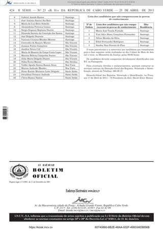 Documento descarregado pelo utilizador Adilson Varela (10.8.0.12) em 25-04-2013 09:29:55.
© Todos os direitos reservados. A cópia ou distribuição não autorizada é proibida.

II SÉRIE — NO 23 «B. O.» DA REPÚBLICA DE CABO VERDE — 25 DE ABRIL DE 2013

424

Gabriel Amado Ramos
José António Santos dos Reis
Maria da Luz Brito Semedo
Alexandrina Ferreira Gomes
Sérgio Eugenio Baptista Duarte
Eluneida Sarnira da Conceição dos Santos
Jair Delgado Duzenta
Vanessa Cristina Mendes Moreno
Gertrudes do Rosario Morais
Jussara Fortes Gonçalves
Jandira Neves Cid
Maria do Rosario da Graça Costa Lopes
Marisia Helena Campinha Soares
Júlia Maria Delgado Duarte
Nídia Évora Morais
Valdir Agnelo Santos Ramos Alves
Marcos Andrade Mendes
Ilione Karine Monteiro Leite Delgado
Osvaldina Protácio Andrade
Clóvis Ramos Santos

Santiago
Santiago
Santiago
Santiago
Santiago
Santiago
Santiago
Santiago
São Vicente
São Vicente
São Vicente
São Vicente
São Vicente
São Vicente
São Nicolau
Boa Vista
Boa Vista
Santo Antão
Santo Antão
Santo Antão

Lista dos candidatos que não compareceram às provas
de conhecimento
Nº de
Ordem

Lista dos candidatos que não compareceram às provas de conhecimento

Ilha
Residência

1

Maria José Varela Furtado

Santiago

2

Yuri Adyr Abreu Gonçalves Fernandes

Santiago

3

Ailton Mendes da Silva

Santiago

4

Ethel Fernandes Rodrigues

Santiago

5

Sandra Nair Pereira de Pina

Santiago

O teste psicotécnico e a entrevista aos candidatos que transitaram
para a fase seguinte serão realizados no dia 2 (dois) de Maio de dois
mil e treze, no Ministério da Justiça, pelas 09:00 horas.
Os candidatos deverão comparecer devidamente identiﬁcados com
B.I. ou Passaporte.
Para eventuais dúvidas e esclarecimentos, queiram contactar os
serviços centrais da Direcção-Geral dos Registos, Notariado e Identiﬁcação, através do Telefone: 260 99 37.
Direcção-Geral dos Registos, Notariado e Identiﬁcação, na Praia,
aos 17 de Abril de 2013. – O Presidente do Júri, David Almir Ramos

1 687000 005433

6
7
8
9
10
11
12
13
14
15
16
17
18
19
20
21
22
23
24
25

II SÉRIE

BOLETIM
O F IC IAL
Registo legal, nº 2/2001, de 21 de Dezembro de 2001

Endereço Electronico: www.incv.cv

Av. da Macaronésia,cidade da Praia - Achada Grande Frente, República Cabo Verde.
C.P. 113 • Tel. (238) 612145, 4150 • Fax 61 42 09
Email: kioske.incv@incv.cv / incv@incv.cv
I.N.C.V., S.A. informa que a transmissão de actos sujeitos a publicação na I e II Série do Boletim Oﬁcial devem
obedecer as normas constantes no artigo 28º e 29º do Decreto-Lei nº 8/2011, de 31 de Janeiro.

https://kiosk.incv.cv

60740860-6B2E-48AA-932F-499334EB856B

 