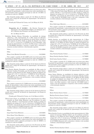 Documento descarregado pelo utilizador Adilson Varela (10.8.0.12) em 25-04-2013 09:29:55.
© Todos os direitos reservados. A cópia ou distribuição não autorizada é proibida.

II SÉRIE — NO 23 «B. O.» DA REPÚBLICA DE CABO VERDE — 25 DE ABRIL DE 2013
Tem a pagar a quantia de 448.689$00 quota em atraso para efeito
de pensão de aposentação e sobrevivência que serão amortizadas em
270 prestações sendo a primeira prestação no valor de 1.611$00 e os
restantes no valor de 1.662$00.
Este despacho produz efeitos a partir de 5 de Março de 2012 de
acordo com o artigo 80º do Estatuto de Aposentação e da Pensão de
Sobrevivência.
(Visado pelo Tribunal de Contas, em 21 de Março de 2013).

––––––
Despachos do nº 451/2013 – Do Director Nacional do
Orçamento e da Contabilidade Pública, por delegação da S.
Exª a Ministra das Finanças e do Planeamento:
De 1 de Março de 2013:
Dulcelina Mendes Moreno Fernandes, na qualidade de cônjuge
sobrevivo e mãe representante de 1 ﬁlho menor de Silvestre
Cardoso Fernandes, que foi professor de ensino básico, falecido a
22 de Janeiro de 2012, ﬁxada ao abrigo do disposto nos artigos
64° e 70° nº 1 d) da Lei nº 61/III/89, de 30 de Dezembro, uma
pensão de sobrevivência a seu favor e da ﬁlha menor o valor anual
de 294.660$00 (duzentos e noventa e quatro mil e seiscentos e
sessenta escudos) conforme a discriminação seguinte:
Viúva ............................................................................... 196.440$00

417

Maria da Luz Lopes Semedo, na qualidade de mãe representante de
1 ﬁlha menor de Paulo Jorge Monteiro, que foi professor do posto
escolar, falecido a 13 de Fevereiro de 2012, ﬁxada ao abrigo do
disposto nos artigos 64º e 70° n° 1 d) da Lei n.° 61/III/89, de 30 de
Dezembro, uma pensão de sobrevivência a favor da ﬁlha menor
o valor anual de 26.052$00 (vinte e seis mil e cinquenta e dois
escudos) conforme a discriminação seguinte:
Filha:
Erica Soﬁa Lopes Monteiro .............................................. 26.052$00
Tem a pagar a quantia de 73.988$00 quota em atraso para efeito
de pensão de aposentação e sobrevivência que serão amortizadas em
370 prestações sendo a primeira prestação no valor de 198$00 e os
restantes no valor de 200$00.
Este despacho produz efeitos a partir de 13 de Fevereiro de 2012
de acordo com o artigo 80º do Estatuto de Aposentação e da Pensão
de Sobrevivência.
Emília Sanches, na qualidade de mãe representante de 3 ﬁlhos
menores de Lourenço Mendes Cabral, que foi professor primário,
falecido a 31 de Março de 2012, ﬁxada ao abrigo do disposto nos
artigos 64° e 70° n° 1 d) da Lei n.° 61/III/89, de 30 de Dezembro,
uma pensão de sobrevivência a favor dos ﬁlhos menores o valor
anual de 50.364$00 (cinquenta mil trezentos e sessenta e quatro
escudos) conforme a discriminação seguinte:
Filhos:

Eliane Luísa Mendes Fernandes ..................................... 98.220$00

Alisa Patrícia Sanches Cabral ......................................... 16.788$00

Tem a pagar a quantia de 63.544$00 quota em atraso para efeito
de pensão de aposentação e sobrevivência que serão amortizadas em
35 prestações sendo a primeira prestação no valor de 1.800$00 e os
restantes no valor de 1.816$00.
1 687000 005433

Filha:

Diana Patrícia Sanches Cabral........................................ 16.788$00

Este despacho produz efeitos a partir de 22 de Janeiro de 2012 de
acordo com o artigo 80º do Estatuto de Aposentação e da Pensão de
Sobrevivência.
Lina Patrícia Mendes Fernandes, na qualidade de ﬁlha maior de
Silvestre Cardoso Fernandes, que foi professor de ensino básico,
falecido a 22 de Janeiro de 2012, ﬁxada ao abrigo do disposto nos
artigos 64° e 70° n° 1 d) da Lei n.° 61/III/89 de 30 de Dezembro,
uma pensão de sobrevivência a seu favor o valor anual de
98.220$00 (noventa e oito mil duzentos e vinte escudos) conforme
a discriminação seguinte:
Filha .................................................................................. 98.220$00
Tem a pagar a quantia de 31.772$00 quota em atraso para efeito de
pensão de aposentação e sobrevivência que serão amortizadas em 39
prestações sendo a primeira prestação no valor de 802$00 e os restantes
no valor de 815$00.
Este despacho produz efeitos a partir de 22 de Janeiro de 2012 de
acordo com o artigo 80º do Estatuto de Aposentação e da Pensão de
Sobrevivência.
(Visados pelo Tribunal de Contas, em 12 de Março de 2013).
Zilena Lopes Vieira, na qualidade de mãe representante de 2 ﬁlhos
menores de Paulo Jorge Monteiro, que foi professor do posto
escolar, falecido a 13 de Fevereiro de 2012, ﬁxada ao abrigo do
disposto nos artigos 64° e 70° n° 1 d) da Lei n.º 61/III/89 de 30 de
Dezembro, uma pensão de sobrevivência a favor dos ﬁlhos menores
o valor anual de 52.104$00 (cinquenta e dois mil e cento e quatro
escudos) conforme a discriminação seguinte:
Filhos:
Jorge Paulo Vieira Monteiro ............................................ 26.052$00
Neiva Iliane Vieira Monteiro ........................................... 26.052$00
Tem a pagar a quantia de 147.996$00 quota em atraso para efeito
de pensão de aposentação e sobrevivência que serão amortizadas em
350 prestações sendo a primeira prestação no valor de 369$00 e os
restantes no valor de 423$00.
Este despacho produz efeitos a partir de 13 de Fevereiro de 2012
de acordo com o artigo 80º do Estatuto de Aposentação e da Pensão
de Sobrevivência.

https://kiosk.incv.cv

Erick Isaías Sanches Cabral ............................................ 16.788$00
Tem a pagar a quantia de 71.187$00 quota em atraso para efeito
de pensão de aposentação e sobrevivência que serão amortizadas em
170 prestações sendo a primeira prestação no valor de 376$00 e os
restantes no valor de 419$00.
Este despacho produz efeitos a partir de 31 de Março de 2012 de
acordo com o artigo 80º do Estatuto de Aposentação e da Pensão de
Sobrevivência.
Joana Soares Martins, na qualidade de cônjuge sobrevivo e mãe
representantes de 3 ﬁlhos menores de Lourenço Mendes Cabral,
que foi professor primário, falecido a 31 de Março de 2012, ﬁxada
ao abrigo do disposto nos artigos 64° e 70° n° 1 d) da Lei n.º
61/III/89, de 30 de Dezembro, uma pensão de sobrevivência a seu
favor e dos ﬁlhos menores o valor anual de 138.552$00 (cento e
trinta e oito mil quinhentos e cinquenta e dois escudos) conforme
a discriminação seguinte:
Viúva ................................................................................. 88.188$00
Filhos:
Marly Patrícia Soares Cabral .......................................... 16.788$00
Marlina Patrícia Soares Cabral ....................................... 16.788$00
Denise Patrícia Soares Cabral ......................................... 16.788$00
Tem a pagar a quantia de 94.916$00 quota em atraso para efeito
de pensão de aposentação e sobrevivência que serão amortizadas em
90 prestações sendo a primeira prestação no valor de 1.021$00 e os
restantes no valor de 1.055$00.
Este despacho produz efeitos a partir de 31 de Março de 2012 de
acordo com o artigo 80º do Estatuto de Aposentação e da Pensão de
Sobrevivência.
Maria Sanches Correia, na qualidade de mãe representantes de 1 ﬁlha
menor de Lourenço Mendes Cabral, que foi professor primário,
falecido a 31 de Março de 2012, ﬁxada ao abrigo do disposto nos
artigos 64° e 70° nº 1 d) da Lei n.° 61/III/89, de 30 de Dezembro,
uma pensão de sobrevivência a favor da ﬁlha menor o valor anual
de 16.788$00 (dezasseis mil e setecentos e oitenta e oito escudos)
conforme a discriminação seguinte:
Filha:
Derline Patrícia Sanches Cabral ..................................... 16.788$00

60740860-6B2E-48AA-932F-499334EB856B

 