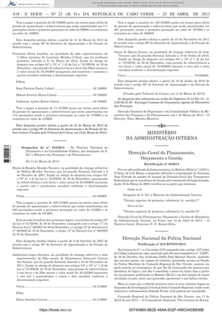 Documento descarregado pelo utilizador Adilson Varela (10.8.0.12) em 25-04-2013 09:29:55.
© Todos os direitos reservados. A cópia ou distribuição não autorizada é proibida.

II SÉRIE — NO 23 «B. O.» DA REPÚBLICA DE CABO VERDE — 25 DE ABRIL DE 2013

418

Tem a pagar a quantia de 23.729$00 quota em atraso para efeito de
pensão de aposentação e sobrevivência que serão amortizadas em 171
prestações sendo a primeira prestação no valor de 99$00 e os restantes
no valor de 139$00.

Tem a pagar a quantia de 180.183$00 quota em atraso para efeito
de pensão de aposentação e sobrevivência que serão amortizadas em
467 prestações sendo a primeira prestação no valor de 307$00 e os
restantes no valor de 386$00

Este despacho produz efeitos a partir de 31 de Março de 2012 de
acordo com o artigo 80º do Estatuto de Aposentação e da Pensão de
Sobrevivência.

Este despacho produz efeitos a partir de 25 de Novembro de 2011
de acordo com o artigo 80º do Estatuto de Aposentação e da Pensão de
Sobrevivência.

Francisca Horta Landim, na qualidade de mãe representantes de
3 ﬁlhos menores de Lourenço Mendes Cabral, que foi professor
primário, falecido a 31 de Março de 2012, ﬁxada ao abrigo do
disposto nos artigos 64º e 70° n° 1 d) da Lei n.° 61/III/89, de 30 de
Dezembro, uma pensão de sobrevivência a favor dos ﬁlhos menores
o valor anual de 50.364$00 (cinquenta mil trezentos e sessenta e
quatro escudos) conforme a discriminação seguinte:
Filhos:
Rosy Patrícia Horta Cabral .............................................. 16.788$00
Mikael Patrício Horta Cabral .......................................... 16.788$00
Valdemar Aylton Horta Cabral ....................................... 16.788$00
Tem a pagar a quantia de 71.187$00 quota em atraso para efeito
de pensão de aposentação c sobrevivência que serão amortizadas em
170 prestações sendo a primeira prestação no valor de 376$00 e os
restantes no valor de 419$00.
Este despacho produz efeitos a partir de 31 de Março de 2012 de
acordo com o artigo 80º do Estatuto de Aposentação e da Pensão de Sobrevivência.(Visados pelo Tribunal de Contas, em 13 de Março de 2013).

1 687000 005433

––––––
Despachos do nº 452/2013 – Do Director Nacional do
Orçamento e da Contabilidade Pública, por delegação da S.
Exª a Ministra das Finanças e do Planeamento:
De 14 de Março de 2013:
Maria do Rosário Mendes Tavares, na qualidade de cônjuge sobrevivo
de Hilário Mendes Tavares, que foi guarda ﬂorestal, falecido a 9
de Outubro de 2007, ﬁxada ao abrigo do disposto nos artigos 64°
e 70° n° 1 d) da Lei n.º 61/III/89, de 30 de Dezembro, uma pensão
de sobrevivência a seu favor o valor anual de 64.500$00 (sessenta
e quatro mil e quinhentos escudos) conforme a discriminação
seguinte:
Viúva ................................................................................. 64.500$00
Tem a pagar a quantia de 329.123$00 quota em atraso para efeito
de pensão de aposentação e sobrevivência que serão amortizadas em
620 prestações sendo a primeira prestação no valor de 434$00 e os
restantes no valor de 531$00.
Esta pensão beneﬁcia dos aumentos legais, nos termos do artigo 82°
da Lei n° 61/III/89, de 30 de Dezembro, conjugado com o artigo 11º do
Decreto-Lei nº 49/2007 de 28 de Dezembro, e o artigo 12º do Decreto-Lei
n° 46/2008 de 19 de Dezembro, o artigo 15º do Decreto-Lei n° 69/2009
de 30 de Dezembro.
Este despacho produz efeitos a partir de 9 de Outubro de 2007 de
acordo com o artigo 80º do Estatuto de Aposentação e da Pensão de
Sobrevivência.
Ambrozina Lopes Sanches, na qualidade de cônjuge sobrevivo e mãe
representante do ﬁlho menor de Demóstenes Emanuel Correia
dos Santos, que foi guarda ﬂorestal, falecido a 25 de Novembro de
2011, ﬁxada ao abrigo do disposto nos artigos 64° e 70° n° 1 d) da
Lei n.º 61/III/89, de 30 de Dezembro, uma pensão de sobrevivência
a seu favor e do ﬁlho menor o valor anual de 48.432$00 (quarenta
e oito mil e quatrocentos e trinta e dois escudos) conforme a
discriminação seguinte:
Viúva ................................................................................. 24.216$00
Filho:
Elson Sanches Correia ..................................................... 24.216$00

https://kiosk.incv.cv

Joana de Barros Soares, na qualidade de cônjuge sobrevivo de João
Tavares, que foi guarda ﬂorestal, falecido a 19 de Junho de 2010,
ﬁxada ao abrigo do disposto nos artigos 64° e 70° nº 1 d) da Lei
n.º 61/III/89, de 30 de Dezembro, uma pensão de sobrevivência a
seu favor o valor anual de 79.020$00 (setenta e nove mil e vinte
escudos) conforme a discriminação seguinte:
Viúva ................................................................................. 79.020$00
Este despacho produz efeitos a partir de 19 de Junho de 2010 de
acordo com o artigo 80º do Estatuto de Aposentação e da Pensão de
Sobrevivência.
(Visados pelo Tribunal de Contas, em 13 de Março de 2013).
As despesas têm cabimento na verba da Orgânica 10.12 Div.15 - cl.
3.05.03.01.02 - Encargos Comuns do Orçamento vigente do Ministério
das Finanças.
Direcção Nacional do Orçamento e da Contabilidade Pública do Ministério das Finanças e do Planeamento, aos 1 de Março de 2013. – O
Director, Elias Mendes Monteiro.

––––––o§o––––––
MINISTÉRIO
DA ADMINISTRAÇÃO INTERNA
––––––
Direcção-Geral do Planeamento,
Orçamento e Gestão
Rectiﬁcação nº 46/2013
Por ter sido publicado de forma inexacta, no Boletim Oﬁcial nº 14/2013,
II Série, de 8 de Março, o despacho referente à reintegração de Jeremias
Dias Furtado do quadro de pessoal da Direcção-Geral dos Transportes
Rodoviários que se encontrava de licença sem vencimento de longa duração,
desde 30 de Março de 2008, rectiﬁca-se na parte que interessa.
Onde se lê:
Despacho da S. Exª a Ministra da Administração Interna,
“Técnico superior de primeira, referência 14, escalão C”:
Deve-se ler:
“Técnico superior de primeira, referência 14, escalão D”.
Direcção-Geral do Planeamento, Orçamento e Gestão do Ministério
da Administração Interna, na Praia, aos 18 de Abril de 2013. – O
Director-Geral, Francisco N. O. Ramos Brito.

––––––
Direcção Nacional da Polícia Nacional
Notiﬁcação nº 01/CRPNSV/2013
Nos termos do nº. 1 e 2 do artigo 244º conjugado com o artigo 245º todos
do Código Laboral em vigor aprovado pelo Decreto-Legislativo nº. 5/2007,
de 16 de Outubro, ﬁca notiﬁcada Dálila Dias Spencer Duarte, ajudante
dos serviços gerais, em regime de contrato, prestando serviço na Secção
da Polícia Marítimo do Comando Regional de São Vicente, ausente em
parte incerta no estrangeiro, de que lhe foi instaurada um processo por
abandono de lugar e que lhe é concedida o prazo de trinta dias a partir
da sua primeira publicação no Boletim Oﬁcial e em dois jornais de maior
circulação no país, para caso querendo, apresentar a sua defesa escrita.
Mais se avisa que o referido processo corre os seus trâmites legais na
Esquadra de Investigação Criminal deste Comando Regional, tendo como
instrutor o subcomissário Orlando Évora, onde poderá ser consultado.
Comando Regional da Polícia Nacional de São Vicente, aos 17 de
Abril do ano 2013. – O Comandante Regional, Tito Cardoso de Barros.

60740860-6B2E-48AA-932F-499334EB856B

 