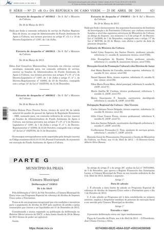 Documento descarregado pelo utilizador Adilson Varela (10.8.0.12) em 25-04-2013 09:29:55.
© Todos os direitos reservados. A cópia ou distribuição não autorizada é proibida.

II SÉRIE — NO 23 «B. O.» DA REPÚBLICA DE CABO VERDE — 25 DE ABRIL DE 2013
Extracto de despacho nº 467/2013 – De S. Exª o Ministro
da Cultura:
De 28 de Março de 2013:
Dada por ﬁnda a comissão ordinária de serviço de Paulino Baptista
Dias de Jesus, no cargo de Administrador do Fundo Autónomo de
Apoio à Cultura, nos termos previstos no artigo 6º, nºs 4 e 10 do
Decreto-Legislativo nº 13/97, de 1 de Julho.

––––––

421

Extracto de despacho nº 470/2013 – De S. Exª o Ministro
da Cultura:
De 28 de Março de 2013:
Dado por ﬁndo o destacamento dos seguintes funcionários do Instituto
de Investigação e do Património Culturais, que vinham exercendo
funções a nível das seguintes estruturas do Ministério da Cultura,
ao abrigo do disposto nos números 1 a 5 do artigo 9º, do DecretoLei nº 54/2009, de 7 de Dezembro, conjugado com o artigo 17º da
Lei nº 96/V/99, de 22 de Março, com efeitos a partir da data do
presente despacho:
Gabinete do Ministro da Cultura

Extracto de despacho nº 468/2013 – De S. Exª o Ministro
da Cultura:
De 28 de Março de 2013:
Edna José Gonçalves Mascarenhas, licenciada em ciências sociais/
sociologia, nomeada para, em comissão ordinária de serviço,
exercer as funções de Administradora do Fundo Autónomo de
Apoio à Cultura, nos termos previstos nos artigos 3º e 6º, nº 2 do
Decreto-Legislativo nº 13/97, de 1 de Julho e artigo 5º, nº 1, do
Decreto-Regulamentar nº 4/2002, de 23 de Outubro, conjugado
com o artigo 14º da Lei nº 102/IV/93, de 31 de Dezembro.

––––––
Extracto de despacho nº 469/2013 – De S. Exª o Ministro
da Cultura:

1 687000 005433

De 28 de Março de 2013:
Valdira Helena Pires Pereira Neves, técnica de nível 36, da tabela
salarial do quadro de pessoal da Agência de Regulação Económica
- ARE, nomeada para, em comissão ordinária de serviço, exercer
as funções de Administradora do Fundo Autónomo de Apoio à
Cultura, nos termos previstos nos artigos 3º e 6º, nº 2 do DecretoLegislativo nº 13/97, de 1 de Julho e artigo 5º, nº 1, do DecretoRegulamentar nº 4/2002, de 23 de Outubro, conjugado com o artigo
14º da Lei nº 102/IV/93, de 31 de Dezembro.
Os encargos correspondentes serão suportados pela dotação inscrita
no Código económico 02.01.01.01.03-,Pessoal Contratado, do orçamento
em execução do Fundo Autónomo de Apoio à Cultura.

Isabel Lima Sequeira dos Santos Duarte, professor artesão,
referência 11, escalão E, (assistente técnico, nível VIII).
João Evangelista do Rosário Fortes, professor artesão,
referência 11, escalão E, (assistente técnico, nível VIII).
Direcção-Geral da Promoção Cultural e dos Direitos de Autor
José Maria Barreto de Carvalho, técnico superior, referência 15,
escalão D, (tec. sénior, nível III)
Daniel Spencer Brito, técnico superior, referência 15, escalão D,
(tec. sénior, nível III)
Nilsa Maria Évora Mota, oﬁcial principal, referência 9, escalão E,
(AOP, nível V)
Maria Amélia M. Cardoso, técnico proﬁssional, referência 7,
escalão A, (AOP, nível IV)
Maria Nascimento F. Semedo, escriturário dactilógrafo
referência 2, escalão E, (AOP, nível III)
Delegação Regional da Cultura - São Vicente
Carlos Adriano Neves Delgado, técnico superior, referência 13,
escalão B, (técnico, nível II);
Júlio César Gomes Évora, técnico proﬁssional, referência 8,
escalão E, (AOP, nível V);
Inês dos Santos Delgado, escriturário dactilógrafo referência 2,
escalão C, (AOP, nível II);
Guilhermina Fernandes G. Pina, ajudante de serviços gerais,
referência 1, escalão C, (AOP, nível I).
Direcção-Geral de Planeamento, Orçamento e Gestão do Ministério
da Cultura, na Praia, aos 15 de Abril de 2013. – O Director-Geral,
Alberto Silva Ramos.

PA RT E G
MUNICÍPIO DA PRAIA
––––––

Ao abrigo do artigo 2º e do artigo 20º, ambos da Lei nº 79/VI/2005,
de 5 de Setembro, que aprova o Regime Financeiro das Autarquias
Locais, a Câmara Municipal da Praia na sua reunião ordinária do dia
4 de Abril de 2013, delibera o seguinte:

Câmara Municipal

Artigo 1º

Deliberação nº 15/2013

Data de adesão

De 4 de Abril

1. É alterada a data limite de adesão ao Programa Especial de
cobrança de dívidas do Imposto Único sobre o Património para o dia
1 de Outubro de 2013.

Pela deliberação nº 42/12, de 8 de Novembro, a Câmara Municipal da
Praia criou um Programa Especial de cobrança de dívidas do Imposto
Único sobre o Património.
Trata-se de um programa excepcional que cria condições e incentivos
para o pagamento de dívidas do IUP pelo usufruto do prédio e pelas
transacções que vierem a ser liquidadas até 31 de Dezembro de 2012.
Considerando o atraso registado na publicação da deliberação no
Boletim Oﬁcial através da INCV, a data limite ﬁxada de 29 de Março
de 2013 deixou de poder ser aplicável.
Assim,

https://kiosk.incv.cv

2. A não adesão ao Programa até à data estabelecida no número
anterior, implica o despoletar imediato de processo de execução ﬁscal
a ser movido pela Câmara Municipal ao devedor.
Artigo 1º
Entrada e vigor
A presente deliberação entra em vigor imediatamente.
Paços do Concelho da Praia, aos 4 de Abril de 2013. – O Presidente,
José Ulisses Correia e Silva.

60740860-6B2E-48AA-932F-499334EB856B

 