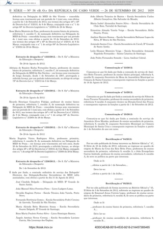 Documento descarregado pelo utilizador Adilson (10.8.0.12) em 26-09-2012 15:38:27.
                                                                                     © Todos os direitos reservados. A cópia ou distribuição não autorizada é proibida.



                  II SÉRIE — NO 58 «B. O.» DA REPÚBLICA DE CABO VERDE — 26 DE SETEMBRO DE 2012                                                                            1039
                     deﬁnitiva na Delegação do MED de São Vicente – concedida                                 João Alberto Teixeira de Barros – Escola Secundária Carlos
                     licença sem vencimento por um período de 1 (um) ano, com efeitos                            Alberto Gonçalves, São Salvador do Mundo;
                     a partir de 1 de Setembro de 2012, nos termos dos artigos 48º e 49º
                     do Decreto-Lei nº 3/2010, de 8 de Março, conjugado com o n.º 1 do                        Maria Isabel Alexandra Soares Silva – Escola Secundária de
                     artigo 68º do Decreto-Legislativo n.º 2/2004 de 29 de Março.                               Chão Bom, Tarrafal de Santiago;

                  Rosa Maria Monteiro de Pina, professora do ensino básico de primeira,                       Ernestina Almada Varela Veiga – Escola Secundária Abílio
                     referência 7, escalão C, de nomeação deﬁnitiva na Delegação do                              Duarte, Praia;
                     MED de Praia – concedida licença sem vencimento por um período                           Amílcar Barreto Ramos – Escola Secundária Baltazar Lopes da
                     de 1 (um) ano, com efeitos a partir de 10 de Setembro de 2012,                             Silva, Rª Brava de São Nicolau;
                     nos termos dos artigos 48º e 49º do Decreto-Lei nº 3/2010, de 8 de
                     Março, conjugado com o n.º 1 do artigo 68º do Decreto-Legislativo                        Armindo Santos Cruz – Escola Secundária de Coculi, Rª Grande
                     n.º 2/2004 de 29 de Março.                                                                 de Santo Antão;
                                                                                                              Leila Eleanor Monteiro Veiga – Escola Secundária Armando
                                                   –––––                                                         Napoleão Fernandes – Santa Catarina de Santiago;
                         Extracto de despacho nº 1253/2012. – De S. Exª a Ministra                            João Pedro Fernandes Semedo – Liceu Amílcar Cabral.
                           da Educação e Desporto:
                             De 29 de Agosto de 2012:                                                                                          –––––
                  Adriana do Rosário Rocha Fernandes Soares, professora do ensino                                                 Comunicação nº 33/2012:
                    básico de primeira, referência 7, escalão C, de nomeação deﬁnitiva
                                                                                                         Comunica-se que foi dada por ﬁnda a comissão de serviço de Amé-
                    da Delegação do MED de São Nicolau – em licença sem vencimento
                                                                                                      rico Brito Tavares, professor do ensino básico principal, referência 8,
                    de longa duração, desde 1 de Setembro de 2007, prorrogada a
                                                                                                      escalão D, enquanto Secretário da Mesa da Assembleia Municipal na
                    referida licença, por um período indeterminado, ao abrigo do artigo
                                                                                                      Câmara de Santa Catarina e consequente regresso às funções a partir
                    79º do Decreto-Lei n.º 3/2010 de 8 de Março.
                                                                                                      de 16 de Agosto de 2012.
                                                   –––––                                                                                       –––––
                         Extracto de despacho nº 1254/2012. – De S. Exª a Ministra
                           da Educação e Desporto:                                                                                Comunicação nº 34/2012:

                             De 29 de Agosto de 2012:                                                    Comunica-se que foi dada por ﬁnda a comissão de serviço de Nilton de
                                                                                                      Jesus Tavares Fernandes, professor do ensino secundário de primeira,
                  Ricardo Henrique Gonçalves Fidalgo, professor do ensino básico                      referência 9 escalão A enquanto técnico na Direção-Geral das Pescas
                     de primeira, referência 7, escalão A, de nomeação deﬁnitiva na                   e consequente regresso às funções a partir de 1 de Setembro de 2012.
                     Delegação do MED de Praia – concedida licença sem vencimento
1 597000 002089




                     por um período de 1 (um) ano, com efeitos a partir de 1 de Setembro                                                       –––––
                     de 2012, nos termos dos artigos 48º e 49º do Decreto-Lei nº 3/2010,
                     de 8 de Março, conjugado com o n.º 1 do artigo 68º do Decreto-                                               Comunicação nº 35/2012:
                     Legislativo n.º 2/2004 de 29 de Março.                                              Comunica-se que foi dada por finda a comissão de serviço de
                                                                                                      Anastácio Alves Mendes, professor do ensino secundário de primeira,
                                                   –––––                                              referência 9, escalão B, enquanto Secretário Municipal na Câmara
                         Extracto de despacho nº 1255/2012. – De S. Exª a Ministra                    Municipal de Santa Cruz e consequente regresso às funções a partir
                           da Educação e Desporto:                                                    de 1 de Setembro do ano em curso.

                             De 29 de Agosto de 2012:                                                                                          –––––
                  Maria Eugénia Vieira Rodrigues Silva, professora primária,                                                       Rectiﬁcação nº 94/2012:
                    referência 3, escalão B, de nomeação deﬁnitiva na Delegação do
                    MED de Praia – em licença sem vencimento até três anos, desde                        Por ter sido publicado de forma incorreta na Boletim Oﬁcial n.º 47,
                    20 de Setembro de 2010, prorrogada a referida licença, ao abrigo                  II Série de 23 de Julho de 2012, referente ao regresso ao quadro de
                    dos artigos 48º e 49º do Decreto-Lei nº 3/2010, de 8 de Março, conjugado          origem de Maria da Cruz dos Reis Brito Pires, professora do ensino
                    com o n.º 1 do artigo 68º do Decreto-Legislativo n.º 2/2004 de 29 de Março.       secundário de primeira, referência 9, escalão A, e João Evangelista
                                                                                                      Garcia Andrade, professor do ensino secundário, referência 8, escalão
                                                   –––––                                              A, de novo se publica na parte que interessa.

                         Extracto de despacho nº 1256/2012. – De S. Exª a Ministra                                 Onde se lê:
                           da Educação e Desporto:
                                                                                                              …efeitos a partir de 1 de Setembro…
                            De 1 de Setembro de 2012:
                                                                                                                   Deve ler-se:
                  É dada por ﬁnda, a comissão ordinária de serviço dos Delegado/
                                                                                                              …efeitos a partir de 1 de Julho…
                    Diretores das Delegação/Escolas Secundárias do MED infra
                    assinalados, com efeitos a partir do dia 31 de Agosto de 2012.
                                                                                                                                               –––––
                         José Cândido Delgado – Delegação do MED, Rª Grande de
                            Santo Antão;                                                                                           Rectiﬁcação nº 95/2012:

                         João Manuel Silva Ferreira Pires – Liceu Ludgero Lima;                          Por ter sido publicado de forma incorreta na Boletim Oﬁcial n.º 55,
                                                                                                      II Série de 5 de Setembro de 2012, referente ao regresso ao quadro de
                         Osvaldo Eugénio Fortes - Escola Técnica João Varela, Porto                   origem de Emanuel Jesus Correia Lopes, professor do ensino secun-
                           Novo;                                                                      dário de primeira, referência 9, escalão B, de novo se publica na parte
                                                                                                      que interessa.
                         Fernanda Hortência Gomes – Escola Secundária Pedro Corsino
                            de Azevedo, Tarrafal de São Nicolau;                                                   Onde se lê:
                         Maria Alcinda Brito Monteiro Sousa – Escola Secundária                               …professor do ensino básico de primeira, referência 7, escalão
                           Suzete Delgado, Rª Grande de Santiago;                                               A…
                         Rosa Maria Paulete Fortes Silva – Liceu Domingos Ramos;                                   Deve ler-se:
                         Ângelo António Neves Correia – Escola Secundária Luciano                             …professor do ensino secundário de primeira, referência 9,
                           Garcia, São Lourenço dos Órgãos;                                                     escalão B…


                                       https://kiosk.incv.cv                                                        4DDC4EAB-0019-4533-9216-21A457385465
 