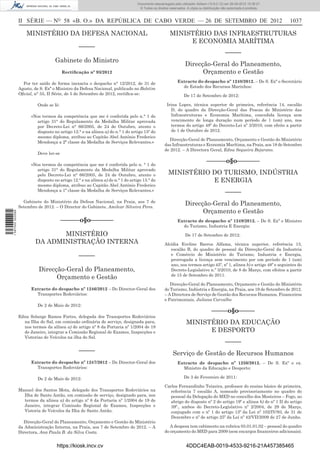 Documento descarregado pelo utilizador Adilson (10.8.0.12) em 26-09-2012 15:38:27.
                                                                                  © Todos os direitos reservados. A cópia ou distribuição não autorizada é proibida.



                  II SÉRIE — NO 58 «B. O.» DA REPÚBLICA DE CABO VERDE — 26 DE SETEMBRO DE 2012                                                                         1037

                      MINISTÉRIO DA DEFESA NACIONAL                                                   MINISTÉRIO DAS INFRAESTRUTURAS
                                                                                                           E ECONOMIA MARÍTIMA
                                                 –––––
                                                                                                                                            –––––
                                    Gabinete do Ministro
                                                                                                                 Direcção-Geral do Planeamento,
                                         Rectiﬁcação nº 93/2012                                                        Orçamento e Gestão
                    Por ter saído de forma inexacta o despacho n° 12/2012, de 31 de                        Extracto do despacho nº 1248/2012. – De S. Exª o Secretário
                  Agosto, de S. Exª o Ministro da Defesa Nacional, publicado no Boletim                      de Estado dos Recursos Marinhos:
                  Oﬁcial, n° 55, II Série, de 5 de Setembro de 2012, rectiﬁca-se:                               De 17 de Setembro de 2012:

                           Onde se lê:                                                              Irina Lopes, técnica superior de primeira, referência 14, escalão
                                                                                                      D, do quadro da Direcção-Geral das Pescas do Ministério das
                        «Nos termos da competência que me é conferida pelo n.° 1 do                   Infraestruturas e Economia Marítima, concedida licença sem
                          artigo 31° do Regulamento da Medalha Militar aprovada                       vencimento de longa duração num período de 1 (um) ano, nos
                          por Decreto-Lei n° 66/2005, de 24 de Outubro, atento o                      termos do artigo 48º do Decreto-Lei nº 3/2010, com efeito a partir
                          disposto no artigo 12.° e na alínea a) do n.° 1 do artigo 15º do            de 1 de Outubro de 2012.
                          mesmo diploma, atribuo ao Capitão Abel António Frederico
                                                                                                      Direcção-Geral de Planeamento, Orçamento e Gestão do Ministério
                          Mendonça a 2ª classe da Medalha de Serviços Relevantes.»
                                                                                                   das Infraestruturas e Economia Marítima, na Praia, aos 18 de Setembro
                                                                                                   de 2012. – A Directora Geral, Edna Sequeira Bejarano.
                           Deve ler-se

                        «Nos termos da competência que me é conferida pelo n. ° 1 do
                                                                                                                               ––––––o§o–––––––
                          artigo 31° do Regulamento da Medalha Militar aprovado
                          pelo Decreto-Lei n° 66/2005, de 24 de Outubro, atento o                    MINISTÉRIO DO TURISMO, INDÚSTRIA
                          disposto no artigo 12.° e na alínea a) do n.° 1 do artigo 13.° do                     E ENERGIA
                          mesmo diploma, atribuo ao Capitão Abel António Frederico
                          Mendonça a 1ª classe da Medalha de Serviços Relevantes.»                                                          –––––
                    Gabinete do Ministério da Defesa Nacional, na Praia, aos 7 de
                  Setembro de 2012. – O Director do Gabinete, Amilcar Silveira Pires.
                                                                                                                 Direcção-Geral do Planeamento,
                                                                                                                       Orçamento e Gestão
1 597000 002089




                                         ––––––o§o–––––––                                                  Extracto de despacho nº 1249/2012. – De S. Exª o Ministro
                                                                                                             do Turismo, Industria E Energia:
                                 MINISTÉRIO                                                                      De 17 de Setembro de 2012:
                          DA ADMINISTRAÇÃO INTERNA                                                 Alcídia Eveline Barros Alfama, técnica superior, referência 13,
                                                                                                      escalão B, do quadro de pessoal da Direcção-Geral da Industria
                                                 –––––                                                e Comércio do Ministério do Turismo, Industria e Energia,
                                                                                                      prorrogada a licença sem vencimento por um período de 1 (um)
                                                                                                      ano, nos termos artigo 45º, nº 1, alínea b) e artigo 48º e seguintes do
                            Direcção-Geral do Planeamento,                                            Decreto-Legislativo n.º 3/2010, de 8 de Março, com efeitos a partir
                                                                                                      de 15 de Setembro de 2011.
                                  Orçamento e Gestão
                                                                                                      Direcção-Geral do Planeamento, Orçamento e Gestão do Ministério
                        Extracto do despacho nº 1246/2012 – Do Director-Geral dos                  do Turismo, Indústria e Energia, na Praia, aos 19 de Setembro de 2012.
                          Transportes Rodoviários:                                                 – A Directora de Serviço de Gestão dos Recursos Humanos, Financeiros
                                                                                                   e Patrimoniais, Juliana Carvalho
                           De 2 de Maio de 2012:
                                                                                                                                  –––––o§o–––––
                  Edna Solange Ramos Fortes, delegada dos Transportes Rodoviários
                    na Ilha do Sal, em comissão ordinária de serviço, designada para,                            MINISTÉRIO DA EDUCAÇÃO
                    nos termos da alínea a) do artigo nº 8 da Portaria nº 1/2004 de 19
                    de Janeiro, integrar a Comissão Regional de Exames, Inspecções e                                   E DESPORTO
                    Vistorias de Veículos na ilha do Sal.
                                                                                                                                            –––––
                                                 –––––                                                  Serviço de Gestão de Recursos Humanos
                        Extracto do despacho nº 1247/2012 – Do Director-Geral dos                          Extracto de despacho nº 1250/2012. – De S. Exª o ex.
                          Transportes Rodoviários:                                                           Ministro da Educação e Desporto:

                           De 2 de Maio de 2012:                                                                De 3 de Fevereiro de 2011:

                                                                                                   Carlos Fernandinho Teixeira, professor do ensino básico de primeira,
                  Manuel dos Santos Mota, delegado dos Transportes Rodoviários na                     referência 7 escalão A, nomeado provisoriamente no quadro do
                    Ilha de Santo Antão, em comissão de serviço, designado para, nos                  pessoal da Delegação do MED no concelho dos Mosteiros – Fogo, ao
                    termos da alínea a) do artigo nº 8 da Portaria nº 1/2004 de 19 de                 abrigo do disposto nº 2 do artigo 19º e alínea b) do nº 1 II do artigo
                    Janeiro, integrar Comissão Regional de Exames, Inspecções e                       39º., ambos do Decreto-Legislativo nº 2/2004, de 29 de Março,
                    Vistoria de Veículos da Ilha de Santo Antão.                                      conjugado com o nº 1 do artigo 13º da Lei nº 102/IV/93, de 31 de
                                                                                                      Dezembro e nº de artigo 25º da Lei nº 42/VII/2009 de 27 de Junho.
                    Direcção-Geral do Planeamento, Orçamento e Gestão do Ministério
                  da Administração Interna, na Praia, aos 7 de Setembro de 2012. – A                  A despesa tem cabimento na rubrica 03.01.01.02 – pessoal do quadro
                  Directora, Ana Paula B. da Silva Costa.                                          do orçamento do MED para 2009 (sem encargos ﬁnanceiros adicionais).


                                     https://kiosk.incv.cv                                                       4DDC4EAB-0019-4533-9216-21A457385465
 