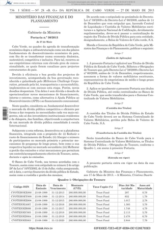 Documento descarregado pelo utilizador Adilson Varela (10.8.0.12) em 28-05-2013 09:05:18.
© Todos os direitos reservados. A cópia ou distribuição não autorizada é proibida.

736

I SÉRIE — NO 28 «B. O.» DA REPÚBLICA DE

MINISTÉRIO DAS FINANÇAS E DO
PLANEAMENTO
––––––
Gabinete da Ministra
Portaria n.º 30/2013
de 27 de Maio

Cabo Verde, no quadro da agenda de transformação
económica elegeu a infraestruturação como um dos pilares
fundamentais do desenvolvimento económico do país,
com ﬁto de se transformar numa economia dinâmica,
sustentável, competitiva e inclusiva. Para tal, recorreu-se
aos empréstimos externos com elevado grau de concessionalidade, as quais foram canalizas para projectos
estruturantes do país.

1 698000 005433

Devido à eficiência e boa gestão dos projectos de
investimento, acompanhada da boa governação reconhecida e galardoada pelo Millenium Challenge Corporation, primado pela lei, transparência e accountability,
implementou-se com sucesso esta etapa. Porém, novos
desaﬁos despontam. Um deles é sem dúvida o desaﬁo de
operacionalizar novos mecanismos de ﬁnanciamento,
interno e externo, como alternativa à Ajuda Pública ao
Desenvolvimento (APD) e ao ﬁnanciamento concessional.
Neste quadro, considerou-se, fundamental desenvolver
o mercado da dívida pública competitiva e eﬁciente por
forma a dar resposta às necessidades cada vez mais exigentes, não só dos investidores institucionais residentes
e da diáspora, das famílias, objectivando a arquitectura
de um mercado de dívida pública consolidado à escala
Internacional.

CABO VERDE — 27 DE MAIO DE 2013

De acordo com o estipulado no preâmbulo do DecretoLei nº 59/2009 e do Decreto-Lei nº 60/2009, ambos de 14
de Dezembro que vem estipular que, havendo Central
de Liquidação e Custódia de Valores Mobiliários escriturais e a Agência Nacional de Codiﬁcação, devidamente
regulamentadas, dever-se-á passar a centralização do
registo dos Títulos de Dívida Pública para esta entidade,
designadamente, a Bolsa de Valores de Cabo verde, S.A.
Manda o Governo da República de Cabo Verde, pela Ministra das Finanças e do Planeamento, publicar o seguinte:
Artigo 1º
(Âmbito de Aplicação)

1. A presente Portaria é aplicável aos Títulos de Dívida
Pública do Estado de Cabo Verde, Bilhetes e Obrigações
do Tesouro que, pelo Decreto-Lei nº 59/2009 e Decreto-Lei
nº 60/2009, ambos de 14 de Dezembro, respetivamente,
assumem a forma de valores mobiliários escriturais,
representativos de empréstimos de médio e longo prazo
da República de Cabo Verde.
2. Aplica-se igualmente a presente Portaria aos títulos
de Dívida Pública, até então centralizados no Banco de
Cabo Verde, que serão transferidos para o Sistema Centralizado de Valores Mobiliários.
Artigo 2º
(Custódia dos Títulos)

A custódia dos Títulos de Dívida Pública do Estado
de Cabo Verde deverá ser no Sistema Centralizado de
Valores Mobiliários, geridos pela Bolsa de Valores de
Cabo Verde, S.A.
Artigo 3º

Subjacente a esta reforma, desenvolveu-se a plataforma
ﬁnanceira, integrada com o propósito de: (i) Reduzir o
custo de ﬁnanciamento do Estado; (ii) Alargar o número
de participantes no mercado primário e potenciar mecanismos de poupança de longo prazo, bem como a sua
respectiva liquidez no mercado secundário; (iii) Melhorar
a gestão das emissões e criar mecanismos que permitam
um controlo/acompanhamento efectivo do Tesouro, antes,
durante e após às emissões.
O Banco de Cabo Verde, nos termos acordados com o
Tesouro, assim como vem estipulado no número 2 do artigo
28º da Lei nº 10/VI/2002, de 15 de Julho, vinha assegurando,
até á data, o serviço ﬁnanceiro da dívida pública do Estado,
assim como a custódia e gestão dos mesmos;

(Transferência da Custódia dos Títulos)

Serão transferidos do Banco de Cabo Verde para o
Sistema Centralizado de Valores Mobiliários, os Títulos
de Dívida Pública – Obrigações do Tesouro, conforme o
Quadro 1, em anexo à presente Portaria.
Artigo 4º
(Entrada em vigor)

A presente portaria entra em vigor na data da sua
publicação.
Gabinete da Ministra das Finanças e Planeamento,
aos 17 de Maio de 2013. – A Ministra, Cristina Duarte

Quadro 1- Obrigações do Tesouro
Código ISIN

Data de
Emissão

Data de
Vencimento

Montante
(CVE)

Taxa Cupão (%)

Dias Até MaAnos até
turidade
Maturidade

CVOTEHOEX000

23-08-1999

31-12-2013

280.000.000,00

Trust Fund

CVOTEHOEY009

23-08-1999

31-12-2014

280.000.000,00

Trust Fund

652

1,79

CVOTEHOEZ008

23-08-1999

31-12-2015

280.000.000,00

Trust Fund

1.017

2,79

CVOTEIOEA007

23-08-1999

31-12-2016

280.000.000,00

Trust Fund

1.383

3,79

CVOTEIOEB006

23-08-1999

31-12-2017

280.000.000,00

Trust Fund

1.748

4,79

CVOTEIOEC005

23-08-1999

31-12-2018

280.000.000,00

Trust Fund

2.113

5,79

287

0,79

CVOTEIOED004

23-08-1999

31-12-2019

280.000.000,00

Trust Fund

2.478

6,79

CVOTEIOEE003

23-08-1999

31-12-2020

280.000.000,00

Trust Fund

2.844

7,79

https://kiosk.incv.cv

63F830EE-72E3-4E2F-9DB4-DE1C26E783E0

 