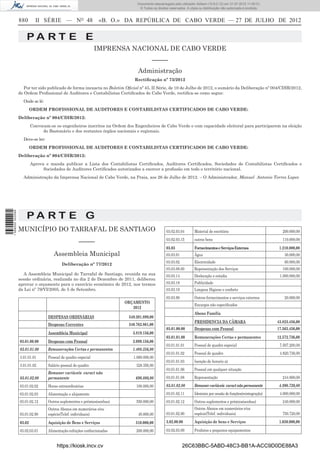 Documento descarregado pelo utilizador Adilson (10.8.0.12) em 31-07-2012 11:00:31.
                                                                                © Todos os direitos reservados. A cópia ou distribuição não autorizada é proibida.


                  880       II SÉRIE — NO 48                     «B. O.» DA REPÚBLICA DE CABO VERDE — 27 DE JULHO DE 2012


                      PA RT E E
                                                                IMPRENSA NACIONAL DE CABO VERDE
                                                                                        –––––
                                                                                Administração
                                                                              Rectiﬁcação nº 73/2012
                     Por ter sido publicado de forma inexacta no Boletim Oﬁcial nº 45, II Série, de 10 de Julho de 2012, o sumário da Deliberação nº 004/CDIR/2012,
                  de Ordem Proﬁssional de Auditores e Contabilistas Certiﬁcados de Cabo Verde, rectiﬁca-se como segue:
                    Onde se lê:
                          ORDEM PROFISSIONAL DE AUDITORES E CONTABILISTAS CERTIFICADOS DE CABO VERDE:
                  Deliberação nº 004/CDIR/2012:
                          Convocam-se os engenheiros inscritos na Ordem dos Engenheiros de Cabo Verde e com capacidade eleitoral para participarem na eleição
                                do Bastonário e dos restantes órgãos nacionais e regionais.
                    Deve-se ler:
                          ORDEM PROFISSIONAL DE AUDITORES E CONTABILISTAS CERTIFICADOS DE CABO VERDE:
                  Deliberação nº 004/CDIR/2012:
                          Aprova e manda publicar a Lista dos Contabilistas Certiﬁcados, Auditores Certiﬁcados, Sociedades de Contabilistas Certiﬁcados e
                                Sociedades de Auditores Certiﬁcados autorizados a exercer a proﬁssão em todo o território nacional.
                    Administração da Imprensa Nacional de Cabo Verde, na Praia, aos 26 de Julho de 2012. – O Administrador, Manuel Antonio Torres Lopes




                      PA RT E G
1 568000 002089




                  MUNICÍPIO DO TARRAFAL DE SANTIAGO                                               03.02.03.04        Material de escritório                             200.000,00
                                                                                                  03.02.03.15        outros bens                                        110.000,00
                                                     –––––
                                                                                                  03.03              Fornecimentos e Serviços Externos                1.210.000,00
                                      Assembleia Municipal                                        03.03.01           Água                                                30.000,00
                                                                                                  03.03.02           Electricidade                                       60.000,00
                                           Deliberação nº 77/2012
                                                                                                  03.03.08.00        Representação dos Serviços                         100.000,00
                     A Assembleia Municipal do Tarrafal de Santiago, reunida na sua               03.03.14           Deslocação e estadia                             1.000.000,00
                  sessão ordinária, realizada no dia 2 de Dezembro de 2011, deliberou
                  aprovar o orçamento para o exercício económico de 2012, nos termos              03.03.18           Publicidade
                  da Lei nº 79/VI/2005, de 5 de Setembro.                                         03.03.19           Limpeza Higiene e conforto
                                                                                                  03.03.90           Outros fornecimentos e serviços externos            20.000,00
                                                                          ORÇAMENTO
                                                                                                                     Encargos não especiﬁcados
                                                                             2012
                                                                                                                     Abono Família
                                   DESPESAS ORDINÁRIAS                     549.201.899,00
                                                                                                                     PRESIDENCIA DA CÂMARA                           43.823.456,00
                                   Despesas Correntes                      240.762.861,00
                                                                                                  03.01.00.00        Despesas com Pessoal                            17.563.456,00
                                   Assembleia Municipal                      3.819.156,00
                                                                                                  03.01.01.00        Remunerações Certas e permanentes               12.572.736,00
                  03.01.00.00      Despesas com Pessoal                      2.099.156,00
                                                                                                  03.01.01.01        Pessoal de quadro especial                       7.507.200,00
                  03.01.01.00      Remunerações Certas e permanentes         1.408.356,00
                                                                                                  03.01.01.02        Pessoal de quadro                                4.820.736,00
                  3.01.01.01       Pessoal de quadro especial                1.080.000,00
                                                                                                  03.01.01.03        Isenção de horario a)
                  3.01.01.02       Salário pessoal do quadro                   328.356,00
                                                                                                  03.01.01.06        Pessoal em qualquer situação
                                   Remuner variáveis caract não
                  03.01.02.00      permanente                                 690.800,00          03.01.01.08        Representação                                      244.800,00

                  03.01.02.02      Horas extraordinárias                       100.000,00         03.01.02.00        Remuner variáveis caract não permanente          4.990.720,00
                  03.01.02.03      Alimentação e alojamento                                       03.01.02.11        Ideminiz por cessão de funções(reintegração)     4.000.000,00
                  03.01.02.12      Outros suplementos e prémios(senhas)        550.000,00         03.01.02.12        Outros suplementos e prémios(senhas)               240.000,00
                                   Outros Abonos em numerários e/ou                                                  Outros Abonos em numerários e/ou
                  03.01.02.90      espécie(Telef. individuais)                  40.800,00         03.01.02.90        espécie(Telef. individuais)                        750.720,00

                  03.02            Aquisição de Bens e Serviços               510.000,00          3.02.00.00         Aquisição de bens e Serviços                     1.650.000,00

                  03.02.03.01      Alimentação-refeições confeccionadas        200.000,00         03.02.03.00        Produtos e pequenos equipamentos


                                        https://kiosk.incv.cv                                                26C63BBC-5ABD-48C3-BB1A-ACC9D0DE88A3
 