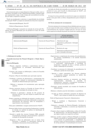 Documento descarregado pelo utilizador Adilson (10.8.0.12) em 29-03-2012 12:05:17.
                                                                                  © Todos os direitos reservados. A cópia ou distribuição não autorizada é proibida.



                  II SÉRIE — NO 20                 «B. O.» DA REPÚBLICA DE CABO VERDE — 28 DE MARÇO DE 2012 429
                    9. Comissões de serviço:                                                         Os chefes de divisão são nomeados em comissão de serviço, por um
                                                                                                   período de 3 anos, pelo Conselho de Administração do “SAAT”;, sob
                     O recrutamento para os cargos dirigentes é feito por escolha, entre os        proposta do Presidente deste órgão.
                  indivíduos vinculados ou não à Administração Pública, podendo órgão
                  que superintende o cargo, a todo o tempo, por conveniência do serviço,
                  dar por ﬁnda a respectiva comissão.                                                 O tempo de serviço prestado no exercício de cargos em comissão de
                                                                                                   serviço conta para todos os efeitos, designadamente para evolução na
                    Tendo em consideração a natureza e a especiﬁcidade da actividade               carreira.
                  exercida pelo “SAAT”; os cargos em comissão de serviço são os seguintes:
                                                                                                      10. Níveis mínimos de recrutamento:
                        - Administrador/Delegado, Nível IV

                        - Chefes de Departamento, Nível II                                            Os níveis mínimos de recrutamento foram deﬁnidos para que os aces-
                                                                                                   sos aos cargos de cheﬁa sejam escolhidos de forma objectiva e mediante
                     O Director-Delegado é nomeado em comissão de serviço pelo Pre-
                                                                                                   o preenchimento dos requisitos exigidos pela Lei, sem pôr em causa
                  sidente da Câmara Municipal, por um período de 3 anos, de acordo
                                                                                                   outros aspectos de selecção do pessoal, de acordo com o quadro seguinte:
                  com o Estatuto.


                                                                                                                                    NÍVEIS MÍNIMOS
                                 CARGOS EM COMISSÃO DE SERVIÇO                            CARREIRAS
                                                                                                                                   DE RECRUTAMENTO


                                 Administrador/Delegado                         Carreira de Pessoal Técnico               - Existência de vaga
                                                                                                                          -Experiência proﬁssional e formação
                                                                                                                          relevantes


                                 Chefes de Departamento                         Carreira de Pessoal Técnico               Existência de vaga
                                                                                                                          -Experiência proﬁssional mínima de 4
                                                                                                                          anos e formação relevantes


                    1. Deﬁnição de tarefas:                                                                - Supervisionar o cumprimento das normas, dos procedimentos,
                                                                                                                 dos critérios contabilísticos e de controlo ﬁnanceiro
                     Conteúdo funcional do Pessoal Dirigente e Cheﬁa Opera-                                      estabelecidos;
1 504000 002089




                  cional:
                                                                                                           - Controlar a gestão patrimonial do “SAAT”; a sua manutenção
                    Director/Delegado:                                                                           e conservação, supervisionando a actividade de
                                                                                                                 prospecção e aquisição de bens e serviços, gestão de
                        - Planear, organizar, coordenar e supervisionar técnica e                                stocks e elaboração do inventário;
                              funcionalmente as actividades desenvolvidas pelo
                              Serviço;                                                                     - Coordenar os processos de elaboração de procedimentos de
                                                                                                                 utilização e gestão do recurso agua;
                        - Cumprir e faz cumprir as deliberações e ordens do Conselho
                             de Administração;                                                             - Apreciar e emitir comentários aos diversos relatórios
                                                                                                                e documentos técnicos produzidos no âmbito das
                        - Preparar o Plano de Actividades para aprovação superior;                              actividades do “SAAT”;
                        - Coordenar o processo de planeamento e orçamentação das
                                                                                                           - Autorizar despesas previstas no orçamento, nos limites
                              actividades e submete os instrumentos elaborados ao
                                                                                                                 regulamentados,     destinadas   à  aquisição    de
                              Conselho de Administração para aprovação;
                                                                                                                 equipamentos, materiais e ferramentas necessárias à
                                                                                                                 execução das actividades do “SAAT”;
                         - Elaborar o orçamento de investimentos para aprovação
                              superior;
                                                                                                           - Participar, quando convidado, nas reuniões do Conselho de
                        - Prestar assessoria técnica ao Conselho de Gestão (CG) na                                Administração;
                               deﬁnição de estratégias de actuação na área;
                                                                                                           - Elaborar o relatório anual de Actividades e os periódicos;
                         - Submeter à apreciação e decisão do CG assuntos de
                             natureza diversa e que não estejam no âmbito das suas                             - E todas as demais atribuições constantes do Estatuto do
                             competências;                                                                          “SAAT”; e que estejam no âmbito das suas atribuições.

                        - Propor e participa na celebração de contratos e acordos com as                   Chefe de Departamento Comercial e Administrativo:
                               entidades públicas ou privadas, elaborando os respectivos
                               instrumentos dos processos, além de acompanhar e                            -     Dirigir e coordenar             o    Departamento     Comercial   e
                               supervisionar a sua execução;                                                        Administrativo;

                        - Zelar pela credibilidade e imagem institucional do “SAAT”;                       - Submeter a despacho do Director-Delegado, devidamente
                                                                                                                instruídos e informados, os assuntos que dependem da
                        - Fornecer dados técnicos que permitam fundamentar a tomada                             sua resolução;
                               de decisão em matéria de política de distribuição de
                               água, tarifas e outras;                                                     -Cumprir e fazer cumprir as deliberações e ordens do Conselho
                                                                                                                de Administração e do Director-Delegado nos assuntos
                        - Garantir a gestão dos recursos humanos (RH), propondo                                 que digam respeito aos respectivos serviços;
                              recrutamentos, formação e desenvolvimento, e garante a
                              avaliação do desempenho do pessoal;                                          - Informar, estudar e propor ao Director Delegado as actuações
                                                                                                                  julgadas necessárias ao aperfeiçoamento organizacional
                        - Assegurar o ﬂuxo de informações com as outras áreas                                     e ao aumento da produtividade e rentabilidade dos
                              funcionais e estabelece os mecanismos efectivos de                                  serviços a cargo e ao desenvolvimento e melhoria do nível
                              circulação de documentos técnico proﬁssionais,                                      de serviço prestado e à racionalização de recursos;


                                      https://kiosk.incv.cv                                                       E339411A-E1EF-41E5-8B65-B68556A45D1B
 