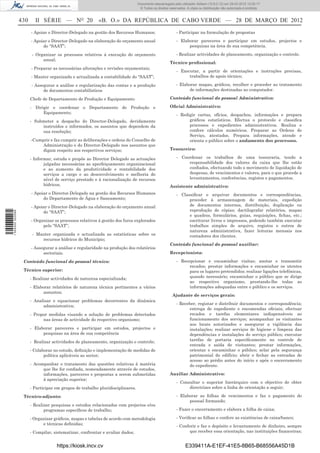 Documento descarregado pelo utilizador Adilson (10.8.0.12) em 29-03-2012 12:05:17.
                                                                                  © Todos os direitos reservados. A cópia ou distribuição não autorizada é proibida.


                  430     II SÉRIE — NO 20                «B. O.» DA REPÚBLICA DE CABO VERDE — 28 DE MARÇO DE 2012
                        - Apoiar o Director-Delegado na gestão dos Recursos Humanos;                       - Participar na formulação de propostas
                        - Apoiar o Director-Delegado na elaboração do orçamento anual                      - Elaborar pareceres e participar em estudos, projectos e
                              do “SAAT”;                                                                         pesquisas na área de sua competência.

                         - Organizar os processos relativos á execução do orçamento                        - Realizar actividades de planeamento, organização e controle.
                              anual;
                                                                                                      Técnico proﬁssional:
                        - Preparar as necessárias alterações e revisões orçamentais;
                                                                                                           - Executar, a partir de orientações e instruções precisas,
                        - Manter organizada e actualizada a contabilidade do “SAAT”;                             trabalhos de apoio técnico;

                        - Assegurar a análise e regularização das contas e a produção                      - Elaborar mapas, gráﬁcos, recolher e proceder ao tratamento
                              de documentos contabilísticos                                                       de informações destinadas ao computador.

                        Chefe de Departamento de Produção e Equipamento:                              Conteúdo funcional do pessoal Administrativo:

                        - Dirigir e coordenar o Departamento de Produção e                            Oﬁcial Administrativo:
                              Equipamento;                                                                 - Redigir cartas, ofícios, despachos, informações e prepara
                        - Submeter a despacho do Director-Delegado, devidamente                                  gráﬁcos estatísticos. Efectua o protocolo e classiﬁca
                             instruídos e informados, os assuntos que dependem da                                processos e expedientes administrativos. Realiza e
                             sua resolução;                                                                      confere cálculos numéricos. Preparar as Ordens de
                                                                                                                 Serviço, atestados. Prepara informações, atende e
                        -Cumprir e faz cumprir as deliberações e ordens do Conselho de                           orienta o público sobre o andamento dos processos.
                             Administração e do Director-Delegado nos assuntos que
                             digam respeito aos respectivos serviços;                                 Tesoureiro:

                        - Informar, estuda e propõe ao Director Delegado as actuações                      - Coordenar os trabalhos de uma tesouraria, tendo a
                               julgadas necessárias ao aperfeiçoamento organizacional                           responsabilidade dos valores da caixa que lhe estão
                               e ao aumento da produtividade e rentabilidade dos                                conﬁados, efectuando todo o movimento de liquidação de
                               serviços a cargo e ao desenvolvimento e melhoria do                              despesas, de vencimentos e valores, para o que procede a
                               nível de serviço prestado e à racionalização de recursos                         levantamentos, conferências, registos e pagamentos.
                               hídricos;                                                              Assistente administrativo:
                        - Apoiar o Director-Delegado na gestão dos Recursos Humanos                        - Classiﬁcar e arquivar documentos e correspondências,
                              do Departamento de Água e Saneamento;                                              proceder à armazenagem de materiais, expedição
                        - Apoiar o Director-Delegado na elaboração do orçamento anual                            de documentos internos, distribuição, duplicação ou
                                                                                                                 reprodução de cópias; dactilografar relatórios, mapas
1 504000 002089




                              do “SAAT”;
                                                                                                                 e quadros, formulários, guias, requisições, ﬁchas, etc.;
                        - Organizar os processos relativos á gestão dos furos explorados                         escriturar livros e impressos, podendo também executar
                              pelo “SAAT”;                                                                       trabalhos simples de arquivo, registos e outros de
                                                                                                                 natureza administrativa, fazer leituras mensais nos
                         - Manter organizada e actualizada as estatísticas sobre os                              contadores dos clientes.
                             recursos hídricos do Município;
                                                                                                      Conteúdo funcional do pessoal auxiliar:
                        - Assegurar a análise e regularidade na produção dos relatórios
                              sectoriais.                                                             Recepcionista:

                   Conteúdo funcional do pessoal técnico:                                                  - Recepcionar e encaminhar visitas; anotar e transmitir
                                                                                                                 recados; prestar informações e encaminhar os utentes
                   Técnico superior:                                                                             para os lugares pretendidos; realizar ligações telefónicas,
                        - Realizar actividades de natureza especializada;                                        quando necessário; encaminhar o público que se dirige
                                                                                                                 ao respectivo organismo, prestando-lhe todas as
                        - Elaborar relatórios de natureza técnica pertinentes a vários                           informações adequadas entre o público e os serviços.
                              assuntos;
                                                                                                        Ajudante de serviços gerais:
                        - Analisar e equacionar problemas decorrentes da dinâmica
                                                                                                           - Receber, registar e distribuir documentos e correspondência;
                              administrativa;
                                                                                                                 entrega de expediente e encomendas oﬁciais; efectuar
                        - Propor medidas visando a solução de problemas detectados                               recados e tarefas elementares indispensáveis ao
                              nas áreas de actividade do respectivo organismo;                                   funcionamento dos serviços; acompanhar os visitantes
                                                                                                                 aos locais autorizados e assegurar a vigilância das
                        - Elaborar pareceres e participar em estudos, projectos e                                instalações; realizar serviços de higiene e limpeza das
                              pesquisas na área de sua competência                                               dependências e instalações do serviço público; executar
                        - Realizar actividades de planeamento, organização e controle;                           tarefas de portaria especiﬁcamente no controle de
                                                                                                                 entrada e saída de visitantes; prestar informações,
                        - Colaborar no estudo, deﬁnição e implementação de medidas de                            orientar e encaminhar o público; zelar pela segurança
                               política aplicáveis ao sector;                                                    patrimonial do edifício; abrir e fechar as entradas de
                                                                                                                 acesso ao prédio antes do início e após o encerramento
                        - Acompanhar o tratamento das questões relativas à matéria                               do expediente.
                              que lhe for conﬁada, nomeadamente através de estudos,
                              informações, pareceres e propostas a serem submetidas                   Auxiliar Administrativo:
                              à apreciação superior;
                                                                                                           - Consultar o superior hierárquico com o objectivo de obter
                        - Participar em grupos de trabalho pluridisciplinares.                                   directrizes sobre a linha de orientação a seguir;

                   Técnico-adjunto:                                                                        - Elaborar as folhas de vencimentos e faz o pagamento do
                                                                                                                 pessoal formando;
                        - Realizar pesquisas e estudos relacionados com projectos e/ou
                               programas especíﬁcos de trabalho;                                           - Fazer o encerramento e elabora a folha de caixa;

                        - Organizar gráﬁcos, mapas e tabelas de acordo com metodologia                     - Veriﬁcar as folhas e confere as existências de caixa/banco;
                              e técnicas deﬁnidas;
                                                                                                           - Conferir e faz o depósito e levantamento de dinheiro, sempre
                        - Compilar, sistematizar, confrontar e avaliar dados;                                     que receber essa orientação, nas instituições ﬁnanceiras;


                                     https://kiosk.incv.cv                                                       E339411A-E1EF-41E5-8B65-B68556A45D1B
 