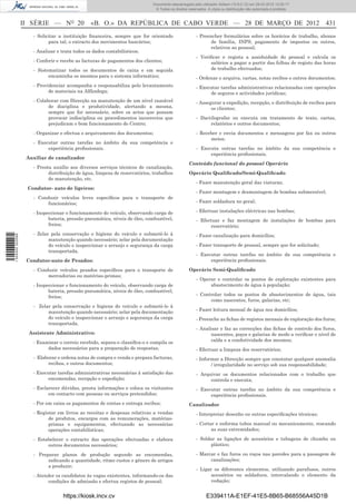 Documento descarregado pelo utilizador Adilson (10.8.0.12) em 29-03-2012 12:05:17.
                                                                            © Todos os direitos reservados. A cópia ou distribuição não autorizada é proibida.



                  II SÉRIE — NO 20              «B. O.» DA REPÚBLICA DE CABO VERDE — 28 DE MARÇO DE 2012 431
                     - Solicitar a instituição ﬁnanceira, sempre que for orientado                   - Preencher formulários sobre os horários de trabalho, abonos
                            para tal, o extracto dos movimentos bancários;                                 de família, INPS, pagamento de impostos ou outros,
                                                                                                           relativos ao pessoal;
                     - Analisar e trata todos os dados contabilísticos;
                                                                                                     - Veriﬁcar e regista a assiduidade do pessoal e calcula os
                     - Conferir e recebe as facturas de pagamentos dos clientes;                           salários a pagar a partir das folhas de registo das horas
                     - Sistematizar todos os documentos de caixa e em seguida                              de trabalho efectuados;
                            encaminha os mesmos para o sistema informático;                          - Ordenar e arquiva, cartas, notas recibos e outros documentos;
                     - Providenciar acompanha e responsabiliza pelo levantamento                     - Executar tarefas administrativas relacionadas com operações
                            de materiais na Alfândega;                                                     de seguros e actividades jurídicas;
                     - Colaborar com Direcção na manutenção de um nível razoável                     - Assegurar a expedição, recepção, e distribuição de recibos para
                            de disciplina e produtividade, alertando a mesma,                               os clientes;
                            sempre que for necessário, sobre os actos que possam
                            provocar indisciplina ou procedimentos incorrectos que                   - Dactilografar ou executa em tratamento de texto, cartas,
                            prejudicam o bom funcionamento do Centro;                                      relatórios e outros documentos;
                     - Organizar e efectua o arquivamento dos documentos;                            - Receber e envia documentos e mensagens por fax ou outros
                                                                                                           meios;
                     - Executar outras tarefas no âmbito da sua competência e
                           experiência proﬁssionais.                                                 - Executa outras tarefas no âmbito da sua competência e
                                                                                                           experiência proﬁssionais.
                   Auxiliar de canalizador
                                                                                                Conteúdo funcional do pessoal Operário
                     - Presta auxílio aos diversos serviços técnicos de canalização,
                            distribuição de água, limpeza de reservatórios, trabalhos           Operário Qualiﬁcado/Semi-Qualiﬁcado
                            de manutenção, etc.
                                                                                                     - Fazer manutenção geral das viaturas;
                   Condutor- auto de ligeiros:
                                                                                                     - Fazer montagem e desmontagem de bombas submersível;
                     - Conduzir veículos leves especíﬁcos para o transporte de
                           funcionários;                                                             - Fazer soldadura no geral;

                     - Inspeccionar o funcionamento do veículo, observando carga de                  - Efectuar instalações eléctricas nas bombas;
                            bateria, pressão pneumática, níveis de óleo, combustível,                - Efectuar e faz montagem de instalações de bombas para
                            freios;                                                                         reservatório;
                     - Zelar pela conservação e higiene do veículo e submetê-lo à
1 504000 002089




                                                                                                     - Fazer canalização para domicílios;
                            manutenção quando necessário; zelar pela documentação
                            do veículo e inspeccionar o arranjo e segurança da carga                 - Fazer transporte de pessoal, sempre que for solicitado;
                            transportada.
                                                                                                     - Executar outras tarefas no âmbito da sua competência e
                   Condutor-auto de Pesados:                                                               experiência proﬁssionais.

                     - Conduzir veículos pesados especíﬁcos para o transporte de                Operário Semi-Qualiﬁcado
                           mercadorias ou matérias-primas;
                                                                                                     - Operar e controlar os pontos de exploração existentes para
                     - Inspeccionar o funcionamento do veículo, observando carga de                        abastecimento de água à população;
                            bateria, pressão pneumática, níveis de óleo, combustível,
                            freios;                                                                  - Controlar todos os pontos de abastecimentos de água, tais
                                                                                                           como nascentes, furos, galarias, etc;
                     - Zelar pela conservação e higiene do veículo e submetê-lo à
                           manutenção quando necessário; zelar pela documentação                     - Fazer leitura mensal de água nos domicílios;
                           do veículo e inspeccionar o arranjo e segurança da carga                  - Preenche as ﬁchas de registos mensais de exploração dos furos;
                           transportada.
                                                                                                     - Analisar e faz as correcções das ﬁchas de controlo dos furos,
                    Assistente Administrativo:                                                              nascentes, poços e galarias de modo a veriﬁcar o nível de
                     - Examinar o correio recebido, separa-o classiﬁca-o e compila os                       calda e a condutividade dos mesmos;
                           dados necessários para a preparação de respostas;                         - Efectuar a limpeza dos reservatórios;
                     - Elaborar e ordena notas de compra e venda e prepara facturas,                 - Informar a Direcção sempre que constatar qualquer anomalia
                           recibos, e outros documentos;                                                    / irregularidade no serviço sob sua responsabilidade;
                     - Executar tarefas administrativas necessárias à satisfação das                 - Arquivar os documentos relacionados com o trabalho que
                           encomendas, recepção e expedição;                                               controla e executa;
                     - Esclarecer dúvidas, presta informações e coloca os visitantes                 - Executar outras tarefas no âmbito da sua competência e
                            em contacto com pessoas ou serviços pretendidos;                               experiência proﬁssionais.
                     - Por em caixa os pagamentos de contas e entrega recibos;                  Canalizador
                     - Registar em livros as receitas e despesas relativas a vendas                  - Interpretar desenho ou outras especiﬁcações técnicas;
                            de produtos, encargos com as remunerações, matérias-
                            primas e equipamentos, efectuando as necessárias                         - Cortar e enforma tubos manual ou mecanicamente, roscando
                            operações contabilísticas;                                                      as suas extremidades;

                     - Estabelecer o extracto das operações efectuadas e elabora                     - Soldar as ligações de acessórios e tubagens de chumbo ou
                           outros documentos necessários;                                                  plástico;

                     - Preparar planos de produção segundo as encomendas,                            - Marcar e faz furos ou roços nas paredes para a passagem de
                           indicando a quantidade, ritmo custos e género de artigos                        canalizações;
                           a produzir;
                                                                                                     - Ligar os diferentes elementos, utilizando parafusos, outros
                     - Atender os candidatos às vagas existentes, informando-os das                        acessórios ou soldadura, intercalando o elemento da
                           condições de admissão e efectua registos de pessoal;                            vedação;


                                   https://kiosk.incv.cv                                                   E339411A-E1EF-41E5-8B65-B68556A45D1B
 