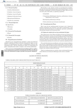 Documento descarregado pelo utilizador Adilson (10.8.0.12) em 29-03-2012 12:05:17.
                                                                                  © Todos os direitos reservados. A cópia ou distribuição não autorizada é proibida.



                  II SÉRIE — NO 20                 «B. O.» DA REPÚBLICA DE CABO VERDE — 28 DE MARÇO DE 2012 433
                    C. 3 - Pessoal Auxiliar                                                           Recomenda-se, pois, alguma cautela no enquadramento imediato,
                                                                                                   pois que este irá ser determinante para o futuro proﬁssional e vivência
                       ▪ Auxiliar Administrativo                                                   do próprio trabalhador no Serviço Autónomo de Água. Dever-se-á ter
                                                                                                   em conta, para cada titular, os seguintes requisitos:
                       ▪ Condutor- Auto de Ligeiros

                       ▪ Condutor- Auto de Pesados                                                         •Antiguidade

                       ▪ Ajudante de Serviços Gerais                                                       • Competência (Habilitações literárias, proﬁssionais, técnicas,
                                                                                                                experiências, entre outras)
                       ▪ Recepcionista/Telefonista
                                                                                                           •Desempenho proﬁssional no Serviço
                       ▪ Auxiliar de canalizador
                                                                                                           • Outros elementos que mereçam consideração
                    C. 4 – Pessoal Operário
                                                                                                      D2 – Normalização do Plano
                    Não Qualiﬁcado:
                                                                                                      Não é mais de que regulamentação do mesmo, isto é, ﬁxação de
                       ▪ Motorista
                                                                                                   critérios normativos que orientará, com todos os pormenores, a sua
                       ▪ Vendedor                                                                  aplicação. Esta Norma deverá ser elaborada, aprovada e publicitada
                                                                                                   num período máximo de 60 (sessenta) dias
                    C.5 - Pessoal de Fiscalização:
                                                                                                      13. O plano de salários do serviço autónomo de água:
                       ▪ Fiscal
                                                                                                      Para elaborarmos o Novo Plano de Salários do Serviço Autónomo de
                    C. 6 - Pessoal de Prevenção                                                    Água e Saneamento, tivemos em consideração o actual Tabela Salarial
                       ▪ Guarda                                                                    vigente e o aumento salarial previsto para 2010 é foi de 1,75%. Para
                                                                                                   o ano de 2011 não se prevê qualquer actualização salarial, pelo que a
                    D1 – Enquadramento Imediato                                                    estrutura salarial é a mesma de 2010. Para o ano de 2012 serão feitos
                                                                                                   os ajustamentos salariais, de acordo com o aumento salarial previsto.
                     Entende-se por “enquadramento imediato” o ponto de partida da
                  adopção e aplicação do Plano no Serviço Autónomo de Água, ou seja,                  Pois sendo de estruturas semelhantes, este terá a mesma conﬁgura-
                  trata-se de enquadramento de todos os trabalhadores efectivos que                ção, ou seja, a distribuição dos salários pela grelha é exclusiva compe-
                  transitarão para o Serviço Autónomo de Água, na engrenagem do                    tência do Conselho de Administração do Serviço Autónomo de Água e
                  plano, começando deste modo a cumprir a sua carreira proﬁssional.                Saneamento, pois, a mesma respeita os pressupostos importantes que
                                                                                                   brigam com a política salarial do Serviço.
                     Muito importante: O enquadramento imediato pode ser aplica-
                  do já, independentemente da normalização do Plano, desde que                       Tanto os escalonamentos na vertical, como na horizontal são total-
1 504000 002089




                  o Serviço Autónomo de Água entenda conveniente adoptá-lo.                        mente ﬂexíveis em termos de diferenças entre níveis e escalões.

                                                                                         ANEXO I

                                                                        QUADRO DE PESSOAL PROPOSTO

                                                                                         ANEXO II

                    TABELA SALARIAL DOS CARGOS EFECTIVOS DO SAAT PARA 2011.

                                                                                 REMUNERAÇÃO BASE

                                                                                          ESCALÃO

                   REF”           A             B                 C                D                   E                  F                  G                   H         I

                      13    64.426 ESC.     69.998 ESC.       77.867 ESC.     82.580 ESC.        84.090 ESC. 87.307 ESC.
                      12    59.428 ESC.     62.493 ESC.       64.512 ESC.     68.466 ESC.        71.528 ESC. 83.993 ESC.
                      11    54.696 ESC.     54.833 ESC.       57.898 ESC.     60.962 ESC.        64.018 ESC. 67.087 ESC.
                      10    42.000 ESC.     41. 049 ESC.      46.260 ESC.     48.709 ESC.        51.781 ESC. 54.832 ESC.               59.428 ESC.
                       9    35.821 ESC.     39.475 ESC.       39.949 ESC.     41. 400 ESC.       46.560 ESC. 48.709 ESC. 51. 769 ESC.                      54.456 ESC.
                       8    30.094 ESC.     32.993 ESC.       41. 969 ESC.    42.352 ESC.        40.762 ESC. 42.580 ESC.               45.683 ESC.         48.709 ESC.
                       7    27.841 ESC.     29.183 ESC.       31.006 ESC.     32.349 ESC.        36.855 ESC. 39.755 ESC.               39.949 ESC.         41.049 ESC.
                       6    23.981 ESC.     26.234 ESC.       27.842 ESC.     30.094 ESC.        32.334 ESC. 39.239 ESC.               39.725 ESC.         39.828 ESC.
                       5    22.532 ESC.     23.981 ESC.       26.232 ESC.     28.487 ESC.        30.778 ESC. 32.993 ESC.               39.053 ESC.         39.738 ESC.
                       3    21.726 ESC.     23.269 ESC.       23.919 ESC.     27.792 ESC.        29.290 ESC. 30.738 ESC.               32.334 ESC.         36.050 ESC. 37.806 ESC.
                            21.083 ESC.     21. 726 ESC.      23.336 ESC.     24.785 ESC.        26.232 ESC. 27.842 ESC.               29.290 ESC.         31.544 ESC. 34.898 ESC.
                       2    18.829 ESC.     20.277 ESC.       21.726 ESC.     23.335 ESC.        24.784 ESC. 26.232 ESC.               27.037 ESC.         27.842 ESC. 28.357 ESC.
                       1    13.984 ESC.     15.383 ESC.       18.026 ESC.     19.475 ESC.        21.082 ESC. 22.533 ESC.               22.963 ESC.         25.588 ESC. 26.175 ESC.


                                                                                        ANEXO III
                                                                TABELA SALARIAL PARA OS CARGOS DE GESTÃO

                                           CARGOS DE GESTÃO                  REMUNERAÇÃO PROPOSTA                        IMPACTO SALARIAL/ANO

                                          Director/Delegado                                 116.322$00 ECV                            1.395.864$00 ECV

                                          Chefes de Divisão                                   79.500$00 ECV                              954.000$00 ECV


                                      https://kiosk.incv.cv                                                      E339411A-E1EF-41E5-8B65-B68556A45D1B
 