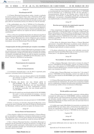 Documento descarregado pelo utilizador Adilson (10.8.0.12) em 29-03-2012 12:05:17.
                                                                                  © Todos os direitos reservados. A cópia ou distribuição não autorizada é proibida.


                  406        II SÉRIE — NO 20                 «B. O.» DA REPÚBLICA DE CABO VERDE — 28 DE MARÇO DE 2012
                                                 Artigo 21º                                           3. Fica a Câmara Municipal incumbida de proceder ao levantamento
                                                                                                   e a inventariação das taxas deﬁnidas no artigo 6º da Lei nº 79/VI/2005
                                          Fiscalização do IUP                                      de 05 de Setembro que, no Município do Sal, não são aplicadas e,
                                                                                                   consequentemente, deixam de ser cobradas, para o reforço da base
                     1. A Câmara Municipal desencadeará acções, visando a avaliação                orçamental, diversiﬁcada e qualiﬁcada, ﬁxada pelo artigo 6º desta
                  de imóveis sujeitos ao Imposto Único sobre o Património (IUP), para              deliberação, a ser presente a Assembleia Municipal, com propostas da
                  efeitos de determinação da base tributável sempre que o valor real de-           sua implementação, no decorrer do ano de 2012.
                  clarado pelo contribuinte, quer para efeito de inscrição na matriz, quer
                  para efeito de transmissão onerosa, for inferior ao valor do mercado.                                                   Artigo 25º
                     2. Em conformidade com a Lei nº 79/V/98 de 07 de Dezembro, a
                  Câmara Municipal continuará a promover as condições institucionais                          Receitas provenientes da organização espacial
                  criadas em 2011, nomeadamente com a Conservatória dos Registos e                                          de áreas urbanas
                  Notariado, com vista a que esta continue a fornecer periodicamente, à
                  CM as informações relativas aos registos de imóveis realizados pelos                1. Para cumprimento do disposto na alínea a) do artigo 6º da pre-
                  contribuintes.                                                                   sente deliberação, a Câmara Municipal vai proceder a elaboração dos
                                                                                                   Planos Urbanísticos dos Núcleos Urbanos da Ribeira de Feijoal, Oito
                     3. Para o reforço da capacidade ﬁscalizadora da Administração Fiscal          Vinte e Quatro, Horta e Zonas de Expansão de Santa Maria, nos termos
                  Municipal e para prossecução dos objectivos estabelecidos no nº1 deste           estabelecidos pela Lei nº 85/IV/93 de 16 de Julho e em ordem a poder
                  artigo, a Câmara Municipal deve encetar diligências para constituir              satisfazer os pedidos de lotes de terreno para construção urbana de
                  uma equipa de avaliação de imóveis que incluirá, além de técnicos                mais de 6.000 pessoas.
                  municipais, outros da Administração Fiscal do Estado.
                                                                                                      2. Para efeitos de elaboração destes Planos, a Câmara Municipal
                                                 Artigo 22º                                        apresentará a Assembleia Municipal, na próxima sessão ordinária, a
                                                                                                   proposta da sua delimitação, em conformidade com a alínea a) do nº1
                  Compensações devidas pelo Estado por isenções concedidas                         do diploma legal indicado no número anterior;

                     Durante o ano de 2012, a Câmara Municipal vai prosseguir os esfor-               3. Os planos urbanísticos das zonas acima indicadas carecem da
                  ços necessários que visem as negociações para restituição das compen-            aprovação ﬁnal da Assembleia Municipal, nos termos precisos estabe-
                  sações respeitantes a perdas de receitas ﬁscais resultante de isenções           lecidos pelo nº 5 do diploma legal em referenciado.
                  ou reduções concedidas pelo Estado, em sede de impostos municipais,
                  nos termos do art.º 22 da Lei nº 79/V/2005 de 05 de Setembro e do nº 2
                                                                                                                                          Artigo 26º
                  do art.º 9 da Lei nº 79/V/98 de 07 de Dezembro

                                                Capítulo VI                                                        Necessidades de outros ﬁnanciamentos
1 504000 002089




                                     Financiamento do orçamento                                      1. Pode a Câmara Municipal, observando os termos do artigo 8º
                                                                                                   da Lei nº 79/VI2005 de 05 de Setembro, contrair um crédito de médio
                                                 Artigo 23º                                        prazo, com o valor máximo de 45.000.000$00, para ﬁnanciamento do
                                                                                                   projecto Conjunto Habitacionais, constante do mapa de investimentos
                                       Fontes de ﬁnanciamento                                      para o ano económico de 2012.
                     1. O orçamento municipal para o ano de 2012 é suportado pelas
                                                                                                     2. Pode ainda a Câmara Municipal, nos termos do nº 3 do artigo 8º
                  seguintes e principais fontes de ﬁnanciamento:
                                                                                                   da Lei nº 79/VI/2005 de 05 de Setembro, contrair um crédito de curto
                                                                                                   prazo, no valor máximo de 68.000.000$00, para suprir diﬁculdades de
                        a) Receitas ﬁscais, com uma dotação global de 322.700.000$00,
                                                                                                   Tesouraria.
                              que incluem os impostos, multas e outras penalidades
                              ﬁscais criados por lei;
                                                                                                      3. A Câmara Municipal desencadeia as acções necessárias tendente
                        b)   Receitas não ﬁscais, com uma dotação global de                        à concretização dos empréstimos, de acordo com os requisitos exigidos
                               239.745.000$00, em que se destacam o Fundo de                       por lei e cumprindo as condições oferecidas pelas instituições ﬁnanceiras
                               Financiamento do Município, com uma disponibilidade                 do mercado que melhor sirvam os interesses do Município.
                               de 87.987.012$00, e as taxas, emolumentos e outros
                               de legalidade constituída, com uma dotação global de                                                       Artigo 27º
                               115.187.988$00;
                                                                                                                              Dívida pública municipal
                        c) Receitas de capital com uma dotação global de 255.465.000$00,
                               das quais a receita proveniente de terrenos e recursos                 1. Fica a Câmara Municipal autorizada a aumentar a dívida pública
                               naturais, com uma dotação de 250.000.000$00, é a mais               municipal de médio prazo em 45.000.000$00, conforme estabelecido
                               importante;                                                         no artigo anterior, para ﬁnanciamento do projecto conjunto habitacio-
                                                                                                   nal, devendo, contudo, cumprir os requisitos legais estabelecidos no
                        d) Operações ﬁnanceiras com uma previsão de 113.000.000$00                 diploma legal indicado no artigo anterior para sua aprovação ﬁnal na
                                                                                                   Assembleia Municipal.
                     2. Podem, no entanto, ser colocados a disposição do Município, outros
                  recursos por parte do Estado, para além do Fundo do Financiamento
                  dos Municípios, conforme o previsto no regime das ﬁnanças locais.                   2. O crédito para suprir diﬁculdades de tesouraria no montante de
                                                                                                   68.000.000$00 não tem efeitos sobre a dívida ﬁscal de médio prazo e
                                                 Artigo 24º                                        deverá ser amortizado no decorrer do ano, em conformidade com o
                                                                                                   disposto no nº 8 do artigo 8º da Lei nº 79/VI/2005 de 05 de Setembro.
                                   Outras fontes de ﬁnanciamento
                                                                                                                                         Capítulo VII
                    1. Para colmatar o deﬁcit de receitas municipais, a Câmara Munici-
                  pal vai intensiﬁcar as diligências e iniciativas institucionais no quadro                                               Artigo 28º
                  das negociações com o Governo para cobrança da percentagem a que
                  o Município tem direito no produto da venda de terrenos das ZDTI.                                                 Disposições ﬁnais
                     2. Deve a Câmara Municipal facultar a Assembleia Municipal os
                  elementos que for apurando no decorrer do processo e ao longo do ano               A presente deliberação entra em vigor no dia 1 de Janeiro do ano
                  de 2012 para análise, apreciação e deliberação de outras medidas que             2012.
                  este órgão municipal entender por necessárias para salvaguardar o
                  interesse colectivo municipal.                                                      Aprovada em 27 de Janeiro de 2012.


                                      https://kiosk.incv.cv                                                      E339411A-E1EF-41E5-8B65-B68556A45D1B
 