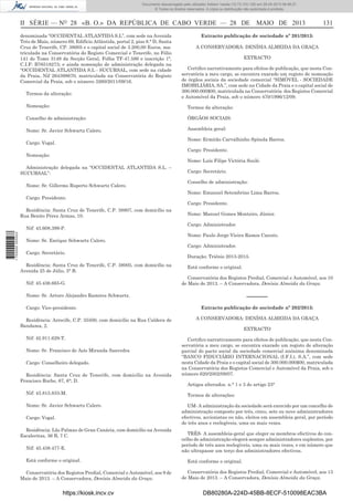 Documento descarregado pelo utilizador Adilson Varela (10.73.103.139) em 29-05-2013 08:48:27.
© Todos os direitos reservados. A cópia ou distribuição não autorizada é proibida.

II SÉRIE — NO 28 «B. O.» DA REPÚBLICA DE CABO VERDE — 28 DE MAIO DE 2013
denominada “OCCIDENTAL ATLANTIDA S.L”, com sede na Avenida
Três de Maio, número 69, Edifício Atlântida, portal 2, piso 8.° D, Santa
Cruz de Tenerife, CP. 38005 e o capital social de 3.200,00 Euros, matriculada na Conservatória do Registo Comercial e Tenerife, no Fólio
141 do Tomo 3149 da Secção Geral, Folha TF-47.586 e inscrição 1ª,
C.I.F: B76518273; e ainda nomeação de administração delegada na
“OCCIDENTAL ATLANTIDA S.L - SUCURSAL, com sede na cidade
da Praia, Nif 264398670, matriculada na Conservatória do Registo
Comercial da Praia, sob o número 3260/2011/09/16.
Termos da alteração:

Extracto publicação de sociedade nº 201/2013:
A CONSERVADORA: DENÍSIA ALMEIDA DA GRAÇA
EXTRACTO
Certiﬁco narrativamente para efeitos de publicação, que nesta Conservatória a meu cargo, se encontra exarado um registo de nomeação
de órgãos sociais da sociedade comercial “SIMÓVEL - SOCIEDADE
IMOBILIÁRIA, SA.”, com sede na Cidade da Praia e o capital social de
300.000.000$00, matriculada na Conservatória dos Registos Comercial
e Automóvel da Praia, sob o número 470/1996/12/09.

Nomeação:

Termos da alteração:

Conselho de administração:

ÓRGÃOS SOCIAIS:

Nome: Sr. Javier Schwartz Calero.

Assembleia geral:
Nome: Ermitão Carvalhinho Spínola Barros.

Cargo: Vogal.

Cargo: Presidente.

Nomeação:

Nome: Luís Filipe Victória Soulé.

Administração delegada na “OCCIDENTAL ATLANTIDA S.L. –
SUCURSAL”:
Nome: Sr. Gillermo Ruperto Schwartz Calero.
Cargo: Presidente.
Residência: Santa Cruz de Tenerife, C.P. 38807, com domicílio na
Rua Benito Pérez Armas, 10.
Nif: 43.608.399-P.
1 700000 005433

131

Nome: Sr. Enrique Schwartz Calero.
Cargo: Secretário.
Residência: Santa Cruz de Tenerife, C.P. 38005, com domicílio na
Avenida 25 de Júlio, 3° B.
Nif: 45.436.665-G.

Cargo: Secretário.
Conselho de administração:
Nome: Emanuel Setembrino Lima Barros.
Cargo: Presidente.
Nome: Manuel Gomes Monteiro, Júnior.
Cargo: Administrador.
Nome: Paulo Jorge Vieira Ramos Canuto.
Cargo: Administrador.
Duração: Triénio 2013-2015.
Está conforme o original.
Conservatória dos Registos Predial, Comercial e Automóvel, aos 10
de Maio de 2013. – A Conservadora, Denísia Almeida da Graça.

––––––

Nome: Sr. Arturo Alejandro Ramirez Schwartz.
Cargo: Vice-presidente.
Residência: Arrecife, C.P. 35500, com domicílio na Rua Caldera de
Bandama, 2.
Nif: 42.911.629-T.
Nome: Sr. Francisco de Asís Miranda Saavedra
Cargo: Conselheiro delegado.
Residência: Santa Cruz de Tenerife, com domicílio na Avenida
Francisco Roche, 67, 6°; D.
Nif: 43.815.833-M.
Nome: Sr. Javier Schwartz Calero.
Cargo: Vogal.
Residência: Lãs Palmas de Gran Canária, com domicílio na Avenida
Escaleritas, 36 B, 7 C.
Nif: 45.438.477-E.
Está conforme o original.
Conservatória dos Registos Predial, Comercial e Automóvel, aos 9 de
Maio de 2013. – A Conservadora, Denísia Almeida da Graça.

https://kiosk.incv.cv

Extracto publicação de sociedade nº 202/2013:
A CONSERVADORA: DENÍSIA ALMEIDA DA GRAÇA
EXTRACTO
Certiﬁco narrativamente para efeitos de publicação, que nesta Conservatória a meu cargo, se encontra exarado um registo de alteração
parcial do pacto social da sociedade comercial anónima denominada
“BANCO FIDUCIÁRIO INTERNACIONAL (I.F.I.), S.A.”, com sede
nesta Cidade da Praia e o capital social de 300.000.000$00, matriculada
na Conservatória dos Registos Comercial e Automóvel da Praia, sob o
número 620/2002/09/07.
Artigos alterados. n.° 1 e 3 do artigo 23°
Termos de alterações:
UM- A administração da sociedade será exercido por um concelho de
administração composto por três, cinco, sete ou nove administradores
efectivos, accionistas ou não, eleitos em assembleia geral, por período
de três anos e reelegíveis, uma ou mais vezes.
TRÊS- A assembleia-geral que eleger os membros efectivos do concelho de administração elegerá sempre administradores suplentes, por
período de três anos reelegíveis, uma ou mais vezes, e em número que
não ultrapasse um terço dos administradores efectivos.
Está conforme o original.
Conservatória dos Registos Predial, Comercial e Automóvel, aos 13
de Maio de 2013. – A Conservadora, Denísia Almeida da Graça.

DB80280A-224D-45BB-8ECF-510098EAC3BA

 