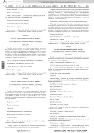 Documento descarregado pelo utilizador Adilson Varela (10.73.103.139) em 29-05-2013 08:48:27.
© Todos os direitos reservados. A cópia ou distribuição não autorizada é proibida.

II SÉRIE — NO 28 «B. O.» DA REPÚBLICA DE CABO VERDE — 28 DE MAIO DE 2013
Artigos alterados: 1.° e 12°.
Termos das alterações:
FIRMA: “INLOGISTICS - AGÊNCIA DE NAVEGAÇÃO E TRANSITÁRIOS, SOCIEDADE UNIPESSOAL, S.A.”.
Nomeação de administrador-delegado:
Daniel Olímpio Soares Brito Delgado.
Está conforme o original.
Conservatória dos Registos Predial, Comercial e Automóvel, aos 15
de Maio de 2013. – A Conservadora, Denísia Almeida da Graça.

––––––
Extracto publicação de sociedade nº 207/2013:
A CONSERVADORA: DENÍSIA ALMEIDA DA GRAÇA

Comércio a grosso não especializado, comércio de produtos destinados
ao controle de acesso, presença videosupervisão, controlo de rondas,
ampliação informáticas e software necessário para o funcionamento
de máquinas e sistemas hardware, manipulação de cartões, plásticos e
produtos derivados das mesmas, bem como as ampliações informáticas
e software necessário para o funcionamento de máquinas e comércio a
retalho de todos esses produtos;
Investigação e desenvolvimento das ciências sociais e humanas;
Fabricação de componentes electrónicos nomeadamente, produtos
destinados ao controle de acesso, presença, vídeosurpervição, controlo
de rondas, aplicações informáticas e softwares necessários para o funcionamento de máquinas e sistemas hardware, manipulação de cartões,
plásticos e produtos derivados das mesmas, bem como as ampliações
informáticas software necessário para o funcionamento de máquinas;
Formação proﬁssional;
A sociedade dedica-se a importação e a exportação.
Está conforme o original.
Conservatória dos Registos Predial, Comercial e Automóvel, aos 20
de Maio de 2013. – A Conservadora, Denísia Almeida da Graça.

EXTRACTO
Certiﬁco narrativamente para efeitos de publicação, que nesta
Conservatória a meu cargo, se encontra exarado um registo de dissolução e encerramento da liquidação da sociedade comercial por quotas
denominada “11.11”-AGROPECUÁRIA & TURISMO, LDA”, com sede
em Monte Vaca, Ilha de Santiago, e o capital social de 10.000.000$00,
matriculada na Conservatória dos Registos Comercial e Automóvel da
Praia, sob o número 796/2000/01/24.

1 700000 005433

FACTO INSCRITO: Dissolução, Encerramento da liquidação.
MATRICULA: 796/2000/01/24.-CANCELADA.

133

––––––
Extracto publicação de sociedade nº 209/2013
A CONSERVADORA: DENÍSIA ALMEIDA DA GRAÇA
EXTRACTO
Certiﬁco narrativamente para efeitos de publicação, que nesta
Conservatória a meu cargo, foi constituída uma sociedade comercial
por quotas, nos termos seguintes:
FIRMA: “MINI MERCADO MOOKIE, LDA”.
SEDE: 1. Achada Santo António, Cidade da Praia.

CAUSA: Deliberação de 9 de Maio de 2013.
Está conforme o original.
Conservatória dos Registos Predial, Comercial e Automóvel, aos 16
de Maio de 2013. – A Conservadora, Denísia Almeida da Graça.

––––––
Extracto publicação de sociedade nº 208/2013:
A CONSERVADORA: DENÍSIA ALMEIDA DA GRAÇA
EXTRACTO
Certiﬁco narrativamente para efeitos de publicação, que nesta
Conservatória, a meu cargo, se encontra exarado um registo de alteração do objecto social da sociedade comercial por quotas, denominada
“GRUPO SDI CV, LDA”, com sede na Cidade da Praia, com o capital
social de 200.000$00, matriculada nesta Conservatória sob o número
21431/2012/06/07.

2. A sociedade poderá abrir delegações, sucursais, ﬁliais e outras
formas de representação em qualquer parte do país, mediante deliberação da assembleia.
DURAÇÃO: Tempo indeterminado.
OBJECTO:
Venda a grosso e a retalho de produtos alimentícios, artigos de
primeira necessidade diversos, bebidas, refrigerantes, artigos de higiene
e limpeza e cosméticos.
CAPITAL: 100.000$00, realizado em dinheiro.
SÓCIOS E QUOTAS:
QUOTA: 50.000$00.
TITULAR: José Gomes Vieira Andrade.
Estado civil: Solteiro.
Residência: Palmarejo - Cidade da Praia.
Nif: 121423360.

Artigo alterado: 3°.

QUOTA: 50.000$00.

Termos da alteração:

TITULAR: José Vieira Andrade.
Estado civil: Casado no regime de comunhão de adquiridos com
Audilia Gomes Andrade.

OBJECTO:
Actividades imobiliárias por conta própria;
Actividades de contabilidade e auditoria;
Consultoria ﬁscal;
Actividades de investigação divulgação comercial e tecnológica,
comércio e cooperação industrial;
Comércio a retalho de computadores, unidades periféricas e programas informáticos, em estabelecimentos especializados;

https://kiosk.incv.cv

Residência: Palmarejo - Cidade da Praia.
Nif: 137882564.
GERÊNCIA: Exercida pelo sócio José Gomes Vieira Andrade.
FORMA DE OBRIGAR: Com a assinatura do gerente ou de um
procurador devidamente mandatado.
Está conforme o original.
Conservatória dos Registos Predial, Comercial e Automóvel, aos 24
de Maio de 2013. – A Conservadora, Denísia Almeida da Graça.

DB80280A-224D-45BB-8ECF-510098EAC3BA

 