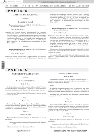 Documento descarregado pelo utilizador Adilson Varela (10.73.103.139) em 29-05-2013 08:48:27.
© Todos os direitos reservados. A cópia ou distribuição não autorizada é proibida.

500

II SÉRIE — NO 28 «B. O.» DA REPÚBLICA DE CABO VERDE — 28 DE MAIO DE 2013

PA RT E B
ASSEMBLEIA NACIONAL
––––––
Secretaria-Geral

Presidente da Assembleia Nacional, dada por ﬁnda a referida
comissão, ao abrigo do disposto na alínea a) do n.º 6 do artigo 6.º
do Decreto-Legislativo n.º 13/97, de 1 de Julho, por remissão dos
artigos 5.º da Lei n.º 4/VI/2001, de 17 de Dezembro, e 81.º n.º 2, da
Lei n.º 83/VII/2011, de 10 de Janeiro, com efeitos a partir de 20 de
Maio de 2013.

Extracto do despacho nº 541/2013 – De S. Exª o Presidente
da Assembleia Nacional:
De 17 de Maio de 2013:
Adalberto de Oliveira Mendes, desempenhando em comissão
ordinária de serviço o cargo de Secretário-Geral da Assembleia
Nacional, dada por ﬁnda a referida comissão, por conveniência de
serviço, ao abrigo das disposições conjugadas do artigo 6.º n.ºs 4 e
7 do Decreto-Legislativo n.º 13/97, de 1 de Julho, por remissão dos
artigos 5.º da Lei n.º 4/VI/2001, de 17 de Dezembro, e 81.º n.º 2, da
Lei n.º 83/VII/2011, de 10 de Janeiro, com efeitos a partir de 20 de
Maio de 2013.

––––––
Extracto do despacho nº 542/2013 – De S. Exª o Presidente
da Assembleia Nacional:
De 17 de Maio de 2013:

1 700000 005433

Libéria das Dores Antunes Brito, desempenhando em comissão
ordinária de serviço, o cargo de Directora de Gabinete do

––––––
Extracto do despacho nº 543/2013 – De S. Exª o Presidente
da Assembleia Nacional:
De 17 de Maio de 2013:
Libéria das Dores Antunes Brito, licenciada em economia e pósgraduada em ﬁnanças, nomeada para exercer em comissão
ordinária de serviço, o cargo de Secretária-Geral da Assembleia
Nacional, nos termos da alínea a) do n.º 2 do artigo 26.º, do n.º 1
do artigo 28.º e do n.º 1 do artigo 31.º da Lei n.º 4/VI/2001, de 17 de
Dezembro, conjugados com o n.º 3 do artigo 27.º e com o artigo 62.º
da Lei Orgânica da Assembleia Nacional, com efeitos a partir de
20 de Maio de 2013.
A despesa tem cabimento na dotação inscrita no código 02.01.01.01.02
do orçamento privativo da Assembleia Nacional. – (Isento do visto do
Tribunal de Contas).
Secretaria-Geral da Assembleia Nacional, na Praia, aos 21 de Maio
de 2013. – A Secretária-Geral, p/s, Cristina Andrade Tavares de Pina
Monteiro Vieira.

PA RT E C
CONSELHO DE MINISTROS

Resolução nº 10/2013 (II Série)
de 28 de Maio

–––––
Resolução nº 9/2013 (II Série)
de 28 de Maio
Ao abrigo do disposto no n.º 5 do artigo 21.º do Decreto-Lei n.º 11/2013,
de 26 de Fevereiro, que estabelece a estrutura, a organização e as
normas de funcionamento do Ministério da Administração Interna; e
Nos termos do n.º 2 do artigo 265.º da Constituição, o Governo aprova
a seguinte Resolução:
Artigo 1.º
Nomeação
É nomeado Augusto Bernardino Fortes Pinheiro Júnior, superintendente geral da Policia Nacional, para, em comissão ordinária de
serviço, exercer o cargo de Inspector-Geral da Segurança Interna, do
Ministério da Administração Interna.
Artigo 2.º
Entrada em vigor
A presente Resolução entra em vigor no dia seguinte ao de sua
publicação.
Visto e aprovado em Conselho de Ministros de 16 de Maio de
2013.
O Primeiro-Ministro, José Maria Pereira Neves.

https://kiosk.incv.cv

Director-Geral constitui cargo do pessoal dirigente de nível IV,
cujo provimento, quando em comissão ordinária de serviço, faz-se por
Resolução do Conselho de Ministros.
Assim:
Ao abrigo do disposto na alínea c) do n.º 1 do artigo 2.º e n.º 1 do
artigo 6.º, ambos do Decreto-Legislativo n.º 13/97, de 1 de Julho, com
a redacção dada pelo Decreto-Legislativo n.º 4/98, de 19 de Outubro; e
Nos termos do n.º 2 do artigo 265.º da Constituição, o Governo aprova
a seguinte Resolução:
Artigo 1.º
Nomeação
É nomeada Carla Helena Marques Tavares, licenciada em agronomia
e mestre em desenvolvimento rural, para, em comissão ordinária de
serviço, exercer o cargo de Directora-Geral da Agricultura e Desenvolvimento Rural do Ministério do Desenvolvimento Rural, com efeitos a
partir de 27 de Fevereiro de 2013.
Artigo 2.º
Entrada em vigor
A presente Resolução entra em vigor no dia seguinte ao da sua
publicação.
Vista e aprovada em Conselho de Ministros 16 de Maio de 2013.
O Primeiro-Ministro, José Maria Pereira Neves

DB80280A-224D-45BB-8ECF-510098EAC3BA

 