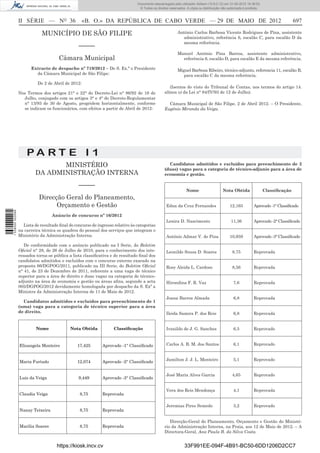 Documento descarregado pelo utilizador Adilson (10.8.0.12) em 31-05-2012 16:38:52.
                                                                                 © Todos os direitos reservados. A cópia ou distribuição não autorizada é proibida.



                  II SÉRIE — NO 36                 «B. O.» DA REPÚBLICA DE CABO VERDE — 29 DE MAIO DE 2012                                                                           697

                              MUNICÍPIO DE SÃO FILIPE                                                     António Carlos Barbosa Vicente Rodrigues de Pina, assistente
                                                                                                            administrativo, referência 6, escalão C, para escalão D da
                                                                                                            mesma referência.
                                                 –––––
                                                                                                          Manuel António Pina Barros, assistente administrativo,
                                       Câmara Municipal                                                     referência 6, escalão D, para escalão E da mesma referência.

                        Extracto de despacho nº 719/2012 – De S. Ex.ª o Presidente                        Miguel Barbosa Ribeiro, técnico-adjunto, referencia 11, escalão B,
                          da Câmara Municipal de São Filipe:                                                 para escalão C da mesma referência.
                            De 2 de Abril de 2012:
                                                                                                     (Isentos do visto do Tribunal de Contas, nos termos do artigo 14.
                  Nos Termos dos artigos 21° e 22° do Decreto-Lei n° 86/92 de 16 de               alínea o) da Lei n° 84/IV/93 de 12 de Julho).
                    Julho, conjugado com os artigos 3° e 4° do Decreto-Regulamentar
                    n° 13/93 de 30 de Agosto, progridem horizontalmente, conforme                   Câmara Municipal de São Filipe, 2 de Abril 2012. – O Presidente,
                    se indicam os funcionários, com efeitos a partir de Abril de 2012:            Eugénio Miranda da Veiga.




                      PA RT E I 1
                                 MINISTÉRIO                                                         Candidatos admitidos e excluídos para preenchimento de 2
                                                                                                  (duas) vagas para a categoria de técnico-adjunío para a área de
                          DA ADMINISTRAÇÃO INTERNA                                                economia e gestão.

                                                 –––––
                                                                                                                Nome                     Nota Obtida                  Classiﬁcação
                            Direcção Geral do Planeamento,
                                  Orçamento e Gestão                                               Edna da Cruz Fernandes                     12,165          Aprovado -1° Classiﬁcado
1 538000 002089




                                   Anúncio de concurso nº 16/2012
                                                                                                   Lenira D. Nascimento                        11,36          Aprovado -2° Classiﬁcado
                    Lista de resultado ﬁnal do concurso de ingresso relativo às categorias
                  na carreira técnica os quadros do pessoal dos serviços que integram o
                  Ministério da Administração Interna.                                             António Admar V. de Pina                   10,959          Aprovado -3° Classiﬁcado

                     De conformidade com o anúncio publicado na I Serie, do Boletim
                  Oﬁcial n° 28, de 26 de Julho de 2010, para o conhecimento dos inte-              Leonilde Sousa D. Soares                    8,75           Reprovada
                  ressados torna-se pública a lista classiﬁcativa e do resultado ﬁnal dos
                  candidatos admitidos e excluídos com o concurso externo exarado na
                  proposta 66/DGPOG/2011, publicado na III Serie, do Boletim Oﬁcial                Rosy Aleida L. Cardoso                      8,56           Reprovada
                  n° 41, de 23 de Dezembro de 2011, referente a uma vaga de técnico
                  superior para a área de direito e duas vagas na categoria de técnico-
                  adjunto na área de economia e gestão ou áreas aﬁns, segundo a acta               Hirondina F. R. Vaz                          7,6           Reprovada
                  005/DGPOG/2012 devidamente homologada por despacho da S. Exª a
                  Ministra da Administração Interna de 11 de Maio de 2012.
                                                                                                   Joana Barros Almada                          6,8           Reprovada
                    Candidatos admitidos e excluídos para preenchimento de 1
                  (uma) vaga para a categoria de técnico superior para a área
                  de direito.                                                                      Ileida Samira P. dos Reis                    6,8           Reprovada


                           Nome              Nota Obtida            Classiﬁcação                   Ivanildo de J. G. Sanches                    6,5           Reprovado


                  Elisangela Monteiro            17,425       Aprovado -1° Classiﬁcado             Carlos A. B. M. dos Santos                   6,1           Reprovado


                                                                                                   Jamilton J. J. L. Monteiro                   5,1           Reprovado
                  Maria Furtado                  12,074       Aprovado -2° Classiﬁcado


                                                                                                   José Maria Alves Garcia                     4,65           Reprovado
                  Luís da Veiga                  9,449        Aprovado -3° Classiﬁcado

                                                                                                   Vera dos Reis Mendonça                       4,1           Reprovada
                  Claudia Veiga                   8,75        Reprovada

                                                                                                   Jeremias Pires Semedo                        3,2           Reprovado
                  Nanay Teixeira                  8,75        Reprovada

                                                                                                     Direcção-Geral do Planeamento, Orçamento e Gestão do Ministé-
                  Marilia Soares                  8,75        Reprovada                           rio da Administração Interna, na Praia, aos 12 de Maio de 2012. – A
                                                                                                  Directora-Geral, Ana Paula B. da Silva Costa.


                                      https://kiosk.incv.cv                                                    33F991EE-094F-4B91-BC50-6DD1206D2CC7
 