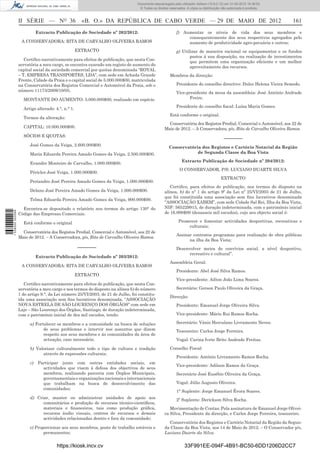 Documento descarregado pelo utilizador Adilson (10.8.0.12) em 31-05-2012 16:38:52.
                                                                                 © Todos os direitos reservados. A cópia ou distribuição não autorizada é proibida.



                  II SÉRIE — NO 36                   «B. O.» DA REPÚBLICA DE CABO VERDE — 29 DE MAIO DE 2012                                                          161
                             Extracto Publicação de Sociedade nº 202/2012:                                f) Aumentar os níveis de vida dos seus membros e
                                                                                                               consequentemente dos seus respectivos agregados pelo
                   A CONSERVADORA: RITA DE CARVALHO OLIVEIRA RAMOS                                             aumento de produtividade agro-pecuária e outros;
                                                   EXTRACTO                                               g) Utilizar de maneira racional os equipamentos e os fundos
                                                                                                                 postos á sua disposição, na realização de investimentos
                     Certiﬁco narrativamente para efeitos de publicação, que nesta Con-
                                                                                                                 que permitem uma organização eﬁciente e um melhor
                  servatória a meu cargo, se encontra exarado um registo de aumento do
                                                                                                                 aproveitamento dos recursos.
                  capital social da sociedade comercial por quotas denominada “ROYAL
                  – T, EMPRESA TRANSPORTES, LDA”, com sede em Achada Grande                          Membros da direcção:
                  Frente, Cidade da Praia e o capital social de 5.000.000$00, matriculada
                  na Conservatória dos Registos Comercial e Automóvel da Praia, sob o                     Presidente do conselho directivo: Dulce Helena Vieira Semedo.
                  número 11173/2009/10/05.
                                                                                                          Vice-presidente da mesa da assembleia: José António Andrade
                    MONTANTE DO AUMENTO: 5.000.000$00, realizado em espécie.                                     Freire.
                                                                                                          Presidente do conselho ﬁscal: Luísa Maria Gomes.
                    Artigo alterado: 4.°, n.° 1.
                                                                                                     Está conforme o original.
                    Termos da alteração:
                                                                                                    Conservatória dos Registos Predial, Comercial e Automóvel, aos 22 de
                    CAPITAL: 10.000.000$00.                                                       Maio de 2012. – A Conservadora, p/s, Rita de Carvalho Oliveira Ramos.
                    SÓCIOS E QUOTAS:
                                                                                                                                          –––––––
                        José Gomes da Veiga, 2.600.000$00.
                                                                                                     Conservatória dos Registos e Cartório Notarial da Região
                        Maria Eduarda Pereira Amado Gomes da Veiga, 2.500.000$00.                                de Segunda Classe da Boa Vista
                                                                                                             Extracto Publicação de Sociedade nº 204/2012:
                        Evandro Monteiro de Carvalho, 1.000.000$00.
                                                                                                            O CONSERVADOR, P/S: LUCIANO DUARTE SILVA
                        Péricles José Veiga, 1.000.000$00.
                                                                                                                                        EXTRACTO
                        Periandro José Pereira Amado Gomes da Veiga, 1.000.000$00.
                                                                                                     Certiﬁco, para efeitos de publicação, nos termos do disposto na
                        Delano José Pereira Amado Gomes da Veiga, 1.000.000$00.                   alínea, b) do nº 1 do artigo 9º da Lei nº 25/VI/2003 de 21 de Julho,
                                                                                                  que foi constituída uma associação sem ﬁns lucrativos denominada
                        Telma Eduarda Pereira Amado Gomes da Veiga, 900.000$00.
                                                                                                  ‘’ASSOCIAÇÃO XABEM”, com sede Cidade Sal Rei, Ilha da Boa Vista,
                    Encontra-se depositado o relatório nos termos do artigo 130° do               NIF: 565229915, de duração indeterminada, com o património inicial
                                                                                                  de 16.000$00 (dezasseis mil escudos), cujo seu objecto social é:
1 538000 002089




                  Código das Empresas Comerciais.

                    Está conforme o original                                                               Promover e fomentar actividades desportivas, recreativas e
                                                                                                               culturais;
                    Conservatória dos Registos Predial, Comercial e Automóvel, aos 22 de
                                                                                                          Assinar contratos programas para realização de obra públicas
                  Maio de 2012. – A Conservadora, p/s, Rita de Carvalho Oliveira Ramos.
                                                                                                                na ilha da Boa Vista;
                                                   –––––––                                                Desenvolver meios de convívios social, a nível desportivo,
                                                                                                               recreativo e cultural”.
                             Extracto Publicação de Sociedade nº 203/2012:
                                                                                                     Assembleia Geral:
                   A CONSERVADORA: RITA DE CARVALHO OLIVEIRA RAMOS
                                                                                                          Presidente: Abel José Silva Ramos.
                                                   EXTRACTO
                                                                                                          Vice-presidente: Ailton João Lima Soares.
                     Certiﬁco narrativamente para efeitos de publicação, que nesta Con-
                  servatória a meu cargo e nos termos do disposto na alínea b) do número                  Secretário: Gerson Paulo Oliveira da Graça.
                  1 do artigo 9.°, da Lei número 25/VI/2003, de 21 de Julho, foi constitu-
                                                                                                     Direcção:
                  ída uma associação sem ﬁns lucrativos denominada, “ASSOCIAÇÃO
                  NOVA ESTRELA DE SÃO LOURENÇO DOS ÓRGÃOS” com sede em                                    Presidente: Emanuel Jorge Oliveira Silva.
                  Laje – São Lourenço dos Órgãos, Santiago, de duração indeterminada,
                  com o património inicial de dez mil escudos, tendo:                                     Vice-presidente: Mário Rui Ramos Rocha.

                        a) Fortalecer os membros e a comunidade na busca de soluções                      Secretário: Vánio Herculano Livramento Neves.
                               de seus problemas e intervir nos assuntos que dizem                        Tesoureiro: Carlos Jorge Ferreira.
                               respeito aos seus membros e ás comunidades da área de
                               actuação, caso necessário.                                                 Vogal: Carina Ivete Brito Andrade Freitas.

                        b) Valorizar culturalmente todo o tipo de cultura e tradição                 Conselho Fiscal:
                              através de expressões culturais;
                                                                                                          Presidente: António Livramento Ramos Rocha.
                        c)    Participar junto com outras entidades sociais, em
                                                                                                          Vice-presidente: Adilson Ramos da Graça.
                                actividades que visem à defesa dos objectivos de seus
                                membros, realizando parceria com Órgãos Municipais,                       Secretário José Eusébio Oliveira da Graça.
                                governamentais e organizações nacionais e internacionais
                                que trabalham na busca de desenvolvimento das                             Vogal: Júlio Augusto Oliveira.
                                comunidades;
                                                                                                          1° Suplente: Jorge Emanuel Évora Soares.
                        d) Criar, manter ou administrar unidades de apoio aos                             2º Suplente: Derickson Silva Rocha.
                              comunitários e produção de recursos técnico-cientíﬁcos,
                              materiais e ﬁnanceiros, tais como produção gráﬁca,                     Movimentação de Contas: Pela assinatura de Emanuel Jorge Olivei-
                              recursos áudio visuais, centros de recursos e demais                ra Silva, Presidente da direcção, e Carlos Jorge Ferreira, tesoureiro.
                              actividades relacionadas dentro e fora da comunidade;
                                                                                                    Conservatória dos Registos e Cartório Notarial da Região da Segun-
                        e) Proporcionar aos seus membros, posto de trabalho estáveis e            da Classe da Boa Vista, aos 14 de Maio de 2012. – O Conservador p/s,
                               permanentes;                                                       Luciano Duarte da Silva.


                                       https://kiosk.incv.cv                                                   33F991EE-094F-4B91-BC50-6DD1206D2CC7
 