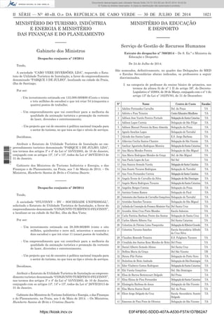 II SÉRIE — NO
40 «B. O.» DA REPÚBLICA DE CABO VERDE — 30 DE JULHO DE 2014 1021
MINISTÉRIO DO TURISMO, INDÚSTRIA
E ENERGIA E MINISTÉRIO
DAS FINANÇAS E DO PLANEAMENTO
––––––
Gabinete dos Ministros
Despacho conjunto nº 19/2014
Tendo,
A sociedade “CABO VERE DIVERSÕES, LDA”, requerido o Esta-
tuto de Utilidade Turística de Instalação, a favor do empreendimento
denominado “PARQUE 5 DE JULHO”, localizado na cidade da Praia,
ilha de Santiago;
Por ser:
- Um investimento estimado em 133.000.000$00 (Cento e trinta
e três milhões de escudos) e que irá criar 54 (cinquenta e
quatro) postos de trabalho;
- Um empreendimento que vai contribuir para a melhoria da
qualidade da animação turística e promoção da vertente
de lazer, diversões e entretenimento;
- Um projecto que vai de encontro à política nacional traçada para
o sector do turismo, no que toca ao tipo e níveis de serviços.
Decidimos,
Atribuir o Estatuto de Utilidade Turística de Instalação ao em-
preendimento turístico denominado “PARQUE 5 DE JULHO, LDA”,
nos termos dos artigos 3º e 4º da Lei nº 55/VI/2005, de 10 de Janeiro,
conjugado com os artigos 13º, 14º e 15º, todos da Lei nº 26/VII/2013 de
31 de Janeiro.
Gabinete dos Ministros do Turismo Indústria e Energia, e das
Finanças e do Planeamento, na Praia, aos 7 de Março de 2014. – Os
Ministros, Humberto Santos de Brito e Cristina Duarte.
––––––
Despacho conjunto nº 20/2014
Tendo,
A sociedade “SYLVINNY – BV – SOCIEDADE UNIPESSOAL”,
solicitado o Estatuto de Utilidade Turística de Instalação, a favor do
empreendimento denominado “CONJUNTO TURÍSTICO SYLVINNY”,
a localizar-se na cidade de Sal Rei, ilha da Boa Vista;
Por ser:
- Um investimento estimado em 28.509.662$00 (vinte e oito
milhões, quinhentos e nove mil, seiscentos e sessenta e
dois escudos) e que irá criar 11 (onze) postos de trabalho;
- Um empreendimento que vai contribuir para a melhoria da
qualidade da animação turística e promoção da vertente
de lazer, diversões e entretenimento;
- Um projecto que vai de encontro à política nacional traçada para
o sector do turismo, no que toca ao tipo e níveis de serviços.
Decidimos,
Atribuir o Estatuto de Utilidade Turística de Instalação ao empreen-
dimento turístico denominado “CONJUNTO TURÍSTICO SYLVINNY”,
nos termos dos artigos 3º e 4º da Lei nº 55/VI/2005, de 10 de Janeiro,
conjugado com os artigos 13º, 14º e 15º, todos da Lei nº 26/VII/2013 de
31 de Janeiro.
Gabinete dos Ministros do Turismo Indústria e Energia, e das Finanças
e do Planeamento, na Praia, aos 5 de Maio de 2014. – Os Ministros,
Humberto Santos de Brito e Cristina Duarte.
MINISTÉRIO DA EDUCAÇÃO
E DESPORTO
––––––
Serviço de Gestão de Recursos Humanos
Extrato do despacho nº 769/2014 – De S. Ex.ª o Ministra da
Educação e Desporto:
De 24 de Julho de 2014:
São nomeados, deﬁnitivamente, no quadro das Delegações do MED
e Escolas Secundárias abaixo indicadas, os professores a seguir
discriminados.
I. na categoria de professor do ensino básico de primeira, nos
termos da alínea b) de nº 1 II do artigo 39º, do Decreto-
Legislativo nº 2/2004, de 29 de Março, conjugado com o nº 1 do
artigo 13º da Lei nº 102/IV/93, de 31 de Dezembro:
Nº Nome Centro de Custo Escalão
1 Adelino Fernandes Carvalho Del. da Praia 7/A
2 Adérito e Pina Teixeira CentroEducativoMiraflores 7/A
3 Adilson Jose Varela Pereira Furtado DelegaçãodeSantaCatarina 7/A
4 Adilson Lopes Correia Delegação de São Filipe 7/A
5 Adilson Manuel Pereira da Rosa Almeida Delegação da Praia 7/A
6 Agnelo Sanches Lopes Delegação do Tarrafal 7/A
7 Alcindo dos Santos Lopes E.S. Jorge Barbosa 7/A
8 Aldevina Cecilia Santos Chantre Delegação de São Vicente 7/A
9 Amílcar Agostinho Rodrigues Moreira DelegaçãodeSantaCatarina 7/A
10 Ana Maria Mendes Pereira Delegação de São Miguel 7/A
11 Ana Maria Rodrigues Mendes da Graça Del. de São Miguel 7/A
12 Ana Paula Lopes da Luz Del Sal 7/A
13 Ana Samira Semedo Varela DelegaçãodeSantaCatarina 7/A
14 Ana Suzete Tavares Rodrigues Delegação do Tarrafal 7/A
15 Ana Vera Fernandes Correia DelegaçãodeSantaCatarina 7/A
16 Angela Evone de Carvalho da Silva DelegaçãodeSãoDomingos 7/A
17 Angela Maria Rodrigues Tavares DelegaçãodeSantaCatarina 7/A
18 Angelita Borges Correia Delegação da Praia 7/A
19 Antónia Gomes Ramos Delegação do Paul 7/A
20 Antonieta dos Santos de Carvalho Gonçalves Delegação do Tarrafal 7/A
21 Aristides Sanches Tavares Delegação de São Miguel 7/A
22 ArlindadaConceiçãodaFonsecaMonteiroVaz Del Santa Cruz 7/A
23 Avandia Aline Cruz Pinto Mendes Escola Salesina 7/A
24 Carla Patrícia Barbosa Freire dos Santos Delegação de Santa Cruz 7/A
25 Carlos Alberto Ribeiro Vaz Del Santa Catarina 7/A
26 Celestina de Fátima Lima Pasquinha DelegaçãodeRibeiraGrande 7/A
27 Celestino Tavares Sanches Escola Secundária Alfredo
da Cruz Silva
7/A
28 Claudino Resende Teixeira E.S. Fulgêncio Tavares 7/A
29 Crisálida dos Santos Rosa Mendes de Brito Del Praia 7/A
30 Daniel Alberto Semedo Afonso Del Santa Cruz 7/A
31 Delﬁna Maria da Graça Del São Vicente 7/B
32 Dirceu Flôr Fortes Delegação do Porto Novo 7/A
33 Dulcelina de Brito Andrade DelegaçãodeSãoDomingos 7/A
34 Eder Vladmiro Gomes Rodrigues DelegaçãodeSantaCatarina 7/A
35 Elci Varela Gonçalves Del. São Domingos 7/A
36 Elisa de Barros Bettencourt Delgado Del Praia 7/A
37 Elisa Eloisa de Pina Fernandes DelegaçãodeSantaCatarina 7/A
38 Elisângela Barbosa de Jesus Delegação de São Vicente 7/A
39 Elsa Maria Soares David Del. da Praia 7/A
40 Elton Jorge Delgado da Cruz Escola Secundária Suzete
Delgado
7/A
41 Emerson de Pina Pires de Oliveira Delegação de São Vicente 7/A
https://kiosk.incv.cv E0F4FB0C-5DDD-407A-A530-F57A1D7B62A7
Documento descarregado pelo utilizador Neusa Sofia (10.73.103.55) em 30-07-2014 16:43:34.
© Todos os direitos reservados. A cópia ou distribuição não autorizada é proibida.
1881000007219
 
