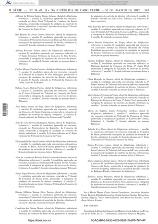 Documento descarregado pelo utilizador Adilson (10.8.0.12) em 11-09-2012 10:12:50.
                                                                             © Todos os direitos reservados. A cópia ou distribuição não autorizada é proibida.



                  II SÉRIE — NO 54 «B. O.» DA REPÚBLICA DE CABO VERDE — 30 DE AGOSTO DE 2012                                                                      965
                     Aldonça de Fátima Santos Borges Afonso, oﬁcial de diligências                         de ajudante de escrivão de direito, referência 2, escalão C,
                        referência 1, escalão C, candidata aprovada em concurso,                           ﬁcando colocada no juízo Cível Tribunal da Comarca de
                        colocada no Juízo Cível Tribunal da Comarca de Santa                               Santa catarina;
                        Catarina, promovida à categoria de ajudante de escrivão de
                        direito, referência 2, escalão C, ﬁcando colocada no Tribunal                 Júlio Sanches Tavares Silva, oﬁcial de diligências, referência 1,
                        da Comarca de Santa Cruz;                                                        escalão B, candidato aprovado em concurso, colocado no 3°
                                                                                                         juízo Criminal do Tribunal da Comarca da Praia, promovido
                     Rui Hilário de Jesus Gomes Monteiro, oﬁcial de diligências                          à categoria de Ajudante de Escrivão de Direito, Referência
                       referência 1, escalão B, candidato aprovado em concurso,                          2, escalão B, colocado no mesmo Juízo;
                       colocado no Tribunal da Comarca de Ponta do Sol promovido
                       à categoria de ajudante de escrivão de direito, referência 2,                  Maria Gorete Gonçalves da Veiga, oﬁcial de diligências,
                       escalão B, ﬁcando colocado no mesmo Tribunal;                                    referência 1, escalão B, candidata aprovada em concurso,
                                                                                                        ora prestando serviço na Direção Nacional da Polícia
                     Adilson Ferreira Fortes, oﬁcial de diligências referência 1,                       Judiciária, promovida à categoria de ajudante de escrivão
                        escalão B, candidato aprovado em concurso, colocado no                          de direito, referência 2, escalão B, mantendo-se na mesma
                        1° Juízo Criminal Tribunal da Comarca de São Vicente,                           situação em que se encontra;
                        promovido à categoria de ajudante de escrivão de direito,
                        referência 2, escalão B, ﬁcando colocado no mesmo Juízo e                     Idalina Andrade Araújo, oﬁcial de diligências, referência 1,
                        Tribunal;                                                                        escalão C, candidata aprovada em concurso colocada no
                                                                                                         Tribunal Judicial da Comarca da Praia, 2° Juízo Cível
                     Carlos Alberto Varela Correia, oﬁcial de diligências, referência                    promovida à categoria de Ajudante de escrivão de direito,
                       1, escalão C, candidato aprovado em concurso, colocado                            referência 2, escalão C, ﬁcando colocada no mesmo Juízo e
                       no Tribunal da Comarca de São Domingos, promovido à                               Tribunal;
                       categoria de ajudante de escrivão de direito, referência
                       2, escalão C, ﬁcando colocado no Tribunal da Comarca da                        Clara Delgado de Barros, oﬁcial de diligências, referência 1,
                       Praia, Juízo do Trabalho;                                                         escalão B, candidata aprovada em concurso colocada no 3°
                                                                                                         Juízo Criminal do Tribunal da Comarca da Praia, promovida
                     Helena Maria Osório Fortes, oﬁcial de diligências, referência                       à categoria de ajudante de escrivão de direito, referência 2,
                       1, escalão C, candidata aprovada em concurso, colocada                            escalão B, ﬁcando colocada no mesmo Juízo e Tribunal;
                       no 2° Juízo Criminal do Tribunal da Comarca da Praia,
                       promovida à categoria de ajudante de escrivão de direito,                      Maria Gomes Tavares da Veiga, oﬁcial de diligências, referência
                       referência 2, escalão C, ﬁcando colocada no mesmo Juízo e                        1, escalão C, candidata aprovada em concurso colocada no
                       Tribunal;                                                                        Tribunal da Comarca da Praia, 3° Juízo Cível, promovida à
                                                                                                        categoria de ajudante de escrivão de direito, referência 2,
1 584000 002089




                                                                                                        escalão C, ﬁcando colocada no mesmo Juízo e Tribunal;
                     José Maria Varela de Pina, oﬁcial de diligências, referência
                        1, escalão B, candidato aprovado em concurso, colocado
                                                                                                      Maria do Espírito Santo Fernandes Cardoso, oﬁcial de
                        na Comarca de Santa Catarina, promovido à categoria de
                                                                                                        diligências, referência 1, escalão C, candidata aprovada
                        ajudante de escrivão de direito, referência 2, escalão B,
                                                                                                        em concurso colocada no Tribunal da Comarca do Maio,
                        ﬁcando colocado no Tribunal da Comarca do Tarrafal;
                                                                                                        promovida à categoria de Ajudante De Escrivão De Direito,
                                                                                                        Referência 2, Escalão C, ﬁcando colocada no mesmo
                     João de Deus Correia Rodrigues Pereira, oﬁcial de diligências,
                                                                                                        Tribunal;
                        referência 1, escalão B, candidato aprovado em concurso,
                        colocado na Procuradoria da República da Comarca da
                                                                                                      Arlinda Vaz Alves, oﬁcial de diligências, referência 1, escalão
                        Praia, promovido à categoria de ajudante de escrivão de
                                                                                                         C, candidata aprovada em concurso colocada na Comarca
                        direito, referência 2, escalão B, ﬁcando colocado no 4° Juízo
                                                                                                         da Praia, promovida à categoria de ajudante de escrivão de
                        Criminal do Tribunal da Comarca da Praia;
                                                                                                         direito, referência 2, escalão C, ﬁcando colocada no 1° Juízo
                                                                                                         Criminal do Tribunal da Comarca da Praia;
                     Elisângela Soﬁa Lima Cardoso, oﬁcial de diligências, referência
                        1, escalão A, candidata aprovada em concurso, colocada na                     Simoa Ferreira Gomes, oﬁcial de diligências, referência 1,
                        Comarca da Praia, Juízo de Família, promovida à categoria                        escalão B, candidata aprovada em concurso colocada no 2°
                        de ajudante de escrivão de direito, referência 2, escalão A,                     Juízo Criminal do Tribunal da Comarca da Praia, promovida
                        ﬁcando colocada no mesmo Juízo e Tribunal;                                       à categoria de ajudante de escrivão de direito, referência 2,
                                                                                                         escalão B, ﬁcando colocada no mesmo Juízo e Tribunal;
                     Alice de Lourdes do Rosário Rocha Fernandes Soares, oﬁcial de
                        diligencias referência 1, escalão C, candidata aprovada em                    Maria Augusta Araújo Lopes, oﬁcial de diligências, referência
                        concurso, colocada no Tribunal da Comarca de São Nicolau,                       1, escalão B, candidata aprovada em concurso colocada na
                        promovida à categoria de ajudante de escrivão de direito,                       Comarca da Praia, promovida à categoria de ajudante de
                        referência 2, escalão C, ﬁcando colocada no mesmo Tribunal;                     escrivão de direito, referência 2, escalão B, ﬁcando colocada
                                                                                                        no Tribunal Fiscal e Aduaneiro de Sotavento;
                     Joana Lopes Correia, oﬁcial de diligências, referência 1, escalão
                        C, candidata aprovada em concurso, colocada no Tribunal                       Zenaida Maria Monteiro, oﬁcial de diligências, referência 1,
                        da Comarca de Santa Cruz, promovida à categoria de                               escalão G, candidata aprovada em concurso colocada no
                        ajudante de escrivão de direito, referência 2, escalão C,                        Tribunal da Comarca do Porto Novo, promovida à categoria
                        ﬁcando colocada no Juízo Criminal Tribunal da Comarca de                         de ajudante de escrivão de direito, referência 2, escalão C,
                        Santa Catarina;                                                                  ﬁcando colocada no mesmo Tribunal.

                     Dinora Militina Ramos Silva Barros, oﬁcial de diligências,                 Ass.) Maria Teresa Évora Sarros Presidente, Januária Moreira
                        referência 1, escalão C, candidata aprovada em concurso,              Costa, Ricardo Cláudio Gonçalves, Simão António Santos, Bernardino
                        colocada no Tribunal da Comarca de Ponta do Sol promovida             Duarte Delgado, Daniel Pereira Barros, João Francisco Santos, Carlos
                        à categoria de ajudante de escrivão de direito, referência 2,         Jorge Moura, Vogais.
                        escalão C, ﬁcando colocada no mesmo Tribunal;
                                                                                                 Está conforme.
                     Cesaltina das Neves Moniz, oﬁcial de diligências, referência
                        1, escalão C, candidata aprovada em concurso, colocada no               Secretaria do Conselho Superior da Magistratura Judicial, na Praia,
                        Tribunal da Comarca de Santa Cruz, promovida à categoria              aos 19 de Julho 2012. – O Secretário, Antonino Joaquim Delgado.


                                  https://kiosk.incv.cv                                                    9DACABA6-0A30-48C9-9E8F-2A997476F44F
 
