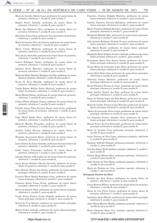 Documento descarregado pelo utilizador Adilson Varela (10.73.102.72) em 30-08-2013 16:17:32.
© Todos os direitos reservados. A cópia ou distribuição não autorizada é proibida.

II SÉRIE — NO 45 «B. O.» DA REPÚBLICA DE CABO VERDE — 30 DE AGOSTO DE 2013

793

Maria de Lourdes Adrião Lopes, professora do ensino básico de
primeira, referência 7, escalão B, para escalão C.

Francisca Paulina Delgado Monteiro, professora do ensino
básico principal, referência 8, escalão C, para escalão D.

Raquel Fortes Andrade, professora do ensino básico de
primeira, referência 7, escalão B, para escalão C.

Iolanda Nogueira Antunes Rodrigues, professora do ensino
básico principal, referência 8, escalão C, para escalão D.

Maria Ana Monteiro Silva, professora do ensino básico de
primeira, referência 7, escalão B, para escalão C.

Maria Filomena Delgado Maurício, professora do ensino básico
principal, referência 8, escalão C, para escalão D.

Hirondina Joana Lima, professora do ensino básico de primeira,
referência 7, escalão B, para escalão C.

Margarida Matilde Dias, professora do ensino básico principal,
referência 8, escalão C, para escalão D.

Maria de Lourdes Pires dos Santos, professora do ensino básico
de primeira, referência 7, escalão B, para escalão C.

Aida Antónia Rodrigues Piedade Tavares, professora do ensino
básico principal, referência 8, escalão C, para escalão D.

Maria Celeste Monteiro, professora do ensino básico de
primeira, referência 7, escalão B, para escalão C.
Nilza da Luz Ramalho, professora do ensino básico de primeira,
referência 7, escalão B, para escalão C.
Isidora Rodrigues Santos, professora do ensino básico de
primeira, referência 7, escalão B, para escalão C.
Idelmira Neves Monteiro, professora do ensino básico de
primeira, referência 7, escalão B, para escalão C.
Maria das Dores Monteiro Rodrigues dos Reis, professora do ensino
básico de primeira, referência 7, escalão B, para escalão C.
Neusa de Jesus Maniche, professora do ensino básico de
primeira, referência 7, escalão B, para escalão C.
Vanda Helena Medina Fortes Maurício, professora do ensino
básico de primeira, referência 7, escalão B, para escalão C.

1 737000 005433

Maria Helena Ramos, professora do ensino básico de primeira,
referência 7, escalão B, para escalão C.
Carlos Alberto Delgado Tanaia, professor do ensino básico de
primeira, referência 7, escalão B, para escalão C.
Claúdia Joana Pires Ferreira Duarte Leite Lima, professora
do ensino básico de primeira, referência 7, escalão B, para
escalão C.

Ana Maria Basílio, professora do ensino básico principal,
referência 8, escalão C, para escalão D.
Margarida Maria Delgado de Jesus Andrade, professora do ensino
básico principal, referência 8, escalão C, para escalão D.
Henriqueta Maria Dias Santos Soares, professora do ensino
básico principal, referência 8, escalão D, para escalão E.
Neusa Maria da Conceição Lopes Brito, professora do ensino
básico principal, referência 8, escalão D, para escalão E.
Auriza Silva Pinto Lima, professora do ensino básico principal,
referência 8, escalão D, para escalão E.
Albertina Gomes Monteiro, professora do ensino básico
principal, referência 8, escalão D, para escalão E.
Maria Filomena Pereira de Jesus, professora do ensino básico
principal, referência 8, escalão D, para escalão E.
Jorge António Ramos dos Reis, professor do ensino básico
principal, referência 8, escalão D, para escalão E.
Maria de Fátima Lopes dos Reis Morais, professora do ensino
básico principal, referência 8, escalão D, para escalão E.
Maria de Lurdes Fonseca Lopes Maurício, professora do ensino
básico principal, referência 8, escalão D, para escalão E.
Maria da Conceição Neves Lopes, professora do ensino básico
principal, referência 8, escalão D, para escalão E.

Lígia Maria Rocha Pires, professora do ensino básico de
primeira, referência 7, escalão B, para escalão C.

Lia Amândia Freitas Almeida Silva, professora do ensino
básico principal, referência 8, escalão D, para escalão E.

Eduardo Mendes Fernandes, professor do ensino básico de
primeira, referência 7, escalão B, para escalão C.

Helena Fortes da Cruz Fernandes, professora do ensino básico
principal, referência 8, escalão D, para escalão E.

Antónia Isabel Silveira, professora do ensino básico de
primeira, referência 7, escalão B, para escalão C.

Maria de Lourdes Cruz, professora primária, referência 3,
escalão B, para escalão C.

Elisabete Nascimento Rocha, professora do ensino básico de
primeira, referência 7, escalão B, para escalão C.

Laura Tavares de Pina Lopes, professora primária, referência
3, escalão B, para escalão C.

Lúcia Helena da Graça Almeida, professora do ensino básico de
primeira, referência 7, escalão B, para escalão C.

Rosalina Andrade Delgado, professora primária, referência 3,
escalão C, para escalão D.

Pedro Gomes Fernandes, professor do ensino básico de
primeira, referência 7, escalão C, para escalão D.

José dos Santos David, professor primário, referência 3, escalão C,
para escalão D.

Iolanda Oliveira Juff, professora do ensino básico de primeira,
referência 7, escalão D, para escalão E.
Jonas Eurico Wanhon Oliveira Ferreira, professor do ensino
básico de primeira, referência 7, escalão F, para escalão G.
Nair Spencer Duarte dos Santos, professora do ensino básico
principal, referência 8, escalão B, para escalão C.
Lucrécia Maria Ramos Rodrigues Lima, professora do ensino
básico principal, referência 8, escalão C, para escalão D.
Filomena Rocha Fortes Évora, professora do ensino básico
principal, referência 8, escalão C, para escalão D.
Maria do Rosário Silva, professora do ensino básico principal,
referência 8, escalão C, para escalão D.

Fátima Maria Morais Silva, professora primária, referência 3,
escalão D, para escalão E.
Lídia Tavares de Pina Ramos, professora primária, referência 3,
escalão E, para escalão F.
Maria da Piedade da Cruz, monitora especial, referência 5,
escalão C, para escalão D.
Delegação Escolar do Maio
Daniela dos Reis Santos, professora do ensino básico de
primeira, referência 7, escalão A, para escalão B.
Joana Martins Ribeiro, professora do ensino básico de primeira,
referência 7, escalão B, para escalão C.
Maria do Céu Freire Fortes, professora do ensino básico de
primeira, referência 7, escalão C, para escalão D.

Vanda Fortes Pereira Araújo Delgado, professora do ensino
básico principal, referência 8, escalão C, para escalão D.

Agostinha Agues Ribeiro, professora do ensino básico principal,
referência 8, escalão C, para escalão D.

Daniel da Cruz Spencer, professor do ensino básico principal,
referência 8, escalão C, para escalão D.

Alícia Maria Martins Mendes, professora primária, referência 3,
escalão B, para escalão C.

Helena Vieira Andrade, professora do ensino básico principal,
referência 8, escalão C, para escalão D.

Maria Filomena Abreu Vaz, monitora especial, referência 5,
escalão D, para escalão E.

https://kiosk.incv.cv

D7513438-E9C1-4969-8892-CB7D5548F0DF

 