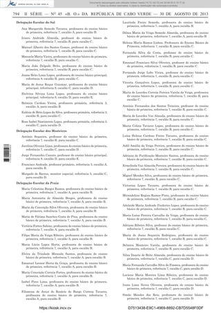 Documento descarregado pelo utilizador Adilson Varela (10.73.102.72) em 30-08-2013 16:17:32.
© Todos os direitos reservados. A cópia ou distribuição não autorizada é proibida.

794

II SÉRIE — NO 45 «B. O.» DA REPÚBLICA DE CABO VERDE — 30 DE AGOSTO DE 2013

Delegação Escolar do Sal
Ana Margarida Semedo Tavares, professora do ensino básico
de primeira, referência 7, escalão A, para escalão B.
Irineu Andrade Almeida, professor do ensino básico de
primeira, referência 7, escalão B, para escalão C.
Manuel Alberto dos Santos Gomes, professor do ensino básico
de primeira, referência 7, escalão B, para escalão C.
Manuela Maria Vieira, professora do ensino básico de primeira,
referência 7, escalão B, para escalão C.
Maria João Delgado Brito, professora do ensino básico de
primeira, referência 7, escalão B, para escalão C.
Joana Brito Lima Lopes, professora do ensino básico principal,
referência 8, escalão B, para escalão C.
Maria de Jesus Roque Guiomar, professora do ensino básico
principal, referência 8, escalão C, para escalão D.
Etelvina Silvina Lima Lopes, professora do ensino básico
principal, referência 8, escalão D, para escalão E.
Belmira Cardoso Vieira, professora primária, referência 3,
escalão A, para escalão B.
Eulécia de Brito Lopes da Silva, professora primária, referência 3,
escalão B, para escalão C.
Rosa Isabel Nascimento Lopes, professora primária, referência 3,
escalão C, para escalão D.
Delegação Escolar dos Mosteiros

Laurinda Freire Semedo, professora do ensino básico de
primeira, referência 7, escalão A, para escalão B.
Dilma Maria da Veiga Semedo Almeida, professora do ensino
básico de primeira, referência 7, escalão A, para escalão B.
Helena Maria Ramos Lisboa, Professora do Ensino Básico de
Primeira, referência 7, escalão B, para escalão C.
Fernanda Silva da Costa, professor do ensino básico de
primeira, referência 7, escalão B, para escalão C.
Emanuel Francisco Silva Oliveira, professor do ensino básico
de primeira, referência 7, escalão B, para escalão C.
Fernando Jorge Lobo Vieira, professor do ensino básico de
primeira, referência 7, escalão B, para escalão C.
Vicenta Gonçalves Lopes, professora do ensino básico de
primeira, referência 7, escalão B, para escalão C.
Maria de Lourdes Correia Pereira Varela da Veiga, professora
do ensino básico de primeira, referência 7, escalão B, para
escalão C.
António Fernandes dos Santos Teixeira, professor do ensino
básico de primeira, referência 7, escalão B, para escalão C.
Maria de Lourdes Vaz Almada, professora do ensino básico de
primeira, referência 7, escalão B, para escalão C.
Maria Celina Tavares Lopes, professora do ensino básico de
primeira, referência 7, escalão B, para escalão C.

1 737000 005433

António Sequeira, professor do ensino básico de primeira,
referência 7, escalão B, para escalão C.

Luísa Helena Cardoso Freire Tavares, professora do ensino
básico de primeira, referência 7, escalão B, para escalão C.

Jocelina Oliveira Lima, professora do ensino básico de primeira,
referência 7, escalão C, para escalão D.

Aidil Amália da Veiga Pereira, professora do ensino básico de
primeira, referência 7, escalão B, para escalão C.

Jorge Fernandes Canuto, professor do ensino básico principal,
referência 8, escalão D, para escalão E.

Adriana de Puriﬁcação Monteiro Santos, professora do ensino
básico de primeira, referência 7, escalão B, para escalão C.

Francisco Andrade, professor primário, referência 3, escalão A,
para escalão B.

Ermelinda Vaz Almeida Pereira, professora do ensino básico de
primeira, referência 7, escalão B, para escalão C.

Morgado de Barros, monitor especial, referência 5, escalão C,
para escalão D.
Delegação Escolar da Praia
Maria Celestina Borges Ramos, professora do ensino básico de
primeira, referência 7, escalão A, para escalão B.
Maria Antonieta de Almeida Borges, professora do ensino
básico de primeira, referência 7, escalão A, para escalão B.
Maria da Conceição Silva Oliveira, professora do ensino básico
de primeira, referência 7, escalão A, para escalão B.

Miguel Mendes Silva, professora do ensino básico de primeira,
referência 7, escalão B, para escalão C.
Victorina Lopes Tavares, professora do ensino básico de
primeira, referência 7, escalão B, para escalão C.
Mirandolina Regina Ramos Pinto, professora do ensino básico
de primeira, referência 7, escalão B, para escalão C.
Adelaide Maria Andrade Frederico Lopes, professora do ensino
básico de primeira, referência 7, escalão B, para escalão C.

Maria de Fátima Sanches Costa de Pina, professora do ensino
básico de primeira, referência 7, escalão A, para escalão B.

Maria Luísa Pereira Carvalho da Veiga, professora do ensino
básico de primeira, referência 7, escalão B, para escalão C.

Victória Fortes Sabino, professora do ensino básico de primeira,
referência 7, escalão A, para escalão B.

Adriano Ribeiro Silva, professor do ensino básico de primeira,
referência 7, escalão B, para escalão C.

Filipa Maria da Veiga Ribeiro, professora do ensino básico de
primeira, referência 7, escalão A, para escalão B.

Maria de Jesus Sequeira Rodrigues, professora do ensino
básico de primeira, referência 7, escalão B, para escalão C.

Maria Lúcia Lopes Horta, professora do ensino básico de
primeira, referência 7, escalão A, para escalão B.

Belmira Monteiro Varela, professora do ensino básico de
primeira, referência 7, escalão B, para escalão C.

Elvira da Trindade Miranda Santos, professora do ensino
básico de primeira, referência 7, escalão A, para escalão B.

Nilza Duarte de Brito Almeida, professora do ensino básico de
primeira, referência 7, escalão C, para escalão D.

Emanuel Leonor Horta da Graça, professora do ensino básico
de primeira, referência 7, escalão A, para escalão B.
Maria Conceição Correia Fortes, professora do ensino básico de
primeira, referência 7, escalão A, para escalão B.
Isabel Pires Lima, professora do ensino básico de primeira,
referência 7, escalão A, para escalão B.
Filomena de Jesus do Rosário de Burgo Correia Tavares,
professora do ensino básico de primeira, referência 7,
escalão A, para escalão B.

https://kiosk.incv.cv

Maria Fernanda Carvalho Silva da Fonseca, professora do ensino
básico de primeira, referência 7, escalão C, para escalão D.
Luciene Maria Moreira Lima Ribeira, professora do ensino
básico de primeira, referência 7, escalão C, para escalão D.
Ivone Lima Neves Oliveira, professora do ensino básico de
primeira, referência 7, escalão C, para escalão D.
Simão Mendes dos Reis, professora do ensino básico de
primeira, referência 7, escalão C, para escalão D.

D7513438-E9C1-4969-8892-CB7D5548F0DF

 