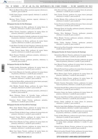 Documento descarregado pelo utilizador Adilson Varela (10.73.102.72) em 30-08-2013 16:17:32.
© Todos os direitos reservados. A cópia ou distribuição não autorizada é proibida.

796

II SÉRIE — NO 45 «B. O.» DA REPÚBLICA DE CABO VERDE — 30 DE AGOSTO DE 2013
Maria das Mercês Ramos Silva, monitora especial, referência 5,
escalão C, para escalão D.

Júlia Silva da Veiga, professora do ensino básico de primeira,
referência 7, escalão D, para escalão E.

Cecílio Lopes Correia, monitor especial, referência 5, escalão D,
para escalão E.

João Cristão Tavares, professor do ensino básico principal,
referência 8, escalão C, para escalão D.

Mariana Vieira Tavares, monitora especial, referência 5,
escalão D, para escalão E.

Eusébio Mendes Silva, professor do ensino básico principal,
referência 8, escalão C, para escalão D.

Delegação Escolar de São Domingos
Amália Rodrigues dos Reis, professora do ensino básico de
primeira, referência 7, escalão A, para escalão B.
Aldina Tavares Gonçalves, professora do ensino básico de
primeira, referência 7, escalão B, para escalão C.
Maria Antónia Gonçalves Andrade, professora do ensino básico
de primeira, referência 7, escalão C, para escalão D.
Filomena Frederico de Barros, professora do ensino básico
superior, referência 8, escalão C, para escalão D.
Cecília Maria Carvalho de Lima Gonçalves, professora do ensino
básico superior, referência 8, escalão D, para escalão E.
Mateus Tavares Soares Silva, professor do ensino básico
superior, referência 8, escalão D, para escalão E.

Leonor Tavares da Costa, professor do ensino básico principal,
referência 8, escalão D, para escalão E.
Domingas Freire de Carvalho, professora primária, referência 3,
escalão B, para escalão C.
Teodora Silva Rodrigues Teixeira, professora primária,
referência 3, escalão B, para escalão C.
Maria Mendes Tavares, professora primária, referência 3,
escalão C, para escalão D.
Emília Galina Sanches Cardoso, professora
referência 3, escalão D, para escalão E.

primária,

Maria da Luz Pires Fernandes, monitora especial, referência 5,
escalão D, para escalão E.
Delegação Escolar de Santa Catarina de Santiago
Alexandrina Moreira Teixeira, professora do ensino básico de
primeira, referência 7, escalão A, para escalão B.

Gabriel Ribeiro Tavares, professor primária, referência 3,
escalão E, para escalão F.
1 737000 005433

Maria Tavares Frederico, professora primária, referência 3,
escalão C, para escalão D.

Maria de Lourdes Almada Correia Semedo, professora do ensino
básico de primeira, referência 7, escalão A, para escalão B.

Delegação Escolar de São Miguel
Amália Landim Fernandes, professora do ensino básico de
primeira, referência 7, escalão B, para escalão C.
José Carlos Monteiro de Carvalho, professor do ensino básico
de primeira, referência 7, escalão B, para escalão C.
Estevão Moreira Tavares, professor do ensino básico de
primeira, referência 7, escalão C, para escalão D.
Ausília dos Santos Brito, professora do ensino básico principal,
referência 8, escalão B, para escalão C.
Júlio Mendes Furtado Borges, professor do ensino básico
principal, referência 8, escalão C, para escalão D.
Filomena Maria de Oliveira, professora primária, referência 3,
escalão A, para escalão B.
Maria Filomena Soares de Carvalho Lopes, professora
primária, referência 3, escalão B, para escalão C.
Francisca Freire Gomes Correia, professora
referência 3, escalão B, para escalão C.

primária,

Delegação Escolar do Tarrafal de Santiago
Mário Jorge Mendes Borges, professor do ensino básico de
primeira, referência 7, escalão A, para escalão B.
António Cláudio de Barros Lopes, professor do ensino básico de
primeira, referência 7, escalão A, para escalão B.
Ezequiel Gomes Martins, professor do ensino básico de
primeira, referência 7, escalão B, para escalão C.

José Manuel Pereira, professor do ensino básico de primeira,
referência 7, escalão A, para escalão B.
Eduardo Pereira Gomes, professor do ensino básico de primeira,
referência 7, escalão B, para escalão C.
Maria Helena Lopes Varela, professora do ensino básico de
primeira, referência 7, escalão B, para escalão C.
Alberto dos Santos Pereira, professor do ensino básico de
primeira, referência 7, escalão B, para escalão C.
Florbela Catarina Bernardino Correia, professora do ensino
básico de primeira, referência 7, escalão B, para escalão C.
Agostinho Semedo Brito, professor do ensino básico de primeira,
referência 7, escalão B, para escalão C.
Ernestina Gomes dos Santos, professora do ensino básico de
primeira, referência 7, escalão B, para escalão C.
Maria dos Anjos Évora de Brito, professora do ensino básico de
primeira, referência 7, escalão B, para escalão C.
Jacinto Cabral, professor do ensino básico de primeira,
referência 7, escalão C, para escalão D.
Maria dos Anjos Galina Rodrigues Fernandes, professora do ensino
básico de primeira, referência 7, escalão C, para escalão D.
Filomena Maria Semedo Miranda, professora do ensino básico
de primeira, referência 7, escalão C, para escalão D.
Tomás de Brito Monteiro, professor do ensino básico principal,
referência 8, escalão D, para escalão E.

Pedro Claver Mendes da Veiga, professor do ensino básico de
primeira, referência 7, escalão B, para escalão C.

Maria das Dores de Pina Araújo dos Reis Pereira Lima, professora
do ensino básico principal, referência 8, escalão D, para
escalão E.

Guilherme Mendes Ferreira, professor do ensino básico de
primeira, referência 7, escalão B, para escalão C.

Arlindo Correia Mendes Teixeira, professor do ensino básico
principal, referência 8, escalão D, para escalão E.

Mário Luís Soares Tavares, professor do ensino básico de
primeira, referência 7, escalão C, para escalão D.

Maria de Lourdes Furtado Varela, professora do ensino básico
principal, referência 8, escalão D, para escalão E.

https://kiosk.incv.cv

D7513438-E9C1-4969-8892-CB7D5548F0DF

 