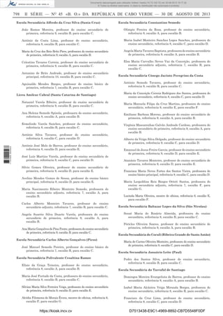 Documento descarregado pelo utilizador Adilson Varela (10.73.102.72) em 30-08-2013 16:17:32.
© Todos os direitos reservados. A cópia ou distribuição não autorizada é proibida.

798

II SÉRIE — NO 45 «B. O.» DA REPÚBLICA DE CABO VERDE — 30 DE AGOSTO DE 2013

Escola Secundária Alfredo da Cruz Silva (Santa Cruz)

Escola Secundária Constantino Semedo

João Ramos Moreira, professor do ensino secundário de
primeira, referência 9, escalão B, para escalão C.

Olímpio Pereira da Rosa, professor do ensino secundário,
referência 8, escalão A, para escalão B.

António da Costa Lima, professor do ensino secundário,
referência 8, escalão B, para escalão C.

Maria Isabel Monteiro Sanches Lopes Sanches, professora do
ensino secundário, referência 8, escalão C, para escalão D.

Maria da Cruz dos Reis Brito Pires, professora do ensino secundário
de primeira, referência 9, escalão A, para escalão B.

Angela Maria Tavares Baptista, professora do ensino secundário
de primeira, referência 9, escalão A, para escalão B.

Celestino Tavares Correia, professor do ensino secundário de
primeira, referência 9, escalão B, para escalão C.

Elsa Maria Carvalho Neves Vaz da Conceição, professora do
ensino secundário adjunto, referência 7, escalão B, para
escalão C.

Antonino de Brito Andrade, professor do ensino secundário
principal, referência 10, escalão B, para escalão C.
Aguinaldo Mendes Borges, professor do ensino básico de
primeira, referência 7, escalão B, para escalão C.
Liceu Amílcar Cabral (Santa Catarina de Santiago)
Nataniel Varela Ribeiro, professor do ensino secundário de
primeira, referência 9, escalão B, para escalão C.

Escola Secundária Cónego Jacinto Peregrino da Costa
António Semedo Tavares, professor do ensino secundário,
referência 8, escalão B, para escalão C.
Maria da Conceição Correia Rodrigues dos Santos, professora do
ensino secundário, referência 8, escalão C, para escalão D.
Maria Manuela Filipa da Cruz Martins, professora do ensino
secundário, referência 8, escalão E, para escalão F.

Ana Helena Semedo Spínola, professora do ensino secundário,
referência 8, escalão A, para escalão B.

Emiliano Barbosa Moreno, professor do ensino secundário de
primeira, referência 9, escalão A, para escalão B.

Ermelindo Varela Sanches, professor do ensino secundário,
referência 8, escalão B, para escalão C.

Virgínia Mascarenhas Galvão Andrade Cardoso, professora do
ensino secundário de primeira, referência 9, escalão A, para
escalão B.

1 737000 005433

António Silva Tavares, professor do ensino secundário,
referência 8, escalão C, para escalão D.
António José Melo de Barros, professor do ensino secundário,
referência 8, escalão D, para escalão E.
José Luís Martins Varela, professor do ensino secundário de
primeira, referência 9, escalão C, para escalão D.
Sílvio Gomes Oliveira, professor do ensino secundário de
primeira, referência 9, escalão D, para escalão E.
Avelino Mendes Gomes de Sousa, professor do ensino básico
principal, referência 8, escalão D, para escalão E.
Maria Nascimento Ribeiro Monteiro Semedo, professora do
ensino secundário adjunto, referência 7, escalão A, para
escalão B.
Carlos Alberto Monteiro Tavares, professor do ensino
secundário adjunto, referência 7, escalão B, para escalão C.
Angela Suzette Silva Duarte Varela, professora do ensino
secundário de primeira, referência 9, escalão A, para
escalão B.
Ana Maria Gonçalves de Pina Freire, professora do ensino secundário
de primeira, referência 9, escalão B, para escalão C.
Escola Secundária Carlos Alberto Gonçalves (Picos)
José Manuel Semedo Pereira, professor do ensino básico de
primeira, referência 7, escalão B, para escalão C.
Escola Secundária Polivalente Cesaltina Ramos
Elísio da Graça Teixeira, professor do ensino secundário,
referência 8, escalão A, para escalão B.

Alberto da Veiga Silva Delgado, professor do ensino secundário
de primeira, referência 9, escalão C, para escalão D.
Emanuel de Jesus Freire Garcia, professor do ensino secundário
de primeira, referência 9, escalão D, para escalão E.
Atanásio Tavares Monteiro, professor do ensino secundário de
primeira, referência 9, escalão D, para escalão E.
Francisca Maria Neves Fortes dos Santos Vieira, professora do
ensino básico principal, referência 8, escalão C, para escalão D.
Maria Leopoldina Reis Borges Ortett Santos, professora do
ensino secundário adjunto, referência 7, escalão F, para
escalão G.
Lucinda Maria Oliveira, mestre de oﬁcina, referência 6, escalão E,
para escalão F.
Escola Secundária Baltazar Lopes da Silva (São Nicolau)
Souzé Maria do Rosário Almeida, professora do ensino
secundário, referência 8, escalão B, para escalão C.
Péricles Oliveira Soares, professor do ensino secundário de
primeira, referência 9, escalão A, para escalão B.
Escola Secundária do Coculi (Ribeira Grande de Santo Antão)
Maria do Carmo Oliveira Monteiro, professora do ensino secundário
de primeira, referência 9, escalão C, para escalão D.
Escola Secundária Januário Leite (Paul)
Pedro dos Santos Silva, professor do ensino secundário,
referência 8, escalão B, para escalão C.
Escola Secundária do Tarrafal de Santiago

Maria José Furtado da Costa, professora do ensino secundário,
referência 8, escalão B, para escalão C.

Domingos Moreira Evangelista de Barros, professor do ensino
secundário, referência 8, escalão A, para escalão B.

Silvina Maria Silva Ferreira Veiga, professora do ensino secundário
de primeira, referência 9, escalão D, para escalão E.

Isabel Maria Alcântra Veiga Miranda Borges, professora do
ensino secundário, referência 8, escalão B, para escalão C.

Alcídia Filomena de Morais Évora, mestre de oﬁcina, referência 6,
escalão F, para escalão G.

Francisco da Cruz Lima, professor do ensino secundário,
referência 8, escalão C, para escalão D.

https://kiosk.incv.cv

D7513438-E9C1-4969-8892-CB7D5548F0DF

 