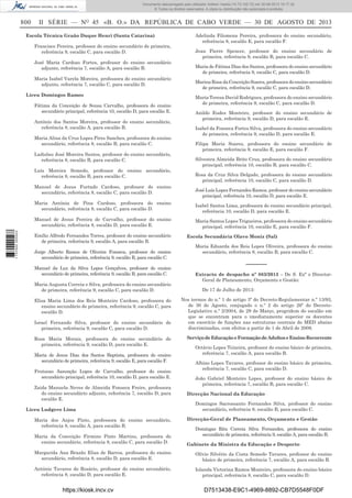 Documento descarregado pelo utilizador Adilson Varela (10.73.102.72) em 30-08-2013 16:17:32.
© Todos os direitos reservados. A cópia ou distribuição não autorizada é proibida.

800

II SÉRIE — NO 45 «B. O.» DA REPÚBLICA DE CABO VERDE — 30 DE AGOSTO DE 2013

Escola Técnica Graão Duque Henri (Santa Catarina)
Francisco Pereira, professor do ensino secundário de primeira,
referência 9, escalão C, para escalão D.
José Maria Cardoso Fortes, professor do ensino secundário
adjunto, referência 7, escalão A, para escalão B.
Maria Isabel Varela Moreira, professora do ensino secundário
adjunto, referência 7, escalão C, para escalão D.
Liceu Domingos Ramos
Fátima da Conceição de Sousa Carvalho, professora do ensino
secundário principal, referência 10, escalão D, para escalão E.
António dos Santos Moreira, professor do ensino secundário,
referência 8, escalão A, para escalão B.
Maria Alina da Cruz Lopes Pires Sanches, professora do ensino
secundário, referência 8, escalão B, para escalão C.
Ladislau José Moreira Santos, professor do ensino secundário,
referência 8, escalão B, para escalão C.
Luís Moreira Semedo, professor do ensino secundário,
referência 8, escalão B, para escalão C.
Manuel de Jesus Furtado Cardoso, professor do ensino
secundário, referência 8, escalão C, para escalão D.
Maria Antónia de Pina Cardoso, professora do ensino
secundário, referência 8, escalão C, para escalão D.

1 737000 005433

Manuel de Jesus Pereira de Carvalho, professor do ensino
secundário, referência 8, escalão D, para escalão E.
Emílio Alfredo Fernandes Torres, professor do ensino secundário
de primeira, referência 9, escalão A, para escalão B.
Jorge Alberto Ramos de Oliveira Fonseca, professor do ensino
secundário de primeira, referência 9, escalão B, para escalão C.
Manuel da Luz da Silva Lopes Gonçalves, professor do ensino
secundário de primeira, referência 9, escalão B, para escalão C.
Maria Augusta Correia e Silva, professora do ensino secundário
de primeira, referência 9, escalão C, para escalão D.
Elisa Maria Lima dos Reis Monteiro Cardoso, professora do
ensino secundário de primeira, referência 9, escalão C, para
escalão D.
Israel Fernando Silva, professor do ensino secundário de
primeira, referência 9, escalão C, para escalão D.
Rosa Maria Morais, professora do ensino secundário de
primeira, referência 9, escalão D, para escalão E.
Maria de Jesus Dias dos Santos Baptista, professora do ensino
secundário de primeira, referência 9, escalão E, para escalão F.
Frutuoso Assunção Lopes de Carvalho, professor do ensino
secundário principal, referência 10, escalão D, para escalão E.
Zaida Manuela Neves de Almeida Fonseca Freire, professora
do ensino secundário adjunto, referência 7, escalão D, para
escalão E.
Liceu Ludgero Lima
Maria dos Anjos Pinto, professora do ensino secundário,
referência 8, escalão A, para escalão B.
Maria da Conceição Firmino Pinto Martins, professora do
ensino secundário, referência 8, escalão C, para escalão D.

Adelinda Filomena Pereira, professora do ensino secundário,
referência 8, escalão E, para escalão F.
Jean Pierre Spencer, professor do ensino secundário de
primeira, referência 9, escalão B, para escalão C.
Maria de Fátima Dias dos Santos, professora do ensino secundário
de primeira, referência 9, escalão C, para escalão D.
Marina Rosa da Conceição Soares, professora do ensino secundário
de primeira, referência 9, escalão C, para escalão D.
Maria Teresa David Rodrigues, professora do ensino secundário
de primeira, referência 9, escalão C, para escalão D.
Anildo Eudes Monteiro, professor do ensino secundário de
primeira, referência 9, escalão D, para escalão E.
Isabel da Fonseca Fortes Silva, professora do ensino secundário
de primeira, referência 9, escalão D, para escalão E.
Filipa Maria Soares, professora do ensino secundário de
primeira, referência 9, escalão E, para escalão F.
Silvestra Almeida Brito Cruz, professora do ensino secundário
principal, referência 10, escalão B, para escalão C.
Rosa da Cruz Silva Delgado, professora do ensino secundário
principal, referência 10, escalão C, para escalão D.
José Luís Lopes Fernandes Ramos, professor do ensino secundário
principal, referência 10, escalão D, para escalão E.
Isabel Santos Lima, professora do ensino secundário principal,
referência 10, escalão D, para escalão E.
Maria Santos Lopes Trigueiros, professora do ensino secundário
principal, referência 10, escalão E, para escalão F.
Escola Secundária Olavo Moniz (Sal)
Maria Eduarda dos Reis Lopes Oliveira, professora do ensino
secundário, referência 8, escalão B, para escalão C.

––––––
Extracto de despacho nº 883/2013 – De S. Exª o DirectorGeral de Planeamento, Orçamento e Gestão:
De 17 de Julho de 2013:
Nos termos do n.º 1 do artigo 3º do Decreto-Regulamentar n.º 13/93,
de 30 de Agosto, conjugado o n.º 2 do artigo 26º do DecretoLegislativo n.º 2/2004, de 29 de Março, progridem do escalão em
que se encontram para o imediatamente superior os docentes
em exercício de funções nas estruturas centrais do MED abaixo
discriminadas, com efeitos a partir de 1 de Abril de 2008.
Serviço de Educação e Formação de Adultos e Ensino Recorrente
Octávio Lopes Teixeira, professor do ensino básico de primeira,
referência 7, escalão A, para escalão B.
Albino Lopes Tavares, professor do ensino básico de primeira,
referência 7, escalão C, para escalão D.
João Gabriel Monteiro Lopes, professor do ensino básico de
primeira, referência 7, escalão B, para escalão C.
Direcção Nacional da Educação
Domingos Sacrossanto Fernandes Silva, professor do ensino
secundário, referência 8, escalão B, para escalão C.
Direcção-Geral de Planeamento, Orçamento e Gestão
Domingas Rita Correia Silva Fernandes, professora do ensino
secundário de primeira, referência 9, escalão A, para escalão B.
Gabinete da Ministra da Educação e Desporto

Margarida Ana Brazão Elias de Barros, professora do ensino
secundário, referência 8, escalão D, para escalão E.

Olívio Silvério da Costa Semedo Tavares, professor do ensino
básico de primeira, referência 7, escalão A, para escalão B.

António Tavares do Rosário, professor do ensino secundário,
referência 8, escalão D, para escalão E.

Iolanda Victorina Ramos Monteiro, professora do ensino básico
principal, referência 8, escalão C, para escalão D.

https://kiosk.incv.cv

D7513438-E9C1-4969-8892-CB7D5548F0DF

 