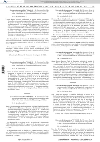 Documento descarregado pelo utilizador Adilson Varela (10.73.102.72) em 30-08-2013 16:17:32.
© Todos os direitos reservados. A cópia ou distribuição não autorizada é proibida.

II SÉRIE — NO 45 «B. O.» DA REPÚBLICA DE CABO VERDE — 30 DE AGOSTO DE 2013
Extracto de despacho nº 865/2013 – Da Directora-Geral da
Administração Pública, por subdelegação de competência de
S. Exª o Secretário de Estado da Administração Pública:
De 18 de Julho de 2013:
Cecília Joana Andrade, professora do ensino básico, referência
7, escalão A, do quadro de pessoal do Ministério de Educação e
Desportos - desligada de serviço para efeitos de aposentação, nos
termos do artigo 5º, nº 3, do Estatuto de Aposentação e da Pensão de
Sobrevivência, aprovado pela Lei nº 61/III/89, de 30 de Dezembro,
conjugado com o artigo 81º do Decreto-Legislativo nº 2/2004, de 29
de Março, com direito à pensão anual de 843.588$00 (oitocentos e
quarenta e três mil quinhentos e oitenta e oito escudos), sujeita à
rectiﬁcação, calculada de conformidade com o artigo 37º do mesmo
diploma, correspondente a 32 anos de serviço prestado ao Estado,
incluindo os aumentos legais.
Por despacho de 15 de Fevereiro de 2013 do Director da Contabilidade Pública, foi deferido o pedido de pagamento de quotas em atraso
para compensação de aposentação, referente ao período de 18 anos, 9
meses e 29 dias.
O montante em dívida no valor de 69.779$00 (sessenta e nove mil,
setecentos e setenta e nove escudos), poderá ser amortizado em 48
prestações mensais e consecutivas, sendo a primeira de 1.441$00 e as
restantes de 1.454$00.
(Visados pelo Tribunal de Contas em 13 de Agosto de 2013).

1 737000 005433

––––––
Extracto de despacho nº 866/2013 – Da Directora-Geral da
Administração Pública, por subdelegação de competência de
S. Exª o Secretário de Estado da Administração Pública:
De 18 de Julho de 2013:
Lucelina do Rosário Oliveira, professora do ensino básico principal,
referência 8, escalão D, do quadro de pessoal do Ministério
de Educação e Desportos - desligada de serviço para efeitos
de aposentação, nos termos do artigo 5º, nº 3, do Estatuto de
Aposentação e da Pensão de Sobrevivência, aprovado pela Lei
nº 61/III/89, de 30 de Dezembro, conjugado com o artigo 81º do
Decreto-Legislativo nº 2/2004, de 29 de Março, com direito à pensão
anual de 1.439.652$00 (um milhão quatrocentos e trinta e nove
mil seiscentos e cinquenta e dois escudos), sujeita à rectiﬁcação,
calculada de conformidade com o artigo 37º do mesmo diploma,
correspondente a 32 anos de serviço prestado ao Estado, incluindo
os aumentos legais.

––––––
Extracto de despacho nº 867/2013 – Da Directora-Geral da
Administração Pública, por subdelegação de competência de
S. Exª o Secretário de Estado da Administração Pública:
De 21 de Julho de 2013:
Maria Tereza Sequeira, apoio operacional, nível I do quadro de pessoal
do Ministério de Educação e Desportos - desligada de serviço para
efeitos de aposentação, nos termos do artigo 5º, nº 1, do Estatuto
de Aposentação e da Pensão de Sobrevivência, aprovado pela Lei
nº 61/III/89, de 30 de Dezembro, com direito à pensão anual de
180.000$00 (cento e oitenta mil escudos), sujeita à rectiﬁcação,
calculada de conformidade com o artigo 37º do mesmo diploma,
correspondente a 34 anos de serviço prestado ao Estado, incluindo
os aumentos legais.
Por despacho de 19 de Junho de 2012 do Director da Contabilidade
Pública, foi deferido o pedido de pagamento de quotas em atraso para
compensação de aposentação, referente ao período de 27 anos, 1 mês
e 17 dias.
O montante em dívida no valor de 237.314$00 (duzentos e trinta e
sete mil trezentos e catorze escudos), poderá ser amortizado em 220
prestações mensais e consecutivas, sendo a primeira de 1.013$00 e as
restantes de 1.079$00.

https://kiosk.incv.cv

789

Extracto de despacho nº 868/2013 – Da Directora-Geral da
Administração Pública, por subdelegação de competência de
S. Exª o Secretário de Estado da Administração Pública:
De 22 de Julho de 2013:
Filomena Maria Silva Coutinho, apoio operacional, nível IV do quadro
de pessoal do Ministério de Educação e Desportos - desligada de
serviço para efeitos de aposentação, nos termos do artigo 5º, nº 1, do
Estatuto de Aposentação e da Pensão de Sobrevivência, aprovado
pela Lei nº 61/III/89, de 30 de Dezembro, com direito à pensão
anual de 407.784$00 (quatrocentos e sete mil setecentos e oitenta
e quatro escudos), sujeita à rectiﬁcação, calculada de conformidade
com o artigo 37º do mesmo diploma, correspondente a 34 anos de
serviço prestado ao Estado, incluindo os aumentos legais.
Por despacho de 21 de Março de 2011 do Director da Contabilidade
Pública, foi deferido o pedido de pagamento de quotas em atraso para
compensação de aposentação, referente ao período de 1 anos, 11 meses
e 17 dias.
O montante em dívida no valor de 33.908$00 (trinta e três mil novecentos e oito escudos), poderá ser amortizado em 36 prestações mensais
e consecutivas, sendo a primeira de 938$00 e as restantes de 942$00.

––––––
Extracto de despacho nº 869/2013 – Da Directora-Geral da
Administração Pública, por subdelegação de competência de
S. Exª o Secretário de Estado da Administração Pública:
De 22 de Julho de 2013:
Afonso Pereira Barreto, Chefe de Esquadra, referência 8, escalão A,
da Polícia Nacional do quadro de pessoal do Ministério de
Administração Interna, em situação de pré-aposentação - transita
para a situação de aposentado, nos termos do artigo 5º, nº 3, do
Estatuto de Aposentação e da Pensão de Sobrevivência, aprovado
pela Lei nº 61/III/89, de 30 de Dezembro, conjugado com a alínea c)
do artigo 70º do Decreto-Legislativo nº 8/2010, de 28 de Setembro,
com direito à pensão anual de 1.233.564$00 (um milhão duzentos e
trinta e três mil quinhentos e sessenta e quatro escudos), sujeita à
rectiﬁcação, calculada de conformidade com o artigo 37º do Estatuto
de Aposentação e da Pensão de Sobrevivência, correspondente a 34
anos de serviço prestado ao Estado, incluindo os aumentos legais.

––––––
Extracto de despacho nº 870/2013 – Da Directora-Geral da
Administração Pública, por subdelegação de competência de
S. Exª o Secretário de Estado da Administração Pública:
De 22 de Julho de 2013:
José Carlos Pina Fidalgo, 2º subchefe, referência 4, escalão A, da
Polícia Nacional, desligado de serviço, para efeitos de aposentação,
nos termos do artigo 5º, nº 3, do Estatuto de Aposentação e da
Pensão de Sobrevivência, aprovado pela Lei nº 61/III/89, de
30 de Dezembro, conjugado com a alínea c) do artigo 70º do
Decreto-Legislativo nº 8/2010, de 28 de Setembro, com direito
à pensão provisória anual de 726.300$00 (setecentos e vinte e
seis mil e trezentos escudos), sujeita à rectiﬁcação, calculada de
conformidade com o artigo 37º do Estatuto de Aposentação e da
Pensão de Sobrevivência, correspondente a 34 anos de serviço
prestado ao Estado, incluindo os aumentos legais.
(Visados pelo Tribunal de Contas em 14 de Agosto de 2013).

––––––
Extracto de despacho nº 871/2013 – Da Directora-Geral da
Administração Pública, por subdelegação de competência de
S. Exª o Secretário de Estado da Administração Pública:
De 23 de Julho de 2013:
Rosa dos Reis Spencer Cardoso, professora primária, referência 3,
escalão A, do quadro de pessoal do Ministério de Educação e
Desportos - desligada de serviço para efeitos de aposentação,
nos termos do artigo 5º, nº 3, do Estatuto de Aposentação e da
Pensão de Sobrevivência, aprovado pela Lei nº 61/III/89, de 30 de

D7513438-E9C1-4969-8892-CB7D5548F0DF

 